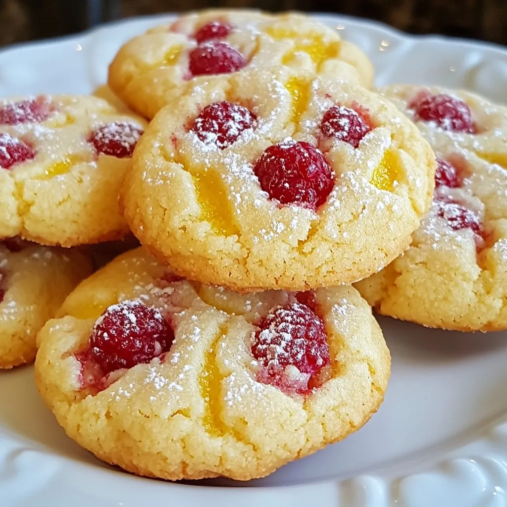For the Lemon Raspberry Cookies, you will need: - 1 cup unsalted butter, softened at room temperature - 1 cup granulated sugar - 1 large egg - 1 teaspoon pure vanilla extract - Zest of 1 large lemon (about 1 tablespoon) - 2 tablespoons freshly squeezed lemon juice - 2 cups all-purpose flour - 1 teaspoon baking powder - ½ teaspoon baking soda - ¼ teaspoon fine salt - 1 cup fresh raspberries (or use frozen raspberries, thawed and thoroughly drained) - ½ cup powdered sugar (for dusting) You can swap unsalted butter for coconut oil. This will give a unique flavor. For a dairy-free option, use a plant-based butter. If you need a sugar substitute, consider using coconut sugar. You can also use egg replacers like flaxseed meal mixed with water. If you don't have fresh lemons, bottled lemon juice works. However, fresh juice gives the best taste. For a lovely finish, dust your cookies with powdered sugar. You can also add fresh raspberries on top. A sprig of mint adds a nice touch too. These garnishes make your cookies look extra special. They can impress your guests and brighten up your dessert table. Enjoy these delightful cookies with a cup of tea or coffee! {{ingredient_image_2}} Start by gathering all your ingredients. This makes the process smooth and simple. You need butter, sugar, an egg, vanilla, lemon zest, lemon juice, flour, baking powder, baking soda, salt, raspberries, and powdered sugar. Preheat your oven to 350°F (175°C). Line two baking sheets with parchment paper to prevent sticking. 1. Cream Butter and Sugar: In a large bowl, use an electric mixer to beat the softened butter and sugar. Mix until light and fluffy, around 3-4 minutes. 2. Incorporate Wet Ingredients: Add the egg, vanilla, lemon zest, and lemon juice to the bowl. Mix on low speed until everything is smooth. 3. Mix Dry Ingredients: In a separate bowl, whisk together the flour, baking powder, baking soda, and salt. 4. Combine Mixtures: Gradually add the dry mix to the wet mix. Stir gently until just combined. Be careful not to overmix. 5. Fold in Raspberries: Gently fold in the fresh raspberries. Use a spatula to keep their shape and color. 6. Scoop Dough: Use a spoon or cookie scoop to drop dough onto the prepared sheets. Leave about 2 inches of space between each cookie. 7. Bake: Place the sheets in the oven. Bake for 12 to 15 minutes. Look for lightly golden edges and set centers. After baking, remove the cookies from the oven. Let them cool on the baking sheets for about 5 minutes. Then transfer the cookies to a wire rack to cool completely. Once cool, lightly dust them with powdered sugar for a sweet finish. Enjoy your lemon raspberry cookies! To get cookies that are soft and chewy, use room-temperature butter. This helps blend nicely with sugar. Mix until the mix is light and fluffy. Avoid overmixing when you add flour. This keeps your cookies tender. Raspberries are delicate. To prevent crushing, rinse them gently in cold water. Pat them dry with a paper towel. When you fold them into the dough, do it slowly. This keeps their shape and color bright. To keep your cookies fresh, store them in an airtight container. Place a piece of parchment paper between layers to avoid sticking. They stay good for about a week. If you want to keep them longer, freeze them. Just wrap each cookie in plastic wrap before freezing. Pro Tips Chill the Dough: If the dough becomes too soft while mixing, chill it in the refrigerator for about 30 minutes. This will help the cookies hold their shape while baking. Use Room Temperature Ingredients: Make sure your butter and egg are at room temperature. This helps create a smoother batter and better texture in your cookies. Fresh Ingredients Matter: Use fresh raspberries for the best flavor and texture. If using frozen, ensure they are completely thawed and drained before folding them into the dough. Don’t Overbake: Keep a close eye on the cookies as they bake. They should be lightly golden on the edges; overbaking can lead to dry cookies. {{image_4}} To make gluten-free lemon raspberry cookies, swap all-purpose flour for a gluten-free blend. Look for a blend that includes xanthan gum. This will help the cookies stay soft and chewy. Mix the gluten-free flour with the other dry ingredients as you would in the original recipe. The taste will still be delightful, and your cookies will be safe for those with gluten issues. If you love blueberries, try making lemon blueberry cookies. Simply replace the raspberries with fresh or frozen blueberries. The tartness of the lemon pairs well with the sweet blueberries. You will still follow the same steps in the recipe. Your cookies will have a beautiful color and a taste that brightens any day. You can also add nuts or other flavorings to your cookies. Chopped almonds or walnuts bring a nice crunch. You can mix in a half cup of your chosen nuts during the step where you fold in the raspberries. For a unique twist, try adding white chocolate chips or a hint of almond extract. This adds depth and makes your cookies special. To keep your lemon raspberry cookies fresh, store them in an airtight container. This helps prevent them from drying out. Place a piece of parchment paper between layers to avoid sticking. Keep the container at room temperature for up to one week. If you notice any signs of moisture, eat them right away. You can freeze these cookies for later enjoyment. Start by letting them cool completely. Then, arrange them in a single layer on a baking sheet. Freeze for about one hour. Once frozen, transfer the cookies to a zip-top freezer bag. They will stay fresh for up to three months. Label the bag with the date so you can keep track. When you’re ready to eat your frozen cookies, preheat your oven to 350°F (175°C). Place the cookies on a baking sheet. Heat them for about 5 to 7 minutes. This warms them up and brings back their soft texture. If you want, dust them with powdered sugar again for a fresh touch. To make these cookies vegan, replace the egg with a flaxseed egg. Mix one tablespoon of ground flaxseed with two and a half tablespoons of water. Let it sit for five minutes until it thickens. Use vegan butter instead of regular butter. This change keeps the cookies soft and tasty. If you can't find fresh raspberries, frozen raspberries work great. Just thaw and drain them well. You can also use blueberries or chopped strawberries for a fun twist. These fruits add color and flavor to your cookies. Yes, you can make the dough ahead of time! After mixing it, wrap it tightly in plastic wrap. Place it in the fridge for up to 3 days. When you are ready to bake, scoop the dough onto your baking sheets and bake as usual. This makes it easy to enjoy fresh cookies anytime! We explored the ingredients for delicious cookies, from substitutions to optional garnishes. Next, we covered step-by-step baking instructions to ensure success. I shared tips for perfect texture, handling raspberries, and storing leftovers. We also discussed tasty variations and storage methods. Baking cookies is fun and rewarding. Try new flavors, share with friends, and savor each bite. Enjoy your baking journey!