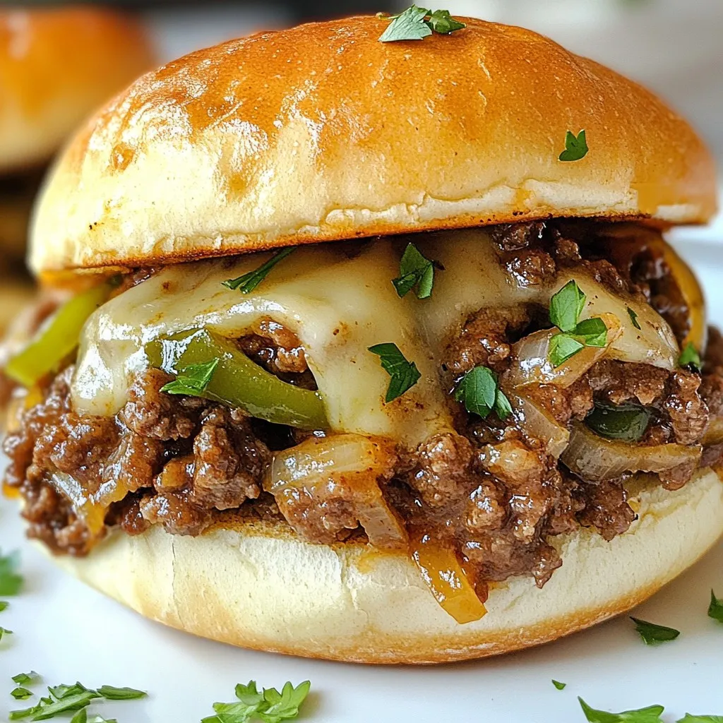 - 1 pound ground beef - 1 medium onion, diced - 1 green bell pepper, diced - 1 cup provolone cheese, shredded - 2 cloves garlic, minced - 1 tablespoon Worcestershire sauce - 1 teaspoon smoked paprika - 1 cup beef broth - 1 tablespoon olive oil - Salt and freshly ground black pepper, to taste - Fresh parsley, chopped - Optional extra cheese Gathering these ingredients makes cooking easy and fun. Ground beef is the star here, offering rich flavor. The diced onion and green bell pepper bring sweetness and crunch. Provolone cheese melts beautifully, adding creaminess. For seasoning, garlic adds depth, while Worcestershire sauce gives a savory kick. Smoked paprika brings warmth, and beef broth keeps it juicy. Olive oil helps cook the veggies and ground beef. Don’t forget salt and pepper to taste. As for toppings, fresh parsley adds color and a fresh taste. For cheese lovers, sprinkle more cheese on top for extra gooeyness. This dish is all about layers of flavor and texture. Enjoy every bite! {{ingredient_image_2}} 1. Heat 1 tablespoon of olive oil in a large skillet over medium heat. 2. Once hot, add 1 diced onion and 1 diced green bell pepper. Sauté for about 5 minutes. The veggies should soften and smell great. 3. Add 2 minced garlic cloves to the skillet. Cook for another minute, stirring often. You want the garlic to be fragrant and lightly golden. 4. Now, add 1 pound of ground beef. Use a spatula to break it up as it cooks. Cook until the beef is brown and fully cooked, about 5 to 7 minutes. If there's excess grease, drain it off. 1. Stir in 1 tablespoon of Worcestershire sauce, 1 teaspoon of smoked paprika, some salt, and black pepper. 2. Pour in 1 cup of beef broth. Increase the heat slightly to bring the mixture to a gentle simmer. 3. Reduce the heat to low and let it simmer for about 5 to 10 minutes. Stir occasionally. This helps the flavors blend and the mixture thicken a bit. 1. Once thickened, sprinkle 1 cup of shredded provolone cheese on top. Cover the skillet with a lid. 2. Let it cook for another 2 to 3 minutes until the cheese melts and becomes gooey. 3. While the cheese melts, toast 4 hamburger buns in another skillet or toaster until golden brown and slightly crispy. 4. To serve, spoon a generous amount of the cheesy beef mixture onto each toasted bun. Optionally, sprinkle fresh chopped parsley on top for color and flavor. To boost the flavor of your Philly Cheesesteak Sloppy Joes, adjust the seasonings. Try adding a pinch of cayenne or crushed red pepper for heat. You can also mix in some Italian seasoning for a herbaceous twist. This brings a new layer of taste to your dish. When browning the beef, make sure your skillet is hot. This helps the meat sear well and prevents it from steaming. Break apart the beef as it cooks to ensure even browning. If you see extra grease, carefully drain it off. This keeps your Sloppy Joes from being too oily. For a great look, serve your Sloppy Joes on a big platter. Spoon the cheesy beef mixture onto each bun, then sprinkle fresh parsley on top. This adds a pop of color. Consider pairing them with crispy fries or a fresh salad for a complete meal. Pro Tips Use Fresh Ingredients: Opt for fresh vegetables and high-quality ground beef to enhance the flavors of your Sloppy Joes. Customize Your Cheese: Feel free to experiment with different cheeses like cheddar or mozzarella for a unique twist on the classic flavor. Adjust the Spice: Add a pinch of cayenne pepper or red pepper flakes if you prefer a bit of heat in your Sloppy Joes. Perfect Your Toast: Toast the buns just before serving to keep them warm and crispy, adding to the overall texture of the dish. {{image_4}} You can switch up the cheese! Try using mozzarella or cheddar. Both will melt nicely and add great flavor. If you want a creamier texture, consider using a cheese sauce. For veggies, add mushrooms or spinach. They will boost nutrition and flavor. Simply sauté them with the onions and bell peppers. Want to make it gluten-free? Use gluten-free buns made from rice or corn. They taste great and hold up well. For a vegetarian version, swap the ground beef for lentils or diced mushrooms. You can also use a meat substitute like tempeh or tofu. Season them well to keep the taste rich and satisfying. Different areas have fun takes on Sloppy Joes. In some places, they add barbecue sauce for a sweet twist. Others mix in hot sauce for a kick. You can also add local spices to make it unique. Think about using Cajun seasoning or even taco spices for a new flavor profile. Each twist brings something special to the table! To keep your Philly Cheesesteak Sloppy Joes fresh, store leftovers in the fridge. Use airtight containers for best results. I suggest glass or plastic containers that seal tightly. This helps avoid any funky smells and keeps the flavors intact. Before storing, let the dish cool down to room temperature. This step prevents condensation inside the container, which can make the dish soggy. If you want to save some for later, freezing is a great option. First, let the sloppy joe mixture cool completely. Then, scoop it into freezer-safe bags or containers. Remove as much air as possible before sealing. This will prevent freezer burn. When ready to enjoy, thaw the mixture overnight in the fridge. Reheat it on the stove over low heat. Stir often to ensure it warms evenly. In the fridge, Philly Cheesesteak Sloppy Joes last about 3 to 4 days. If you freeze them, they can last up to 3 months. Always check for signs of spoilage before eating. If you notice an off smell or unusual texture, it's best to toss it out. Trust your senses; they are often the best guide for food safety. How to store Philly Cheesesteak Sloppy Joes? You can store your Sloppy Joes in an airtight container. Let them cool first. They last up to three days in the fridge. When ready to eat, just reheat them on the stove or in the microwave. Can I make this recipe ahead of time? Yes, you can make this dish ahead of time. Cook the filling and store it. Keep the buns separate. When you're ready, heat the filling and toast the buns. What can I use instead of provolone cheese? If you don't have provolone, try mozzarella or cheddar. Both melt well and add great flavor. You can even use pepper jack for a spicy kick. How long does it take to cook ground beef? Cooking ground beef takes about 5 to 7 minutes. Break it apart with a spatula as it cooks. Make sure it's browned all the way through. Can I make this in a slow cooker? Yes, you can! Brown the beef and veggies first, then transfer them to the slow cooker. Cook on low for about 4 hours. Add the cheese right before serving. What are the best buns to use? Soft hamburger buns work great. You can also try hoagie rolls or brioche buns for more flavor. Make sure they are sturdy enough to hold the filling. How can I make Sloppy Joes less messy? To make them less messy, use a thicker sauce. You can also serve the filling in small bowls. This way, everyone can add what they like. What sides pair well with Philly Cheesesteak Sloppy Joes? Fries or sweet potato fries are great sides. You can also serve a fresh salad or coleslaw. These add crunch and balance the rich flavors of the Sloppy Joes. You now have all the details needed to make delicious Philly Cheesesteak Sloppy Joes. We covered the main ingredients, from ground beef to provolone cheese. You learned how to mix flavors and build your dish step by step. Tips for enhancing flavor and making dietary adaptations are also shared. Whether you prefer classic flavors or a regional twist, this recipe is sure to please. Remember to store leftovers properly for the best taste. Enjoy making this tasty meal that fits your style!