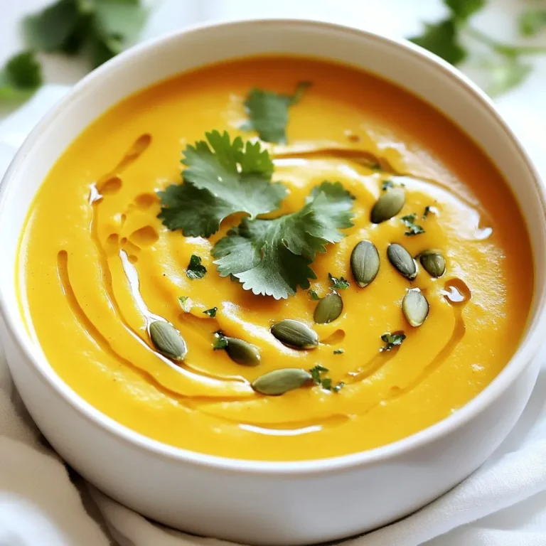 - 1 medium pumpkin (2-3 lbs), peeled, seeded, and cubed - 2 medium sweet potatoes, peeled and diced - 1 large onion, finely chopped - 2 cloves garlic, minced - 4 cups vegetable broth - 1 cup full-fat coconut milk - 1 teaspoon ground ginger - 1 teaspoon ground cumin - 1/2 teaspoon ground cinnamon - Salt and black pepper, to taste - 2 tablespoons extra virgin olive oil The main ingredients of this soup are simple yet rich in flavor. Pumpkin gives it that wonderful earthiness. Sweet potatoes add a touch of sweetness. Onions and garlic bring depth and aroma. The spices enhance the soup, making each bite a delight. - Fresh cilantro leaves - Toasted pumpkin seeds - Coconut cream Garnishes can make a big difference. Fresh cilantro adds a burst of color and flavor. Toasted pumpkin seeds give a nice crunch. Coconut cream can add extra creaminess. You can mix and match these for your perfect bowl of soup. {{ingredient_image_2}} Sautéing the Onions Heat two tablespoons of extra virgin olive oil in a large pot over medium heat. Add one finely chopped onion and sauté for about five minutes. Stir the onions often until they turn soft and clear. This step builds a rich base for your soup. Adding Garlic Next, add two minced garlic cloves to the pot. Sauté for one more minute. You want the garlic to smell fragrant but not brown. This adds a wonderful depth of flavor to our soup. Incorporating Pumpkin and Sweet Potatoes Now, add one medium pumpkin, cut into cubes, and two diced sweet potatoes. Stir well and cook for about five minutes. This helps to slightly soften the vegetables and blend the flavors. Seasoning with Spices Sprinkle in one teaspoon of ground ginger, one teaspoon of ground cumin, and half a teaspoon of ground cinnamon. Add salt and freshly cracked black pepper to taste. Stir everything together to coat the veggies with the spices. This adds warmth and depth to the soup. Simmering the Soup Pour in four cups of vegetable broth and bring the mixture to a gentle boil. Once boiling, reduce the heat to low. Let it simmer uncovered for 20 to 25 minutes. You want the pumpkin and sweet potatoes to be fork-tender. Blending for Smoothness After simmering, use an immersion blender to blend the soup directly in the pot. If you don’t have one, carefully transfer small amounts to a stand blender. Blend until smooth, then return it to the pot. This creates a creamy texture that is so satisfying. Adding Coconut Milk Finally, stir in one cup of full-fat coconut milk. Warm the soup for another five minutes. Taste and adjust the seasoning if needed. The coconut milk gives the soup a rich and creamy feel. Enjoy your delicious creation! Start with the basic spices in the recipe. You can always add more. Taste the soup before serving. If it needs a kick, add more ginger or cumin. A pinch of salt can enhance all the flavors. I like to finish with freshly cracked black pepper for warmth. For a richer texture, use full-fat coconut milk. You can also add more if you like it creamier. Blend the soup until it's completely smooth. This makes it feel luxurious in your mouth. A splash of lemon juice can brighten the flavor too. Chop the pumpkin and sweet potatoes the night before. Store them in the fridge to save time. You can also dice the onion and mince the garlic ahead of time. This way, you're ready to cook without delay. Store-bought vegetable broth can save you time. Just choose a brand with no added sugars or preservatives. It’s a great way to keep the soup quick and easy without losing flavor. Homemade broth is better but not always necessary. Pro Tips Choose the Right Pumpkin: For a sweeter soup, opt for a sugar pumpkin or pie pumpkin, which have a richer flavor compared to larger varieties. Add Depth of Flavor: Roast the pumpkin and sweet potatoes before adding them to the soup for a caramelized flavor that enhances the overall dish. Spice It Up: Feel free to adjust the spices according to your taste. Adding a pinch of cayenne pepper can give the soup a delightful kick! Storage Tips: This soup can be stored in the refrigerator for up to 5 days or frozen for up to 3 months. Just remember to leave out the coconut milk until reheating to maintain its creaminess. {{image_4}} Using Butternut Squash You can swap pumpkin for butternut squash. It gives a sweet and creamy taste. Just peel, seed, and cut it like pumpkin. Use the same amount, about 2-3 pounds. This change keeps your soup rich and vibrant. Incorporating Other Vegetables You can add more veggies for extra flavor. Carrots, parsnips, or even zucchini work well. Chop them into small pieces and add them with the pumpkin and sweet potatoes. This gives your soup a colorful twist and more nutrients. Adding Proteins For a heartier soup, think about adding proteins. Cooked lentils, chickpeas, or shredded chicken blend nicely. Stir them in after blending the soup. This adds texture and makes the meal more filling. Experimenting with Different Spices You can change the flavor profile with spices. Try adding nutmeg for warmth or cayenne for heat. A pinch of smoked paprika can also add depth. Start with a small amount, then adjust to your taste. This makes each bowl unique and exciting. After you finish your soup, let it cool down. Pour it into an airtight container. Store it in the fridge. The soup stays fresh for up to five days. When you want to eat it, just reheat it on the stove. You can freeze this soup for later. Use a freezer-safe container. Leave some space at the top for expansion. The soup will keep well for up to three months. Make sure the soup is cool before freezing. This helps keep the texture nice. You can also freeze it in smaller portions. This way, you can thaw just what you need. To thaw, move the soup to the fridge overnight. For a quick thaw, use the microwave. Reheat on the stove over low heat. Stir often to avoid sticking. Adjust the seasoning after reheating, if needed. To make this soup vegan, use coconut milk. Instead of full-fat coconut milk, choose a light version or plant-based milk. This keeps the soup creamy while keeping it vegan. Coconut milk adds a nice flavor and richness. Yes, you can adjust the spice level. To add heat, try adding red pepper flakes or cayenne pepper. Start with a small amount and add more as needed. This way, you can make it as spicy as you like. You can serve this soup with several tasty sides. Here are some great options: - Crusty bread - Grilled cheese sandwiches - Mixed green salad - Roasted vegetables These dishes pair nicely with the soup and enhance your meal. This blog post shared a simple soup recipe. You learned about key ingredients like pumpkin and sweet potatoes. I covered step-by-step cooking methods, from sautéing to blending. Helpful tips enhanced your flavor and saved time. You can try variations with other vegetables or spices. Lastly, I provided storage advice for leftovers. Make this soup your own and enjoy it with friends. It's an easy way to warm up and share good times. Happy cooking!