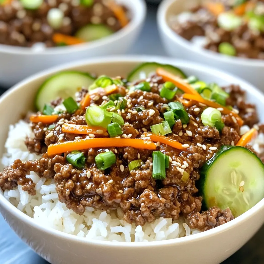 - 1 pound ground beef (85% lean) - 1 tablespoon sesame oil - 4 cloves garlic, finely minced - 1-inch piece of fresh ginger, finely grated - 3 tablespoons low-sodium soy sauce - 2 tablespoons brown sugar - 1 tablespoon rice vinegar - 1 tablespoon gochujang (Korean chili paste) - 1 cup green onions, chopped (keeping the white and green parts separate) - 2 cups cooked jasmine rice - 1 cup shredded carrots - 1 cup cucumber, thinly sliced - 1 tablespoon sesame seeds (for garnish) - Optional: Kimchi, for serving When making Korean Ground Beef Bowls, the right ingredients matter. Start with ground beef that is 85% lean. This keeps the dish juicy. I like to use sesame oil for cooking. It adds a nutty flavor. Fresh garlic and ginger give a nice aroma and depth. For the sauce, low-sodium soy sauce helps control saltiness. Brown sugar adds sweetness. Rice vinegar gives a tangy kick, while gochujang brings heat. Adjust the gochujang to your spice level. When serving, I chop green onions, keeping the white and green parts separate. Cooked jasmine rice makes a great base. Shredded carrots add color and crunch. Thinly sliced cucumbers cool down the dish. Finally, sprinkle sesame seeds for texture. If you want, add kimchi for an extra burst of flavor. These ingredients work together to create a satisfying meal you will love. {{ingredient_image_2}} - Heat sesame oil in a skillet over medium-high heat. - Sauté minced garlic and grated ginger for 1 minute. Start by warming the sesame oil in your skillet. The oil adds a rich flavor to the dish. After the oil gets hot, toss in the minced garlic and grated ginger. Keep an eye on it! You want them to turn fragrant, not burnt. - Add ground beef and brown for 5-7 minutes until fully cooked. - Prepare sauce: whisk soy sauce, brown sugar, rice vinegar, and gochujang. Next, add the ground beef to the skillet. Use a spatula to break the meat apart. Cook it for about 5 to 7 minutes. You want it nicely browned and fully cooked. While the beef cooks, grab another bowl. In this bowl, whisk together soy sauce, brown sugar, rice vinegar, and gochujang. It should turn into a smooth mixture. - Pour sauce over cooked beef, simmer for 2-3 minutes. - Add white parts of green onions and shredded carrots, cook for 2 minutes. Once the beef is ready, pour the sauce over it. Stir well to coat the meat. Let it simmer for 2 to 3 minutes. This helps the flavors mix together. Now, add the white parts of the green onions and the shredded carrots. Cook everything together for 2 more minutes. The carrots should soften just a bit. - Place jasmine rice as the base in each bowl. - Top with Korean ground beef, cucumbers, and remaining green onions. - Garnish with sesame seeds and optional kimchi. Now, it's time to build your bowls! Start with a scoop of jasmine rice at the bottom. This serves as the base. Next, spoon the Korean ground beef mixture on top of the rice. Add some thinly sliced cucumbers for crunch. Finally, sprinkle the green parts of the green onions on top. For a finishing touch, add sesame seeds. If you like, serve with kimchi on the side for extra flavor. Enjoy your delicious Korean Ground Beef Bowls! - Use an 85% lean beef for best flavor and texture. This ratio keeps the meat juicy. - Adjust gochujang to suit your spice preference. Start with a small amount if unsure. - Serve with a side of kimchi for color and flavor contrast. It adds zest to your dish. - Sprinkle additional sesame seeds on top for extra crunch. They also make the dish look nice. - Add sesame oil to the serving bowl for extra richness. It deepens the flavor of the meal. - Experiment with pickled vegetables for added depth. They provide a nice tang and crunch. Pro Tips Adjust Spice Level: Depending on your spice tolerance, you can increase or decrease the amount of gochujang used in the recipe. Start with a smaller amount and taste as you go to find your perfect balance. Use Fresh Ingredients: For the best flavor, opt for fresh garlic and ginger. This will enhance the overall taste of your Korean ground beef bowls, making them more aromatic and delicious. Customize Your Toppings: Feel free to add other toppings such as avocado, radishes, or pickled vegetables to your bowls for a personalized touch and extra texture. Meal Prep Friendly: This dish is great for meal prep! Cook a larger batch of the ground beef mixture and store it in the fridge for up to 3 days, making it easy to assemble quick meals during the week. {{image_4}} You can easily change this dish to fit your needs. For a leaner option, use ground turkey or chicken instead of beef. This will give you less fat while keeping the flavor. If you want a low-carb meal, try cauliflower rice instead of jasmine rice. It has a nice texture and soaks up the sauce well. Feel free to get creative with your ingredients! Adding extra veggies can make your bowl even better. You can mix in bell peppers or snap peas for extra crunch and color. If you want to switch up the flavors, try using different sauces like teriyaki or sweet chili. Each sauce will give your dish a unique twist. For a more authentic taste, consider using marinated beef bulgogi instead of ground beef. This will give your meal a richer flavor that is hard to beat. You can also serve your bowls with traditional Korean side dishes. A cucumber salad pairs well and adds a refreshing crunch. - Store cooked Korean ground beef in an airtight container. - Keep jasmine rice stored separately to prevent sogginess. This helps keep your rice fluffy and fresh. - Leftovers can last in the refrigerator for up to 3-4 days. - Make sure to reheat thoroughly before serving. This ensures you enjoy the full flavor and safety. - Freeze portions in airtight containers for up to 3 months. This is great for meal prep. - Thaw in the refrigerator before reheating. This method keeps the meat juicy and tasty. You can use sriracha or chili garlic sauce as alternatives. Both have a nice kick. If you like it less spicy, go easy on the amount. Yes, you can! Cook the beef and rice separately. Just mix them together right before serving. This keeps everything fresh and tasty. The spiciness depends on how much gochujang you use. Start with a little, then taste it. You can add more if you want more heat. You can swap ground beef with sautéed mushrooms or tofu. Both options work well and keep the dish filling. Enjoy the flavors without the meat! This recipe for Korean ground beef offers delicious flavors and easy steps. You start with cooking the beef and preparing a tasty sauce. Then, you assemble your bowl with rice and fresh toppings. Remember, you can adjust spice levels and try different proteins or veggies. In the end, this dish is adaptable and perfect for any meal. Enjoy making it your own while savoring every bite!