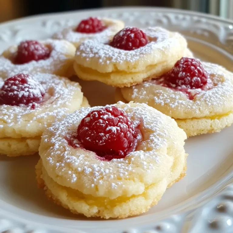 - 1 cup unsalted butter, softened to room temperature - 1 cup granulated sugar - 1 large egg - 2 tablespoons freshly grated lemon zest - 2 tablespoons fresh lemon juice - 2 cups all-purpose flour, sifted - 1 teaspoon baking powder - 1/2 teaspoon fine sea salt - 1 cup fresh raspberries (or frozen raspberries, thawed and well-drained) - 1/2 teaspoon pure vanilla extract - Powdered sugar for dusting (optional) If you run out of an ingredient, you can swap it. Use margarine instead of butter. If you want a lower sugar option, try using coconut sugar. For a vegan twist, replace the egg with a flaxseed meal or unsweetened applesauce. You can also use lemon extract if you don’t have fresh lemons. To get the best results, measure your ingredients carefully. For flour, spoon it into your measuring cup and level it off with a knife. Avoid packing it down. When measuring butter, cut it into sticks for easy measurement. Use a kitchen scale if you have one; it ensures accuracy and helps your cookies turn out just right. {{ingredient_image_2}} Start by preheating your oven to 350°F (175°C). Next, line a baking sheet with parchment paper. This stops the cookies from sticking. Gather all your ingredients on the counter for easy access. Having everything ready makes the process smooth. In a large mixing bowl, add 1 cup of softened unsalted butter and 1 cup of granulated sugar. Use an electric mixer on medium speed to mix them together. Cream these for about 3-4 minutes. You want the mixture to be light and fluffy. This step adds air, making your cookies soft and tender. In a separate bowl, whisk together 2 cups of sifted all-purpose flour, 1 teaspoon of baking powder, and 1/2 teaspoon of fine sea salt. Slowly add the dry mix to the creamy butter and sugar. Mix just until combined. Overmixing can lead to tough cookies. Then, gently fold in 1 cup of fresh raspberries and 1/2 teaspoon of pure vanilla extract. Be careful to keep the raspberries intact for juicy bursts in every bite. When baking lemon raspberry cookies, avoid overmixing your dough. Mixing too much can make the cookies tough. Focus on combining the ingredients until just mixed. Also, be careful with the raspberries. If you mash them too much, they can turn your dough pink and lose their shape. Use fresh or well-drained frozen raspberries for the best results. For soft and chewy cookies, make sure to cream your butter and sugar well. This creates air in the dough. Also, measure your flour correctly. Too much flour can lead to dry cookies. Use the spoon and level method: spoon flour into your measuring cup and level it off with a knife. Lastly, don’t skip the cooling time. Letting the cookies sit on the baking sheet helps them firm up without becoming hard. You can enhance the lemon raspberry flavor by adding a bit of zest to the dough. A teaspoon of lemon zest boosts the brightness. Try mixing in white chocolate chips for sweetness. They pair well with the tart raspberries. Another option is to sprinkle a hint of sea salt on top after baking. This makes the flavor pop even more. Pro Tips Use Fresh Ingredients: Always opt for fresh raspberries and real lemon juice for the best flavor. Fresh ingredients enhance the taste and overall quality of your cookies. Don’t Overmix: After adding the flour mixture, mix just until incorporated. Overmixing can lead to tough cookies instead of light and fluffy ones. Proper Cooling: Allow the cookies to cool on the baking sheet for a few minutes before transferring to a wire rack. This helps them set properly and prevents them from breaking. Perfect Storage: Store cookies in an airtight container at room temperature for up to a week. For longer freshness, consider freezing them in a single layer and then transferring to a freezer bag. {{image_4}} You can make gluten-free lemon raspberry cookies! Use gluten-free flour instead of all-purpose flour. Look for a blend that works well for baking. This swap keeps the cookies light and tasty. Follow the same steps in the recipe, and enjoy your gluten-free treat. For a fun twist, try making lemon raspberry cookie sandwiches. Bake the cookies as usual and let them cool. Then, spread a layer of lemon frosting or vanilla cream between two cookies. This adds a delightful creaminess to each bite. You can even add fresh raspberries inside for extra flavor. You can enhance your cookies by adding white chocolate chips or nuts. Mix in half a cup of white chocolate chips for a sweet touch. If you prefer nuts, try chopped walnuts or pecans. Just fold them into the dough before baking. This twist adds texture and flavor to your cookies. To keep your lemon raspberry cookies fresh and tasty, store them in an airtight container. This helps maintain their softness and flavor. You can place parchment paper between layers of cookies to prevent sticking. Keep the container at room temperature for the best results. Avoid storing them in the fridge, as it can dry them out. Freezing is a great way to save cookies for later. First, let the cookies cool completely. Then, place them on a baking sheet lined with parchment paper. Freeze them for about 1-2 hours until solid. Once frozen, transfer the cookies to a freezer-safe bag or container. Make sure to remove as much air as possible to prevent freezer burn. You can freeze them for up to three months. Fresh lemon raspberry cookies last about 5-7 days at room temperature if stored properly. If you freeze them, expect the quality to remain good for about three months. Once you thaw the cookies, eat them within 3 days for the best taste and texture. Always check for any signs of spoilage before enjoying your treat! Yes, you can use frozen raspberries. Make sure to thaw them first. Drain any extra juice so the dough stays firm. This helps keep the cookies from getting too soggy. The flavor will still shine through, giving your cookies that fresh taste. You can tell the cookies are done when the edges turn light golden. The centers should still feel soft but not doughy. If you gently press the top, it should spring back. This means they are ready to come out. Absolutely! You can make the dough and chill it in the fridge. Wrap it in plastic wrap for best results. You can store it for up to 2 days. When you are ready to bake, scoop and place it on the baking sheet. This way, you can enjoy fresh cookies anytime. This blog post covered all you need for great lemon raspberry cookies. You learned about key ingredients, substitutions, and measuring tips. We walked through easy step-by-step instructions for baking. I shared tips to avoid common mistakes and achieve the best texture. You also discovered tasty variations, storage tips, and answers to common questions. Now, you can confidently bake these cookies and impress everyone. Enjoy the process, and remember, practice makes perfect!