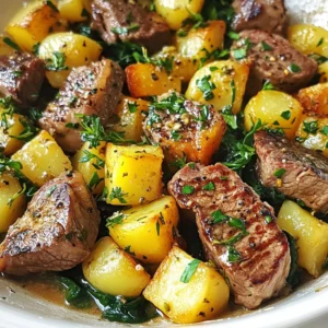- 1 lb sirloin steak, cut into 1-inch cubes - 4 medium-sized potatoes, diced into bite-sized pieces - 4 tablespoons unsalted butter - 4 cloves garlic, minced - 1 teaspoon fresh or dried rosemary, finely chopped - 1 teaspoon fresh or dried thyme, finely chopped - Salt and freshly ground black pepper, to taste - 1 cup baby spinach - Fresh parsley, chopped, for garnishing Gathering these ingredients is the first step to making a delicious garlic butter steak and potato skillet. The sirloin steak provides rich flavor and tender texture. The potatoes add heartiness and soak up the garlic butter beautifully. Unsalted butter and fresh garlic create a savory base, while herbs like rosemary and thyme add depth. You can also choose to include baby spinach for a nutritious touch and fresh parsley for a pop of color. Each ingredient plays a vital role in crafting this mouthwatering dish. {{ingredient_image_2}} Heat a large skillet over medium-high heat. You want it hot, so it sizzles when you add food. Once shimmering, add 2 tablespoons of olive oil. Swirl it to coat the skillet evenly. Carefully add the diced potatoes. Season them generously with salt and pepper. Saut&eacute; the potatoes for about 10-12 minutes. Stir occasionally until they turn golden brown and are tender. Once cooked, remove the potatoes from the skillet and set them aside. Now, let&rsquo;s prepare the steak. Cut your sirloin into 1-inch cubes. Season the steak with salt and freshly ground black pepper. In the same skillet, add the cubed steak. Sear it for around 4-5 minutes. Turn the steak occasionally until browned on all sides. Once nicely browned, transfer the steak to a plate and set it aside. Lower the heat to medium. Add 4 tablespoons of unsalted butter to the skillet. Wait until it melts and gets bubbly. Next, add 4 cloves of minced garlic, along with 1 teaspoon of chopped rosemary and thyme. Saut&eacute; this mixture for 1-2 minutes. You want it fragrant, with the garlic turning lightly golden. It&rsquo;s time to bring everything together. Add the seared steak and cooked potatoes back into the skillet. Stir them well to coat with the garlic butter and herbs. If you choose to add baby spinach, do it now. Stir gently until the spinach wilts, which should take about 1 minute. Taste the mixture and adjust the seasoning. You can add more salt and pepper if you like. Lastly, remove the skillet from heat. Sprinkle with chopped fresh parsley for a colorful finish. To cook potatoes evenly, cut them into similar sizes. This helps them cook at the same time. Start with a hot skillet to get that nice golden color. Cook them for about 10-12 minutes, stirring often. You want them crispy on the outside and tender inside. For the perfect sear on steak, let it sit at room temperature for 15 minutes before cooking. This helps it cook evenly. Use high heat and don&rsquo;t overcrowd the skillet. Cook the steak for about 4-5 minutes until brown. Flip it only once for a nice crust. To boost flavor, try adding fresh herbs like oregano or basil. You can also mix in some red pepper flakes for a spicy kick. Adjust the seasoning based on your taste. If you like it saltier, add a bit more salt. For a tangy twist, a squeeze of lemon juice can brighten the dish. Serving directly from the skillet looks rustic and inviting. Set the skillet on the table and let everyone scoop out their portions. For a more elegant touch, plate individual servings. Garnish with extra parsley for color. Pair it with warm, crusty bread to soak up that delicious garlic butter. Pro Tips Use a Meat Thermometer: For perfectly cooked steak, use a meat thermometer to check for doneness. Aim for 130&deg;F for medium-rare and adjust according to your preference. Let Steak Rest: After searing, let the steak rest for a few minutes before adding it back to the skillet. This helps retain the juices and keeps the meat tender. Customize Herbs: Feel free to experiment with different herbs like oregano, basil, or even a pinch of red pepper flakes for added heat and flavor. Add Extra Veggies: Incorporate other vegetables such as bell peppers or mushrooms for added texture and nutrition. Just saut&eacute; them before adding the potatoes. {{image_4}} You can switch out sirloin for other cuts like ribeye, flank, or tenderloin. Each cut has its own flavor and texture. Ribeye adds more fat, giving it a juicy taste. Flank steak is leaner and cooks quickly. Adjust your cooking time based on the cut. Thicker cuts need more time, while thinner pieces cook fast. Feel free to toss in other veggies! Carrots, bell peppers, or zucchini can add color and taste. For seasonal changes, try asparagus in spring or butternut squash in fall. Just chop them into bite-sized pieces and add them with the potatoes. This keeps everything evenly cooked and tasty. If you need a gluten-free meal, you&rsquo;re in luck! This recipe is naturally gluten-free. For a vegetarian dish, swap steak for hearty mushrooms or tofu. Just make sure to adjust the cooking time. Mushrooms cook fast while tofu may need a bit longer. This way, everyone can enjoy a delicious skillet meal! To keep your garlic butter steak and potato skillet fresh, store leftovers in the fridge. Use a tight-sealing container to keep moisture in. You can store it for up to three days. If you want to keep it longer, consider freezing it instead. When reheating, the skillet method is best. Heat a little oil in your skillet over medium heat. Add the leftover mixture and stir until warmed through. This keeps the flavors intact. If you're short on time, you can use the microwave. Place the food in a microwave-safe dish and cover it. Heat in short bursts, stirring in between, until hot. To freeze your dish, let it cool first. Then, place it in a freezer-safe container, leaving space for expansion. It can last up to three months in the freezer. When you're ready to eat, thaw it in the fridge overnight. For best quality, reheat it in a skillet to keep the texture nice. Cooking garlic butter steak and potato skillet is quick. The prep time is about 10 minutes. Cooking takes around 20 minutes. So, in total, you will need about 30 minutes to serve a tasty dish. Yes, you can make this recipe ahead of time. Cook the steak and potatoes fully, then cool them down. Store them in a sealed container in the fridge for up to three days. When ready to eat, reheat in a skillet over medium heat. This keeps the flavors fresh and delicious. You can serve this dish with various sides. Warm, crusty bread works great to soak up the garlic butter. A crisp salad adds a nice contrast to the richness of the steak. Consider a simple green salad or a Caesar salad for a tasty pairing. In this blog post, we explored a tasty garlic butter steak and potato skillet. You learned about key ingredients, step-by-step cooking, and helpful tips. We also covered variations and storage tips to keep your dish fresh. Cooking this meal is simple and enjoyable. Feel free to play with flavors and enjoy with friends. You're now ready to create a delicious meal that everyone will love. Happy cooking!