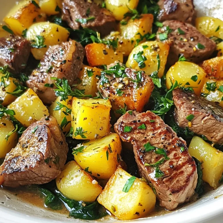- 1 lb sirloin steak, cut into 1-inch cubes - 4 medium-sized potatoes, diced into bite-sized pieces - 4 tablespoons unsalted butter - 4 cloves garlic, minced - 1 teaspoon fresh or dried rosemary, finely chopped - 1 teaspoon fresh or dried thyme, finely chopped - Salt and freshly ground black pepper, to taste - 1 cup baby spinach - Fresh parsley, chopped, for garnishing Gathering these ingredients is the first step to making a delicious garlic butter steak and potato skillet. The sirloin steak provides rich flavor and tender texture. The potatoes add heartiness and soak up the garlic butter beautifully. Unsalted butter and fresh garlic create a savory base, while herbs like rosemary and thyme add depth. You can also choose to include baby spinach for a nutritious touch and fresh parsley for a pop of color. Each ingredient plays a vital role in crafting this mouthwatering dish. {{ingredient_image_2}} Heat a large skillet over medium-high heat. You want it hot, so it sizzles when you add food. Once shimmering, add 2 tablespoons of olive oil. Swirl it to coat the skillet evenly. Carefully add the diced potatoes. Season them generously with salt and pepper. Sauté the potatoes for about 10-12 minutes. Stir occasionally until they turn golden brown and are tender. Once cooked, remove the potatoes from the skillet and set them aside. Now, let’s prepare the steak. Cut your sirloin into 1-inch cubes. Season the steak with salt and freshly ground black pepper. In the same skillet, add the cubed steak. Sear it for around 4-5 minutes. Turn the steak occasionally until browned on all sides. Once nicely browned, transfer the steak to a plate and set it aside. Lower the heat to medium. Add 4 tablespoons of unsalted butter to the skillet. Wait until it melts and gets bubbly. Next, add 4 cloves of minced garlic, along with 1 teaspoon of chopped rosemary and thyme. Sauté this mixture for 1-2 minutes. You want it fragrant, with the garlic turning lightly golden. It’s time to bring everything together. Add the seared steak and cooked potatoes back into the skillet. Stir them well to coat with the garlic butter and herbs. If you choose to add baby spinach, do it now. Stir gently until the spinach wilts, which should take about 1 minute. Taste the mixture and adjust the seasoning. You can add more salt and pepper if you like. Lastly, remove the skillet from heat. Sprinkle with chopped fresh parsley for a colorful finish. To cook potatoes evenly, cut them into similar sizes. This helps them cook at the same time. Start with a hot skillet to get that nice golden color. Cook them for about 10-12 minutes, stirring often. You want them crispy on the outside and tender inside. For the perfect sear on steak, let it sit at room temperature for 15 minutes before cooking. This helps it cook evenly. Use high heat and don’t overcrowd the skillet. Cook the steak for about 4-5 minutes until brown. Flip it only once for a nice crust. To boost flavor, try adding fresh herbs like oregano or basil. You can also mix in some red pepper flakes for a spicy kick. Adjust the seasoning based on your taste. If you like it saltier, add a bit more salt. For a tangy twist, a squeeze of lemon juice can brighten the dish. Serving directly from the skillet looks rustic and inviting. Set the skillet on the table and let everyone scoop out their portions. For a more elegant touch, plate individual servings. Garnish with extra parsley for color. Pair it with warm, crusty bread to soak up that delicious garlic butter. Pro Tips Use a Meat Thermometer: For perfectly cooked steak, use a meat thermometer to check for doneness. Aim for 130°F for medium-rare and adjust according to your preference. Let Steak Rest: After searing, let the steak rest for a few minutes before adding it back to the skillet. This helps retain the juices and keeps the meat tender. Customize Herbs: Feel free to experiment with different herbs like oregano, basil, or even a pinch of red pepper flakes for added heat and flavor. Add Extra Veggies: Incorporate other vegetables such as bell peppers or mushrooms for added texture and nutrition. Just sauté them before adding the potatoes. {{image_4}} You can switch out sirloin for other cuts like ribeye, flank, or tenderloin. Each cut has its own flavor and texture. Ribeye adds more fat, giving it a juicy taste. Flank steak is leaner and cooks quickly. Adjust your cooking time based on the cut. Thicker cuts need more time, while thinner pieces cook fast. Feel free to toss in other veggies! Carrots, bell peppers, or zucchini can add color and taste. For seasonal changes, try asparagus in spring or butternut squash in fall. Just chop them into bite-sized pieces and add them with the potatoes. This keeps everything evenly cooked and tasty. If you need a gluten-free meal, you’re in luck! This recipe is naturally gluten-free. For a vegetarian dish, swap steak for hearty mushrooms or tofu. Just make sure to adjust the cooking time. Mushrooms cook fast while tofu may need a bit longer. This way, everyone can enjoy a delicious skillet meal! To keep your garlic butter steak and potato skillet fresh, store leftovers in the fridge. Use a tight-sealing container to keep moisture in. You can store it for up to three days. If you want to keep it longer, consider freezing it instead. When reheating, the skillet method is best. Heat a little oil in your skillet over medium heat. Add the leftover mixture and stir until warmed through. This keeps the flavors intact. If you're short on time, you can use the microwave. Place the food in a microwave-safe dish and cover it. Heat in short bursts, stirring in between, until hot. To freeze your dish, let it cool first. Then, place it in a freezer-safe container, leaving space for expansion. It can last up to three months in the freezer. When you're ready to eat, thaw it in the fridge overnight. For best quality, reheat it in a skillet to keep the texture nice. Cooking garlic butter steak and potato skillet is quick. The prep time is about 10 minutes. Cooking takes around 20 minutes. So, in total, you will need about 30 minutes to serve a tasty dish. Yes, you can make this recipe ahead of time. Cook the steak and potatoes fully, then cool them down. Store them in a sealed container in the fridge for up to three days. When ready to eat, reheat in a skillet over medium heat. This keeps the flavors fresh and delicious. You can serve this dish with various sides. Warm, crusty bread works great to soak up the garlic butter. A crisp salad adds a nice contrast to the richness of the steak. Consider a simple green salad or a Caesar salad for a tasty pairing. In this blog post, we explored a tasty garlic butter steak and potato skillet. You learned about key ingredients, step-by-step cooking, and helpful tips. We also covered variations and storage tips to keep your dish fresh. Cooking this meal is simple and enjoyable. Feel free to play with flavors and enjoy with friends. You're now ready to create a delicious meal that everyone will love. Happy cooking!