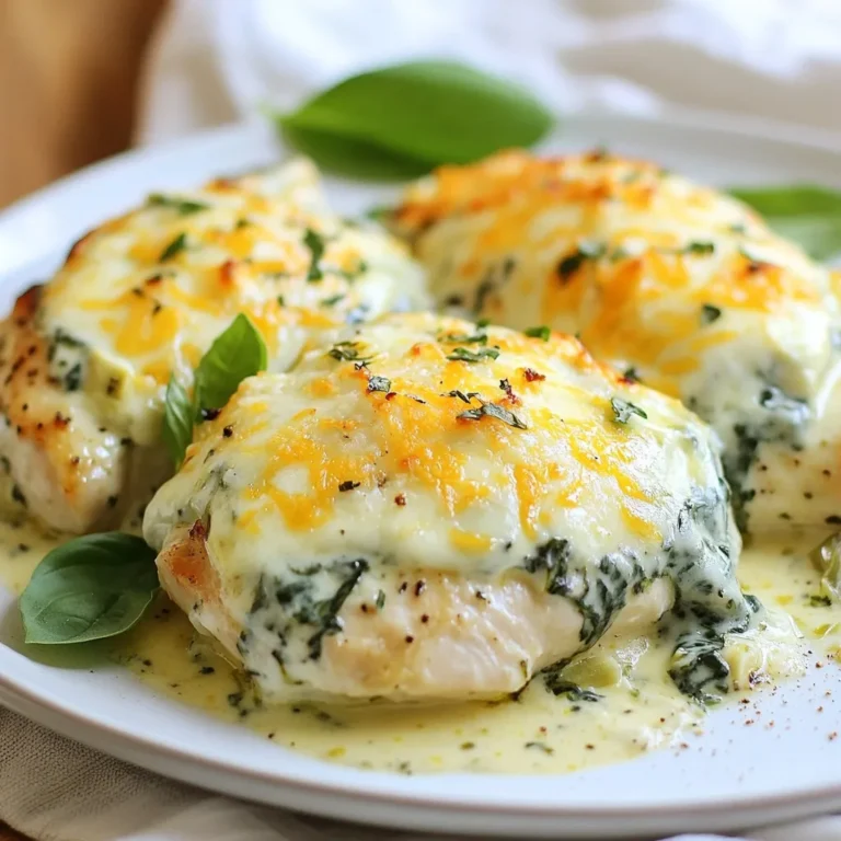 - 2 boneless, skinless chicken breasts - 1 cup fresh spinach, finely chopped - 1 cup artichoke hearts, drained and roughly chopped - 1 cup cream cheese, softened to room temperature - 1/2 cup sour cream - 1/2 cup mayonnaise In this dish, chicken serves as the main protein. I love using fresh spinach for its bright color and nutrients. Artichoke hearts add a lovely texture and unique flavor. Cream cheese, sour cream, and mayonnaise create a rich, creamy base that binds everything together. - 2 cloves garlic, minced - 1 teaspoon onion powder - 1/2 teaspoon salt (adjust to taste) - 1/4 teaspoon black pepper - 1/4 teaspoon crushed red pepper flakes (optional for a kick) Garlic brings a wonderful aroma and flavor. Onion powder adds depth to the dish. Salt and pepper help to balance the flavors. If you like some heat, the crushed red pepper flakes add a nice kick without overwhelming the dish. - 1 cup shredded mozzarella cheese - 1/2 cup grated Parmesan cheese Mozzarella cheese melts beautifully, creating a gooey texture. Parmesan cheese adds a sharp, salty taste that complements the other flavors well. Together, they form a delicious, cheesy topping that makes this dish irresistible. This combination of ingredients creates a meal that is both easy to prepare and packed with flavor. Each component plays a key role in making this spinach artichoke chicken bake a hit at your table. {{ingredient_image_2}} First, preheat your oven to 375°F (190°C). This step is key for even cooking. While the oven warms up, grab a baking dish and lightly grease it with olive oil. This helps prevent the chicken from sticking to the dish. You can use a paper towel or brush to spread the oil evenly. Now, let’s make the creamy mixture. In a large bowl, combine the softened cream cheese, sour cream, and mayonnaise. I like to use a hand mixer for a smooth blend, but a spatula works too. Mix until it’s creamy and well combined. Next, add the finely chopped spinach and artichoke hearts to the bowl. This adds great flavor and nutrition. Don’t forget to mix in the minced garlic, onion powder, salt, black pepper, and optional crushed red pepper flakes. Stir everything until it’s all combined and looks delicious. In another bowl, season the chicken breasts with salt and pepper. Make sure to coat both sides for great flavor. Take your greased baking dish and lay the seasoned chicken breasts inside. Then, spoon the creamy spinach-artichoke mixture over each breast. Spread it evenly to cover the chicken completely. Finally, sprinkle the shredded mozzarella and grated Parmesan cheese generously on top. This will create a tasty cheesy crust as it bakes. Now you’re ready to bake! Ensuring Proper Chicken Doneness Check the chicken's center for doneness. Use a meat thermometer to ensure it hits 165°F (75°C). This ensures the chicken is safe to eat and juicy. If you don’t have a thermometer, cut into the chicken. The juices should run clear, not pink. Achieving a Perfectly Golden Cheese Layer To get that beautiful, golden cheese layer, uncover the dish for the last 15 minutes of baking. This allows the cheese to bubble up and brown nicely. Keep an eye on it to avoid burning. If it browns too fast, cover it loosely with foil. Efficient Mixing Techniques When mixing your creamy ingredients, use a hand mixer for a smooth result. This saves time and helps blend everything evenly. If you don’t have one, a sturdy spatula works fine. Just mix until there are no lumps. How to Properly Layer Ingredients Layer your ingredients in this order: start with the seasoned chicken, then the creamy mixture, and finish with cheese on top. This helps all the flavors meld together. Spread the creamy mix evenly to cover the chicken completely. Presentation Enhancements For a lovely look, serve the chicken on individual plates. Add a sprinkle of freshly chopped basil or parsley on top. This adds color and freshness. A slice of lemon on the side can also brighten the dish. Ideal Side Dishes Pair this dish with a refreshing side salad. A simple green salad with a light vinaigrette works well. You could also serve it with roasted vegetables or garlic bread for a comforting meal. Pro Tips Use Fresh Ingredients: Fresh spinach and artichokes will enhance the flavor and texture of the dish compared to canned or frozen options. Spice It Up: Adjust the amount of crushed red pepper flakes according to your spice preference for an added kick! Check for Doneness: Use a meat thermometer to ensure the chicken reaches an internal temperature of 165°F (75°C) for safe consumption. Let It Rest: Allow the dish to rest for 5 minutes after baking to help the juices redistribute in the chicken for a juicier bite. {{image_4}} You can change the veggies in this dish. Try using broccoli or kale instead of spinach or artichokes. Both add great taste and color. Switching up the cheese is easy too. Feta or cheddar can replace mozzarella. Each cheese brings its own unique flavor and texture. To make this dish lighter, you can cut back on creamy ingredients. Try using Greek yogurt instead of sour cream and mayonnaise. This swap adds protein and reduces fat. Using grilled chicken is another option. Grilled chicken has great flavor and can save time. It also adds a nice char to the dish. Herbs can boost the taste of this meal. Adding fresh basil or thyme gives a nice aroma and depth. Just a little can make a big difference. If you like heat, consider spice level adjustments. Add crushed red pepper flakes or cayenne pepper. This adds a spicy kick that many will enjoy. - Storing Leftovers: Place any leftover Spinach Artichoke Chicken Bake in an airtight container. This keeps it fresh and tasty. You can store it in your fridge for up to 3 days. - Best Practices for Packaging: Use glass or plastic containers that seal well. Make sure it is cool before sealing to avoid moisture build-up. - How to Freeze Safely: To freeze, let the dish cool completely. Then, wrap it tightly in plastic wrap or foil. You can also use freezer-safe containers. This helps preserve its flavor. - Thawing and Reheating Tips: To thaw, move it to the fridge overnight. Reheat it in the oven at 350°F (175°C) until it’s hot all the way through. This usually takes about 20-30 minutes. - Duration for Best Quality: For the best taste, eat within 3 days when refrigerated. If frozen, it can last up to 3 months without losing quality. - Signs of Spoilage: Check for off smells or changes in texture. If it looks dry or has a strange color, it’s best to toss it out. Spinach Artichoke Chicken Bake is a creamy and cheesy dish. It features chicken breasts topped with a mix of spinach, artichokes, and cheese. This meal is loved for its rich flavors and easy prep. You can vary it by adding different cheeses or veggies. Some people use kale or even different types of cheeses like feta. Yes, you can make this dish ahead of time! Prepare the creamy mixture and season the chicken. Store them separately in the fridge for up to a day. Just before baking, layer the mixture over the chicken. This saves you time and keeps the dish fresh. Absolutely! Spinach Artichoke Chicken Bake works great for meal prep. You can portion the baked chicken into containers. It reheats well in the microwave or oven. Just keep the leftovers in the fridge for about 3-4 days. This makes it easy to enjoy during busy weeks. You learned how to make a delicious Spinach Artichoke Chicken Bake. We covered key ingredients, easy steps, and helpful tips for perfect results. Remember, you can swap ingredients to fit your taste and even store leftovers for later enjoyment. This dish is not only easy to make, but it also offers room for creativity. Try it yourself and enjoy a delightful meal that impresses!