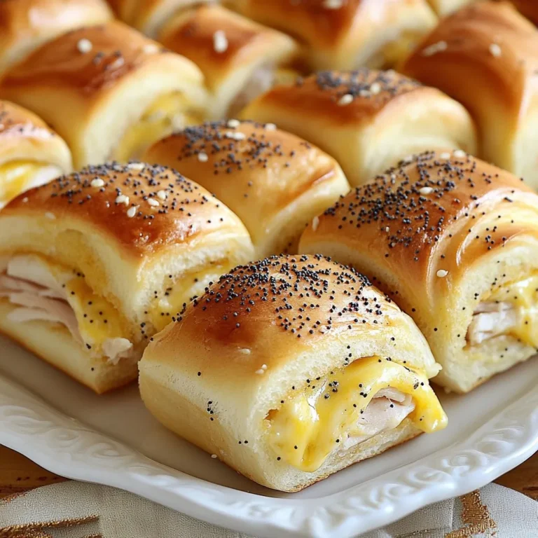 - 12 slider-size dinner rolls - 1 lb deli turkey or chicken, thinly sliced - 8 oz Swiss cheese, thinly sliced - 1/2 cup mayonnaise - 1 tablespoon Dijon mustard - 1/4 cup unsalted butter, melted - 1 tablespoon poppy seeds - 1 tablespoon garlic powder - 1 tablespoon onion powder - Kosher salt and freshly ground black pepper, to taste Gathering the right ingredients sets the stage for great flavor. You will start with slider-size dinner rolls, perfect for a party. Choose thinly sliced deli turkey or chicken to keep things easy. Swiss cheese adds a creamy taste that pairs well with the meat. For the spread, mix mayonnaise and Dijon mustard. This blend adds a nice zing to every bite. Melted unsalted butter gives a rich finish. The seasonings include poppy seeds, garlic powder, and onion powder. Sprinkle in a bit of Kosher salt and black pepper for extra flavor. By using fresh, quality ingredients, you will ensure your Party Hot Roll Sandwiches are a hit! {{ingredient_image_2}} 1. Preheat the oven: Start by setting your oven to 350°F (175°C). This warms it up for baking later. 2. Prepare the dinner rolls: Carefully slice the 12 slider-size dinner rolls in half. Keep the halves connected. This makes it easy to assemble the sandwiches. 3. Make the spread: In a small bowl, mix 1/2 cup mayonnaise and 1 tablespoon Dijon mustard. Stir until smooth. Spread this mix on the cut side of the bottom halves of the rolls. 1. Layer the filling: Place a layer of 1 lb deli turkey or chicken on top of the mayo spread. Next, lay 8 oz Swiss cheese over the meat. This adds great flavor. 2. Reassemble the sandwiches: Place the top halves of the rolls back on. This forms your complete sandwiches. 3. Prepare the butter mixture: In another small bowl, whisk together 1/4 cup melted unsalted butter, 1 tablespoon poppy seeds, 1 tablespoon garlic powder, 1 tablespoon onion powder, salt, and pepper. This gives your sandwiches a rich taste. 1. Brush the butter mixture: Pour the butter mixture evenly over the tops of the sandwiches. Make sure every roll is covered well. 2. Cover and bake: Cover the sandwiches with aluminum foil. Place them in the preheated oven and bake for 15 minutes. This helps the flavors blend. 3. Finish baking: After 15 minutes, remove the foil. Bake for an additional 10 minutes. The tops should turn golden brown and the cheese should bubble. This creates a nice crunch. You can prepare the filling in advance. Simply slice the turkey or chicken and cheese the day before. Store them in airtight containers in the fridge. This saves time on the day of your gathering. Assembling sandwiches ahead of time is also smart. Just layer the rolls with mayo, turkey, and cheese. Cover them in plastic wrap and place them in the fridge. Bake them when your guests arrive for warm and tasty sandwiches. To achieve perfect golden brown results, keep an eye on the oven. Remove the foil after 15 minutes to let the tops crisp up. This step is key for that crunchy texture. For recommended baking times, bake the sandwiches for a total of 25 minutes. First, cover and bake for 15 minutes, then uncover and bake for 10 more. You want the cheese to bubble and the tops to be golden. The ideal serving temperature for these sandwiches is warm, right from the oven. Warm sandwiches taste best! For creative presentation ideas, arrange the sliced sandwiches on a bright platter. Garnish with fresh herbs like parsley or chives. A side of pickles adds a nice crunch and color to your table. These small touches make your dish look festive and inviting! Pro Tips Use Fresh Ingredients: Always opt for fresh deli meats and quality cheese to enhance the flavors of your sandwiches. Customize Your Toppings: Feel free to add your favorite toppings like sliced tomatoes or lettuce for added freshness and texture. Make Ahead: These sandwiches can be assembled a few hours in advance and stored in the fridge until baking for a quick party snack. Experiment with Cheese: Try different types of cheese such as cheddar or pepper jack for a twist on the classic flavor. {{image_4}} You can switch up the meat in your Party Hot Roll Sandwiches easily. If you can't find turkey or chicken, try these: - Roast beef - Ham - Salami - Pulled pork For a vegetarian option, use hearty roasted vegetables, like zucchini and bell peppers. You can also use marinated tofu or tempeh for great taste and protein. Swiss cheese is a classic choice, but many other cheeses work well. Here are some great pairings: - Cheddar for a sharp kick - Provolone for a smooth texture - Pepper jack for a spicy twist Using stronger cheeses, like blue cheese or gouda, can add exciting flavors. Just remember, a little goes a long way! To make your sandwiches even better, think about adding spreads and toppings. Try these ideas: - Honey mustard for a sweet touch - Hummus for a creamy base - Sriracha for some heat Adjust the spice level by adding more or less of these toppings. You can also sprinkle in some fresh herbs, like basil or cilantro, for a burst of freshness. To keep your leftovers fresh, store them in an airtight container. This helps maintain moisture and flavor. Place the sandwiches in the fridge right away. They will stay good for about 3 days. For reheating, preheat your oven to 350°F (175°C). Place the sandwiches on a baking sheet. Cover them with foil to keep them from drying out. Heat for about 10 to 15 minutes. Check if the cheese is melted and warm. You can also microwave them for about 30 to 60 seconds, but the oven gives better results. You can freeze pre-assembled sandwiches for later. Wrap each sandwich tightly in plastic wrap. Then, place them in a freezer bag. This helps keep out air and prevents freezer burn. They can last in the freezer for about 2 months. When you’re ready to eat, thaw them in the fridge overnight. For best results, reheat them in the oven. Preheat to 350°F (175°C) and bake for 15 to 20 minutes. This brings back that gooey, warm goodness. Enjoy your Party Hot Roll Sandwiches anytime! Yes, you can use different breads! Here are some great options: - Hawaiian Rolls: They add a sweet taste. - Ciabatta: This gives a nice crunch. - Pita Bread: Perfect for a fun twist. - Whole Wheat Rolls: A healthier choice. Each bread type changes the flavor, so try what you like best! These sandwiches last about 3 to 4 days in the fridge. To keep them fresh: - Wrap them well in plastic wrap. - Place them in an airtight container. This helps keep them tasty and moist. If you notice any signs of spoilage, it’s best to toss them. Trust your nose! Absolutely! You can make tasty vegetarian options. Here are some ideas: - Grilled Vegetables: Use zucchini, bell peppers, and mushrooms. - Spinach and Feta: A classic combination that packs flavor. - Hummus and Roasted Red Peppers: Adds creaminess and sweetness. - Avocado and Tomato: Fresh and filling! These fillings will make your hot roll sandwiches just as delicious! You learned how to make delicious hot roll sandwiches. We covered ingredients, steps, and tips. Making ahead makes it easy to enjoy later. Don't forget the tasty variations and storage methods I shared. Experiment with meats and cheeses to find your favorite combo. These sandwiches are fun to serve and share. Try new ideas to impress your friends and family. Enjoy creating these tasty treats!