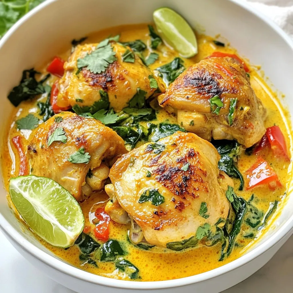 - 1 lb boneless chicken thighs, cut into bite-sized pieces - 1 can coconut milk (13.5 oz) - 2 tablespoons curry paste (red or green) - 1 medium onion, finely chopped - 3 cloves garlic, minced - 1-inch piece fresh ginger, grated - 1 bell pepper, sliced (red or yellow) - 1 cup spinach (fresh or thawed frozen) - Fresh cilantro, roughly chopped - Lime wedges for serving These ingredients create a flavorful, quick meal. You can change the curry paste based on your spice level. Red curry paste gives a stronger heat, while green is milder. The coconut milk adds a rich creaminess that balances the spices. Sautéed onion, garlic, and ginger form a fragrant base. The bell pepper adds sweetness and color, while spinach brings a nice touch of freshness. Garnishing with cilantro and lime enhances the dish's appeal. You can enjoy this curry with rice or naan for a complete meal. {{ingredient_image_2}} 1. Sautéing onion: Start by heating 2 tablespoons of vegetable oil in a large skillet over medium heat. Once the oil is hot, add 1 finely chopped medium onion. Sauté it for 2 to 3 minutes until it turns soft and translucent. 2. Adding garlic and ginger: After the onion is ready, stir in 3 minced garlic cloves and 1 grated inch of fresh ginger. Cook this mixture for another minute. The smell will be amazing! 1. Seasoning and browning chicken: Next, add 1 pound of bite-sized chicken thighs to the skillet. Lightly sprinkle some salt over the chicken. Cook for about 5 to 7 minutes, stirring often. You want the chicken pieces to turn golden brown on all sides. 1. Incorporating curry paste: Now it’s time to add flavor! Stir in 2 tablespoons of curry paste of your choice. Mix well to coat the chicken evenly. Cook this for one more minute to let the spices bloom. 2. Adding coconut milk: Pour in a can of 13.5 ounces of coconut milk. Stir everything together and bring it to a gentle simmer. Let it cook for 5 to 10 minutes. This allows the chicken to cook fully and the sauce to thicken. 1. Mixing in vegetables: Stir in 1 sliced bell pepper and 1 cup of spinach. Continue cooking for 2 to 3 minutes. The bell pepper should be tender, and the spinach will wilt beautifully. 2. Adjusting seasoning: Finally, taste your curry. Add more salt if needed to balance the flavors. Enjoy the rich and tasty dish! Using pre-cut chicken saves time. You can find it in many grocery stores. This means no chopping is needed. Just open the package and start cooking. To chop quickly, use a sharp knife. Keep your fingers tucked in while cutting. This way, you stay safe and cut evenly. For onions, use a food processor for fast dicing. You can customize spice levels easily. If you like heat, choose red curry paste. For a milder taste, stick with green curry paste. You can also add chili flakes for more kick. Adding ingredients boosts flavor. Try bell peppers for sweetness. You can also add carrots or peas for extra color and crunch. Fresh herbs like basil or mint can brighten the dish. Serve the curry in shallow bowls. This makes it look nice. Add a sprinkle of fresh cilantro on top for color. Using lime wedges on the side adds a pop. It gives a zesty touch when you squeeze it over the curry. Colorful bowls can enhance the vibrant look of your dish. Pro Tips Choose Your Curry Paste Wisely: The type of curry paste you use can significantly affect the flavor of your dish. Red curry paste offers a spicy kick, while green curry paste provides a milder, aromatic flavor. Choose according to your heat preference! Don’t Skip the Garnish: Fresh cilantro and lime wedges not only enhance the visual appeal of your curry but also add layers of flavor. A squeeze of lime brightens the dish, making it more refreshing. Customize Your Veggies: Feel free to add other vegetables like zucchini, carrots, or peas to the curry. This not only boosts nutrition but also adds texture and color to your dish. Let It Simmer: Allowing the curry to simmer for a bit longer after adding the coconut milk helps the flavors meld together beautifully. Just be careful not to overcook the chicken! {{image_4}} You can easily swap chicken for tofu or shrimp. Tofu gives a nice texture. Use firm tofu for the best results. Press the tofu to remove excess water. Cut it into bite-sized cubes. Sauté it until golden before adding other ingredients. Shrimp cooks quickly, so add it later in the process. Cook shrimp until pink and opaque for the best taste. To make this dish gluten-free, check your curry paste. Many brands are gluten-free, but some may contain soy sauce. For a dairy-free option, this recipe is already safe since it uses coconut milk. Just ensure your curry paste is free of dairy ingredients too. Both options keep the dish tasty and enjoyable. You can easily adjust the spice levels to suit your taste. Use red curry paste for a spicier kick. Green curry paste offers a milder flavor. If you prefer no heat, skip the curry paste altogether. You can also add sugar to balance the spice. For a fun twist, add a pinch of chili flakes for heat or a squeeze of lime for brightness. To store leftovers safely, let the curry cool down first. Place it in an airtight container. Store it in the fridge for up to three days. When you want to eat it again, check for any off smells. If it smells fine, it’s good to go! For best practices in freezing coconut curry, use a freezer-safe container. Make sure to leave some space at the top, as the curry expands when it freezes. You can freeze it for up to three months. Label the container with the date, so you know when to use it. For reheating, the best method is on the stove. Pour the curry into a skillet over medium heat. Stir often to heat it evenly. You can also use a microwave. Place it in a microwave-safe bowl, cover it loosely, and heat for one minute. Stir and heat in 30-second bursts until hot. Always check the temperature before eating! Minute Coconut Chicken Curry lasts about 3 to 4 days in the fridge. Store it in an airtight container. Make sure it cools down before you store it. If you want to keep it longer, consider freezing it. Always check for signs of spoilage before eating. Yes, you can make this dish vegetarian! Use tofu or chickpeas instead of chicken. You can also use vegetable broth to add flavor. Replace the chicken with any veggies you like, such as carrots or cauliflower. This way, you keep the creamy coconut flavor while making it plant-based. Coconut Chicken Curry pairs well with several sides. Here are some tasty options: - Steamed rice - Quinoa - Naan bread - Roti - A fresh salad These sides will soak up the delicious curry sauce and add to your meal. Enjoy exploring different pairings! You learned the key ingredients, cooking steps, and helpful tips for making Coconut Chicken Curry. Remember, fresh flavors from aromatics and spices elevate your dish. You can easily adjust the recipe for your dietary needs or spice level. Store leftovers safely and reheat them well. Get creative with variations like tofu or shrimp for protein. Enjoy the delightful experience of cooking and sharing this meal. Your Coconut Chicken Curry will surely impress everyone at the table!