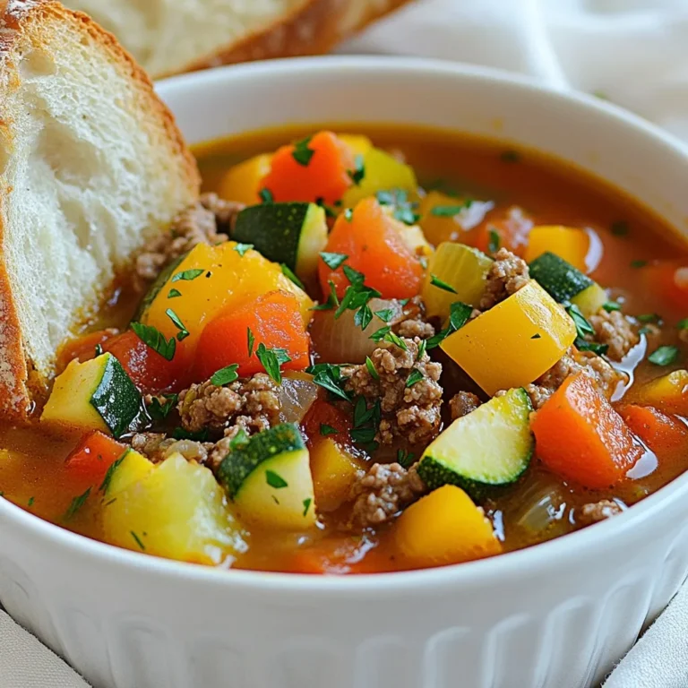 - 1 lb ground beef - 1 medium onion, finely chopped - 2 cloves garlic, minced - 2 medium carrots, diced into small cubes - 2 celery stalks, diced - 1 bell pepper, chopped (choose your favorite color for vibrancy) - 1 medium zucchini, diced - 1 can (14.5 oz) diced tomatoes, including the juice - 4 cups beef broth (homemade or store-bought) - 1 cup frozen corn kernels - 1 cup green beans, cut into 1-inch pieces The heart of this soup is the ground beef and fresh vegetables. The ground beef adds richness and flavor. I love using a mix of veggies like carrots, celery, and zucchini. They bring color and nutrients to the dish. The canned tomatoes add sweetness and acidity, while the beef broth gives depth. - 1 teaspoon dried oregano - 1 teaspoon dried basil - 1/2 teaspoon salt (adjust to taste) - 1/2 teaspoon freshly ground black pepper - 2 tablespoons olive oil - Fresh parsley, chopped (for garnish) Seasoning is key to a great soup. Oregano and basil give it an Italian flair. Salt and pepper help balance the flavors. A drizzle of olive oil adds a touch of richness. I love to finish the soup with fresh parsley. It adds a bright color and fresh taste. {{ingredient_image_2}} Start by heating 2 tablespoons of olive oil in a large pot over medium heat. Add 1 medium onion, finely chopped, and sauté for about 3-4 minutes. You want the onion to become soft and clear. Next, add 2 cloves of minced garlic. Cook it for 1 more minute until it smells great. Then, we add 1 pound of ground beef to the pot. Use a wooden spoon to break the meat into smaller pieces. Cook it for about 5-7 minutes until it turns brown. If there is fat, drain it away. Now it’s time to add some color and nutrition. Toss in 2 diced carrots, 2 diced celery stalks, and 1 chopped bell pepper. Sauté these veggies for about 5 minutes, or until they start to soften. Next, stir in 1 diced zucchini, 1 can of diced tomatoes (with juice), and 4 cups of beef broth. Don’t forget to add 1 cup of frozen corn and 1 cup of green beans cut into 1-inch pieces. Season everything with 1 teaspoon of dried oregano, 1 teaspoon of dried basil, ½ teaspoon of salt, and ½ teaspoon of black pepper. Mix it all well. Raise the heat until the soup starts to gently boil. Once it boils, reduce the heat to low to let it simmer. Leave the pot uncovered for about 25-30 minutes. This allows the flavors to mix and deepen. Before you serve, taste the soup. Adjust the seasoning with more salt or pepper if needed. This step makes sure your soup is just right for your taste. To taste and adjust seasoning, follow these steps: - After simmering, take a spoonful of the soup. - If it needs more flavor, add a pinch of salt or pepper. - For added depth, try adding more herbs like thyme or rosemary. Using fresh herbs can brighten your soup. Fresh parsley on top adds color and flavor too. You can also add a splash of lemon juice for brightness. Using a heavy-bottomed pot helps cook the soup evenly. This pot keeps heat steady and prevents burning. When browning ground beef, there are a few options: - You can use a skillet or a Dutch oven. - Break the beef into small pieces to ensure even cooking. - Sear it well to develop rich flavors. These techniques will help you create a comforting and tasty soup. Enjoy experimenting and finding your favorite flavors! Pro Tips Use Fresh Ingredients: Opt for fresh vegetables whenever possible to enhance the flavor and nutritional value of your soup. Customize Your Veggies: Feel free to substitute or add any seasonal vegetables you prefer, such as bell peppers, peas, or potatoes, to make the soup your own. Make it Ahead: This soup tastes even better the next day, so consider making a batch in advance to allow the flavors to meld together. Freeze for Later: Portion out any leftovers and freeze them for a quick meal option on busy days—just reheat and enjoy! {{image_4}} You can change the protein in this soup. Instead of ground beef, try ground turkey or chicken. These options are leaner and still tasty. They add their own great flavor. You can also switch up the vegetables. Use different colors of bell peppers for a fun look. Add leafy spinach for a pop of green. Other options include peas, broccoli, or even sweet potatoes. Each vegetable adds its own twist to the soup. If you need to make this soup gluten-free, just use gluten-free beef broth. Most broths are safe, but check the label to be sure. You can also skip any ingredients that contain gluten. For a vegetarian or vegan option, leave out the meat. Use plant-based meat or just add more beans. Lentils work well too. You can use vegetable broth instead of beef broth. This still gives the soup great flavor and keeps it hearty. To store your hearty hamburger vegetable soup in the fridge, let it cool first. Once cool, pour it into a container. Make sure it has a tight lid. This keeps the soup fresh and tasty. You can store it for up to three days. I recommend using glass or BPA-free plastic containers. They are safe and easy to clean. If you plan to eat some later, try to store it in smaller portions. This will make reheating easier and faster. If you want to keep your soup for a longer time, freezing is a great option. Let the soup cool completely before freezing. Pour the soup into freezer-safe bags or containers. Leave some space at the top, as the soup will expand when frozen. This will help avoid spills. For best quality, eat the soup within three months. When you're ready to eat it, take it out of the freezer. You can reheat it in the fridge overnight. If you’re in a hurry, you can reheat it straight from the freezer. Just place it in a pot over low heat. Stir often until it is hot and ready to serve. Homemade hamburger vegetable soup lasts about 3 to 4 days in the fridge. Store it in an airtight container. For freezing, you can keep it for up to 3 months. Just let it cool before you freeze it. When ready to eat, thaw in the fridge overnight before reheating. Yes, you can make this soup ahead of time! Cook it up to two days in advance. Let it cool, then store it in the fridge. The flavors will blend and taste even better. To heat, warm it on the stove until hot. Stir often to keep it from sticking. This soup pairs well with several side dishes. Try crusty bread for dipping. A simple salad also works great. You can even serve it with grilled cheese sandwiches for a fun twist. Each option adds to your meal and keeps it hearty! In this blog post, we explored how to make a hearty hamburger vegetable soup. I guided you through key ingredients like ground beef, fresh veggies, and tasty seasonings. We discussed cooking techniques and helpful tips for flavor. You also learned about storage, freezing, and how to adapt the recipe. Homemade soup warms your heart and fills your belly. Try these steps to create a dish that your family will love. Enjoy your cooking!