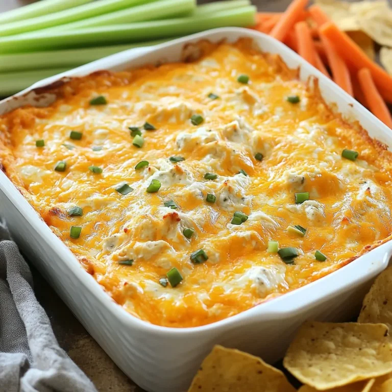 - 2 cups shredded cooked chicken - 1 (8 oz) package of cream cheese, softened - 1/2 cup sour cream - 1/2 cup mayonnaise - 1 cup Buffalo sauce - 1 cup shredded sharp cheddar cheese These ingredients form the base of your dip. The shredded chicken gives it texture and protein. Cream cheese, sour cream, and mayonnaise create a rich, creamy base. Buffalo sauce adds spice, and cheddar cheese brings in a sharp flavor. - 1/2 cup crumbled blue cheese - 1/2 teaspoon garlic powder - 1/4 teaspoon onion powder - Salt and pepper to taste You can add crumbled blue cheese for extra richness. Garlic and onion powders deepen the flavor. Salt and pepper balance all the tastes. Feel free to adjust these to match your taste. Each addition can change your dip's flavor, making it even more special. {{ingredient_image_2}} 1. Preheat your oven to 350°F (175°C). This step gets the oven hot for baking. 2. In a large bowl, add the softened cream cheese, sour cream, and mayonnaise. Mix until smooth. You can use a hand mixer or a spatula for this. 1. Once mixed, fold in the shredded chicken. Then, add the Buffalo sauce, garlic powder, and onion powder. Ensure everything is blended well. 2. Next, gently fold in the shredded cheddar cheese. If you like, add crumbled blue cheese as well. Season with salt and pepper to taste. 1. Grease an 8x8-inch baking dish with cooking spray or olive oil. This helps the dip not stick. 2. Pour your creamy chicken mixture into the dish, spreading it evenly. 3. Bake in the preheated oven for 20-25 minutes. Look for a hot, bubbly dip with a golden top. After baking, let it cool for a few minutes before serving. - Choosing the right chicken and cheeses: I love using rotisserie chicken. It saves time and adds flavor. For cheese, sharp cheddar shines in this dip. You can also add crumbled blue cheese for a richer taste. - Adjusting Buffalo sauce for heat preference: Buffalos are spicy! If you like it mild, use less sauce. Add a bit more if you crave heat. Always taste as you go. - Best dippers: tortilla chips, celery, and carrots: Tortilla chips are my top choice. They add a nice crunch. Celery and carrots offer a fresh bite. Mix and match for fun! - Presentation tips for serving guests: Serve warm in the baking dish. Garnish with chopped green onions or parsley for color. Arrange dippers around the dip to make it inviting. Enjoy the savory goodness! Pro Tips Use Leftover Chicken: Utilizing rotisserie chicken not only saves time but also adds a depth of flavor to your dip. Adjust the Heat: Tailor the amount of Buffalo sauce to your liking; start with less and add more if you prefer extra spice. Cheese Variations: Experiment with different cheeses like Monterey Jack or Pepper Jack for a unique twist on flavor and heat. Serving Suggestions: Serve with a variety of dippers such as toasted baguette slices or crunchy crackers to enhance the experience. {{image_4}} If you love heat, try adding jalapeños or hotter sauces. Diced jalapeños add a fresh crunch and spice. You can also use a spicier Buffalo sauce for a real kick. Adjust the amount to suit your taste. Start with a small amount, then add more if you want it hotter. You can make this dip lighter by using light cream cheese and Greek yogurt. These swaps cut calories and add protein. For those on a low-carb diet, consider using shredded chicken without the sauce. You can mix in some spices instead for flavor. This way, you can enjoy a tasty dip without the carbs. Serving Buffalo chicken dip in a bread bowl is a fun twist. Just hollow out a round loaf of bread and fill it with the dip. It makes a great centerpiece! You can also create layered dip variations. Start with a layer of the Buffalo dip, then add layers of cheese, salsa, or guacamole. Each bite will be a surprise! To store leftover Buffalo chicken dip, let it cool first. Place it in an airtight container. Make sure the lid seals tightly. This keeps the dip fresh. You can store it in the fridge for up to four days. If you want to save it longer, freeze it. Use a freezer-safe container and label it. It can last up to three months in the freezer. To reheat the dip, I suggest using the oven or microwave. If using the oven, preheat it to 350°F (175°C). Transfer the dip to a baking dish. Heat for about 15-20 minutes, or until it's hot and bubbly. Stir halfway through to ensure even heating. In the microwave, place the dip in a microwave-safe bowl. Heat in 30-second increments, stirring in between. This keeps the dip creamy and tasty. You can make Buffalo chicken dip ahead of time. Prepare the dip completely but don’t bake it yet. Cover the dish tightly with plastic wrap. Store it in the fridge for up to 24 hours. When you are ready, just pop it in the oven. Bake as directed for a fresh, warm dip when your guests arrive. Can I make this dip in a slow cooker? Yes, you can! Just mix all the ingredients in the slow cooker. Cook on low for 2 to 3 hours. Stir occasionally until it’s hot and bubbly. This method is great for parties. How long does Buffalo chicken dip last in the fridge? Buffalo chicken dip lasts about 3 to 5 days in the fridge. Make sure to store it in an airtight container. If it looks or smells off, it’s best to throw it away. What can I use instead of mayonnaise? You can use Greek yogurt or avocado. Both options add creaminess without the extra calories. They also bring a nice twist to the flavor. Is there a non-dairy option for cream cheese? Yes! Look for vegan cream cheese made from nuts or tofu. These options work well in the dip and keep it creamy. How many people does this recipe serve? This recipe serves about 8 people. It’s perfect for game day or a small get-together. You can easily double it if you have more guests. Can this dip be scaled for larger gatherings? Absolutely! Just increase the ingredients. For a crowd, you might want to make two batches. This way, everyone can enjoy. Buffalo chicken dip is a tasty choice for any gathering. You learned about the key ingredients, like chicken and cheese, and how to mix them. I shared tips for making it perfect and serving it right. Remember, you can always adjust the heat level or swap ingredients. Enjoy making this dip for your next party, and feel free to experiment with flavors. Good food brings people together, so dive into this fun recipe!