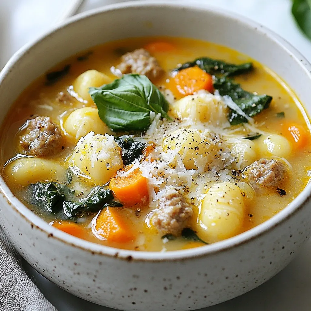 To make this hearty Italian sausage gnocchi soup, you will need: - 1 tablespoon extra virgin olive oil - 1 pound Italian sausage (choose from mild or spicy, crumbled) - 1 medium onion, finely diced - 2 cloves garlic, minced (or crushed) - 3 medium carrots, sliced into thin rounds - 3 celery stalks, diced into small pieces - 4 cups rich chicken broth - 1 can (14 oz) diced tomatoes, undrained - 1 teaspoon dried Italian herbs (a mix of oregano, basil, and thyme) - 1/2 teaspoon red pepper flakes (optional, for heat) - 1 package (16 oz) gnocchi (either store-bought or homemade) - 2 cups fresh baby spinach - Salt and freshly ground black pepper, to taste - Grated Parmesan cheese, for serving - Fresh basil leaves, for garnish You can swap some ingredients to fit your taste or pantry. Here are some ideas: - Use turkey or chicken sausage instead of Italian sausage for a lighter option. - If you don’t have fresh spinach, kale works well too. - You can replace chicken broth with vegetable broth for a vegetarian soup. - If you need a different pasta, any small pasta shape can fit in place of gnocchi. Using fresh ingredients often gives the best taste and texture. Fresh vegetables add crunch and flavor. However, canned ingredients can save time without losing too much quality. - Fresh Tomatoes: If using fresh tomatoes, use about 4 cups, diced. - Canned Tomatoes: These bring a rich flavor and are ready to use. - Broth: Homemade broth is best, but store-bought is fine. Using a mix of both fresh and canned can balance flavor and convenience. This way, you can enjoy a tasty and quick meal. {{ingredient_image_2}} First, take a large pot and heat 1 tablespoon of olive oil over medium heat. When the oil shimmers, add 1 pound of crumbled Italian sausage. I like to use mild or spicy sausage for different flavors. Cook the sausage for about 5 to 7 minutes, stirring often. The sausage should turn brown. Use a wooden spoon to break the sausage into small pieces as it cooks. Next, add 1 medium onion, finely diced, 3 medium carrots sliced into thin rounds, and 3 celery stalks diced into small pieces. Sauté this mix for 3 to 4 minutes. You want the veggies to soften and the onion to look clear. This step builds the flavor for your soup. Then, stir in 2 cloves of minced garlic. Cook for another minute. You will smell the nice aroma of garlic, which makes the soup even better. After that, pour in 4 cups of rich chicken broth and 1 can of diced tomatoes with their juices. This adds depth to the soup. Sprinkle in 1 teaspoon of dried Italian herbs, which is a mix of oregano, basil, and thyme. If you like heat, add 1/2 teaspoon of red pepper flakes. Now, turn up the heat to bring it all to a rolling boil. Once it boils, lower the heat to a gentle simmer. This helps the flavors blend nicely. Now it’s time to add the star of the dish: the gnocchi. Use 1 package (16 oz) of gnocchi, either store-bought or homemade. Cook according to package instructions, usually 2 to 3 minutes. The gnocchi will float when they are done. Next, gently stir in 2 cups of fresh baby spinach. Let it cook for 1 to 2 minutes until it wilts. Finally, taste your soup and adjust the seasoning with salt and freshly ground black pepper. Using a ladle, serve the soup into bowls. Top each bowl with grated Parmesan cheese and a few fresh basil leaves. This adds a nice finish to your dish. Enjoy your warm and hearty Italian sausage gnocchi soup! To make this soup truly shine, focus on the quality of your ingredients. Use fresh vegetables whenever you can. Fresh garlic adds a strong aroma. Fresh basil gives a bright flavor. - Italian Sausage: Choose between mild or spicy based on your taste. - Broth: Use rich chicken broth for depth. Homemade broth is even better. - Herbs: Dried Italian herbs blend well. They add warm flavors. Let the soup simmer for a while. This helps the flavors mix and deepen. Taste as you go. Adjust salt and pepper to your liking. A little red pepper can add a nice kick if you want some heat. Gnocchi needs careful cooking. Follow these tips for the best result: - Fresh or Store-bought: Both types can work well. If you make your own, enjoy the process! - Cooking Time: Watch the gnocchi closely. They are done when they float. - Don’t Overcook: Overcooked gnocchi can become mushy. Add gnocchi right before serving. This keeps them firm and delightful. How you serve this soup can elevate the meal. Here are some ideas: - Bowl: Use a deep bowl for a cozy feel. - Toppings: Add grated Parmesan cheese generously. Fresh basil leaves look beautiful and add flavor. - Accompaniments: Serve with crusty bread for dipping. For a fancy touch, drizzle high-quality olive oil over the soup. This adds richness and flavor. Enjoy every bite of your comforting creation! Pro Tips Choose Your Sausage Wisely: Opt for high-quality Italian sausage for the best flavor. Experiment with different spice levels to suit your taste preferences, whether you prefer mild or spicy. Don’t Overcook the Gnocchi: Gnocchi is done when it floats to the surface. Overcooking can lead to a mushy texture, so keep a close eye on it! Add Freshness with Spinach: Fresh baby spinach wilts quickly, so add it at the end of cooking to preserve its vibrant color and nutrients, enhancing both flavor and appearance. Perfect Presentation: Serve the soup hot with a sprinkle of grated Parmesan and fresh basil for a touch of elegance. A drizzle of high-quality olive oil can elevate the dish even further. {{image_4}} You can make a tasty vegetarian version of Italian sausage gnocchi soup. Start by omitting the sausage. Instead, use plant-based sausage or mushrooms for a meaty texture. Add more beans or lentils for protein. You can also boost flavor with extra herbs and spices. This version is still hearty and comforting. The choice between spicy and mild sausage changes the soup's heat. If you like heat, use spicy Italian sausage. You can also add red pepper flakes for more spice. For a milder soup, stick with the mild sausage. This lets the other flavors shine without overpowering heat. Adjust the heat to fit your taste. Adding extra vegetables makes the soup more colorful and nutritious. You can toss in zucchini, bell peppers, or even kale. Just chop them small and add them with the other veggies. This not only boosts flavor but also adds texture to the soup. Feel free to get creative with your veggie choices! To keep your gnocchi soup fresh, let it cool down first. Transfer it to an airtight container. You can then store it in the fridge for up to three days. If you want to keep it longer, freezing is a great option. When it's time to eat your leftovers, pour the soup into a pot. Heat it over medium heat. Stir often to warm it evenly. If the soup thickens too much, add a splash of broth or water to get your desired texture. If you want to freeze the soup, do it right after it cools. Use a freezer-safe container, leaving some space at the top. This helps the soup expand as it freezes. It’s best to eat frozen soup within three months for the best flavor. To reheat, simply thaw it overnight in the fridge and follow the reheating instructions above. Yes, you can use frozen gnocchi in this soup. Just add them straight into the pot. You do not need to thaw them first. Cook them for about 2-3 minutes, just like you would fresh gnocchi. They will float when they are ready. If you want a different flavor, try ground turkey or chicken. You can also use plant-based sausage for a vegetarian option. Just make sure to add some herbs and spices to keep the flavor strong. This soup can be gluten-free if you choose the right gnocchi. Look for gluten-free brands in stores. Also, check the chicken broth for gluten. Most broths are safe, but it's good to read the label. This blog post covered everything you need to make a tasty soup. We explored the ingredients, including fresh and canned options, and shared substitutes. I provided step-by-step instructions for cooking and some tips for great flavor. We also discussed variations, storage, and answered common questions. These details will help you create a delicious dish that suits your taste. Enjoy your cooking adventure!