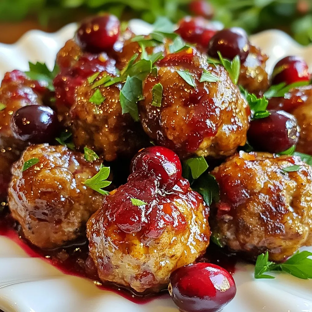 To make Minute Cranberry Meatballs, gather these key ingredients: - 1 pound ground beef or turkey - 1 cup breadcrumbs - 1/4 cup finely chopped onion - 1/4 cup fresh parsley, chopped - 1 large egg - 1 teaspoon garlic powder - 1/2 teaspoon salt - 1/2 teaspoon black pepper - 1 cup cranberry sauce (preferably whole berry) - 1 tablespoon soy sauce - 1 tablespoon Dijon mustard - 1 teaspoon Worcestershire sauce - Fresh cranberries for garnish (optional) These ingredients create a savory meatball with a sweet and tangy sauce. Accurate measurements make a big difference in cooking. Here are some tips: - Use dry measuring cups for solids like breadcrumbs. - For liquids, use a liquid measuring cup. - Level off dry ingredients for precision. - Use a kitchen scale for ground meat. These tips help ensure your meatballs turn out perfect every time. You can customize this recipe easily. Here are some substitutions: - Use ground chicken or plant-based meat for a lighter option. - Swap breadcrumbs with crushed crackers for a different texture. - Substitute fresh parsley with dried herbs or other fresh greens. - Use low-sodium soy sauce for a healthier sauce. These substitutions keep the recipe flexible and fun! {{ingredient_image_2}} To start, grab a large mixing bowl. Add 1 pound of ground beef or turkey. Next, sprinkle in 1 cup of breadcrumbs. This gives the meatballs great texture. Now, add 1/4 cup of finely chopped onion. It adds flavor and moisture. Toss in 1/4 cup of fresh parsley. This step brightens the flavor. Crack in 1 large egg. The egg acts as a binder. Then, add 1 teaspoon of garlic powder, 1/2 teaspoon of salt, and 1/2 teaspoon of black pepper. Mix these gently. Overworking the meat can make it tough. Once your mixture is ready, it’s time to shape the meatballs. Take a small amount of the mixture. Roll it between your hands. Aim for about 1 inch in diameter. This size cooks evenly and is easy to eat. You should get around 20 meatballs. Make sure they are all about the same size for even cooking. Now, heat a non-stick skillet over medium heat. Wait for the pan to get hot. Place the meatballs in a single layer. Cook for about 5 minutes, turning them occasionally. You want them browned on all sides. This step locks in the flavor and gives them a nice crust. While the meatballs are cooking, prepare the sauce. In a small bowl, mix 1 cup of cranberry sauce, 1 tablespoon of soy sauce, 1 tablespoon of Dijon mustard, and 1 teaspoon of Worcestershire sauce. Stir until smooth. Once the meatballs are browned, lower the heat slightly. Pour the cranberry sauce mix over the meatballs. Stir gently to coat them well. Cover the skillet and let it simmer on low heat for about 10 minutes. This allows the flavors to blend. After 10 minutes, remove the lid and let it simmer for an extra 5 minutes. This will thicken the sauce a bit. Now your meatballs are ready to serve! To keep your meatballs moist, don’t overmix the meat. Mix just until combined. Adding breadcrumbs helps too. They soak up moisture and add texture. Use fresh breadcrumbs for the best results. You can also add a little extra egg if you prefer. This will add some richness and help bind the meatballs. Cook the meatballs for about 5 minutes on each side. They should be brown and cooked through. After browning, simmer them in the sauce for 10 minutes. This allows the meatballs to soak up the sauce. Check for doneness; they should reach 160°F for beef or turkey. Serve your meatballs on a decorative platter. Drizzle them with the cranberry sauce for a nice touch. Fresh cranberries make a great garnish. You can also sprinkle parsley for color. For a fun twist, add toothpicks for easy serving. These meatballs pair well with rice or mashed potatoes. You can also serve them as appetizers at parties. Enjoy the burst of flavor! Pro Tips Use Fresh Ingredients: Always opt for fresh parsley and quality cranberry sauce for the best flavor in your meatballs. Don't Overmix: When combining the meatball ingredients, mix just until combined to keep them tender. Simmer for Flavor: Allow the meatballs to simmer in the sauce for at least 10 minutes to enhance the flavor profile. Garnish for Appeal: Adding fresh cranberries and parsley as garnishes not only enhances presentation but also adds a pop of flavor. {{image_4}} You can easily swap ground beef for ground turkey or chicken. These options are lower in fat. They still give you tasty meatballs. Just follow the same steps in the recipe. You’ll enjoy the same great taste with less guilt. The sauce is key to these meatballs. You can mix it up! Try using barbecue sauce for a smoky flavor. Or, use sweet and sour sauce for a tangy twist. Each sauce adds a unique taste to your dish. Experimenting with different sauces can keep meals exciting. Want a meatless option? You can make these meatballs with plant-based ground meat. Use lentils or beans for a hearty texture. Replace the egg with a flaxseed mixture to bind them. For the sauce, all the same ingredients work well. Enjoy the flavors without meat! To keep your Minute Cranberry Meatballs fresh, store them in an airtight container. Place them in the fridge if you plan to eat them within three days. Make sure they cool down before sealing the container. This helps prevent moisture buildup and keeps the meatballs tasty. If you want to save some for later, freezing is a great option. Let the meatballs cool completely. Then, arrange them in a single layer on a baking sheet. Freeze them for about an hour until firm. Once frozen, transfer the meatballs to a freezer-safe bag. Squeeze out excess air and label the bag with the date. They can last for up to three months in the freezer. When you're ready to enjoy the frozen meatballs, thaw them in the fridge overnight. For reheating, use a skillet over medium heat. Add a splash of water or extra cranberry sauce to keep them moist. Cook until heated through. You can also microwave them, but be cautious to avoid drying them out. Add a damp paper towel over the meatballs to keep them juicy. Minute Cranberry Meatballs can last in the fridge for about 3 to 4 days. Store them in an airtight container to keep them fresh. If you want to keep them longer, consider freezing them. They can stay good in the freezer for up to 3 months. Yes, you can make meatballs ahead of time. You can prepare the meatball mixture and shape them. Place them on a baking sheet and freeze them. Once frozen, store them in a bag. This way, you can cook them fresh later. Cranberry meatballs pair well with many sides. Here are some tasty options: - Rice or quinoa for a hearty meal. - Mashed potatoes for a comforting side. - A crisp salad to balance flavors. - Fresh bread for dipping in sauce. Yes, you can use gluten-free breadcrumbs. Many brands offer great options made from rice or corn. You can also make your own by processing gluten-free crackers or bread. This way, everyone can enjoy these tasty meatballs! You now have all the tools to make delicious Minute Cranberry Meatballs. We covered key ingredients and how to measure them well. You learned the proper way to shape and cook meatballs and how to make the sauce. Tips helped to keep your meatballs moist, while variations let you explore new flavors. Lastly, we discussed storage and reheating for future meals. With this guide, tasty meatballs are just a recipe away. Enjoy your cooking!