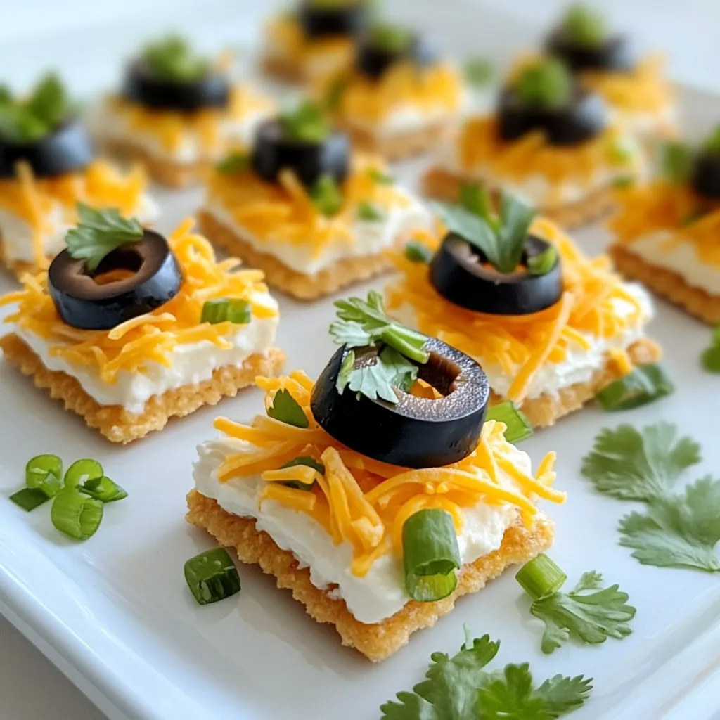 To make Ritz Cracker Fiesta Bites, you'll need a few simple ingredients. Each one adds flavor and fun to your snacks. Here’s what you will need: - Ritz crackers - Cream cheese - Salsa - Shredded cheddar cheese - Black olives - Green onions - Garlic powder - Chili powder - Fresh cilantro These ingredients work together to create a tasty treat. The Ritz crackers provide a crunchy base. Cream cheese adds a creamy layer. Salsa gives a zesty kick. Each topping brings its own unique flavor. You can mix and match to make it your own! Gather these items before you start. It makes cooking easier and more fun. Plus, it ensures you have everything you need for these yummy snacks. {{ingredient_image_2}} 1. Start by softening the cream cheese. Let it sit at room temperature for about 10 minutes. 2. In a bowl, combine the softened cream cheese, salsa, garlic powder, and chili powder. 3. Use a hand mixer or a spatula to blend everything together. Mix until the texture is smooth and creamy. Make sure there are no lumps. 1. Take a Ritz cracker and spread about one tablespoon of the cream cheese mixture on top. 2. Cover the entire cracker for the best flavor. 3. Sprinkle some shredded cheddar cheese over the cream cheese layer. This adds a rich taste. 4. Next, add a few slices of black olives. Then, sprinkle some chopped green onions for a fresh crunch. 5. Place another Ritz cracker on top to create a sandwich. Repeat with the remaining crackers and filling. 1. Add a small sprig of cilantro on each bite for color and flavor. 2. For a nice display, arrange the bites on a colorful platter. 3. You can also serve extra salsa in a bowl on the side. This makes it more festive and fun! - Substitutions for cream cheese: If you want a lighter option, use Greek yogurt. It adds creaminess and tang. Cottage cheese is another choice, but it will have a different texture. For a vegan option, try a nut-based cream cheese. - Adjusting spice levels in salsa: You can control the heat. If you want less spice, choose a mild salsa. For a kick, add diced jalapeños or hot sauce. A tablespoon of honey can balance the heat too. - Other seasoning options: Try adding smoked paprika for a smoky twist. A pinch of cumin can bring warmth to the bites. Experiment with Italian herbs for a fresh taste. - Additional toppings ideas: Consider adding diced tomatoes or fresh avocado for extra flavor. You can also sprinkle on some crumbled feta or sliced radishes for crunch. - Recommended dippings or side dishes: Serve these bites with extra salsa or guacamole. A side of sour cream can also add a nice touch. Chips and fresh veggies make great side dishes too. - Accompaniments to elevate the snack experience: Pair with a refreshing drink like lemonade or iced tea. A light beer or a crisp white wine can also complement these snacks nicely. Pro Tips Mix It Up: Feel free to customize the filling by adding diced bell peppers or jalapeños for an extra kick! Cheese Choices: Experiment with different cheeses like pepper jack or cream cheese with herbs for varied flavors. Make Ahead: Prepare the cream cheese mixture a day in advance and assemble the bites just before serving for best freshness. Serving Style: Serve with additional salsa or guacamole on the side for dipping, enhancing the flavor experience! {{image_4}} You can change up your Ritz Cracker Fiesta Bites with fun flavors. For a Southwest-style snack, add some jalapeños. This gives a nice kick. Just chop them finely and mix them into the cream cheese. Another great option is a Mediterranean twist. Use hummus instead of cream cheese. Top it with crumbled feta cheese for a tasty treat. This will bring a delightful, fresh taste to your bites. If you need vegan-friendly options, switch the cream cheese for a plant-based spread. Many brands make great alternatives. You can still enjoy the same flavors with salsa and veggies. For gluten-free options, use gluten-free crackers. They work just as well as Ritz crackers. Make sure to check the salsa to confirm it is gluten-free as well. Kids might prefer milder flavors. Choose a mild salsa or even a simple cream cheese spread. You can let them pick fun shapes for the crackers too. Use cookie cutters to make stars or hearts. This makes snacks exciting and fun for them! Remember, the key is to involve kids in the process. Let them help assemble the bites. This way, they will enjoy eating them even more! For short-term storage, keep the Ritz Cracker Fiesta Bites in the fridge. Place them in an airtight container. This method keeps them fresh for about three days. Avoid stacking the bites to prevent crushing. If you have leftovers, you can freeze them. Wrap each bite tightly in plastic wrap. Then, put them in a freezer-safe bag or container. They can last up to two months in the freezer. Just remember to let them thaw in the fridge before serving. When reheating, I suggest using an oven. Preheat it to 350°F (175°C). Place the bites on a baking sheet. Heat for about 10 minutes. This method keeps the texture intact. Avoid using a microwave. It can make the crackers soggy. Soggy snacks lose that nice crunch we all love. These bites last about three days in the fridge. After that, they may spoil. Look for signs like a change in color or smell. If the cream cheese looks off, it's best to throw them away. Trust your senses; they help you stay safe! To make the cream cheese mixture smooth, start with softened cream cheese. Use a hand mixer for best results. Mix until you achieve a creamy and even texture. If you don’t have a mixer, a spatula works too, but it may take more time. Adding salsa slowly can help maintain a smooth blend. Yes, you can prepare Ritz Cracker Fiesta Bites ahead of time. Make the cream cheese mixture and store it in the fridge. You can assemble the snacks up to 2 hours before serving. Just keep them covered to avoid drying out. This way, you save time and keep your snacks fresh. Ritz Cracker Fiesta Bites pair well with a variety of snacks. Serve them with extra salsa or guacamole for dipping. You can also add tortilla chips or veggie sticks. For drinks, consider serving iced tea, lemonade, or a light beer. These pairings enhance the fun at your gathering! Absolutely! Kids can help in many ways. Younger children can spread the cream cheese mixture on crackers. Older kids can layer toppings like cheese and olives. This is a fun way to bond and teach cooking skills. Just supervise to keep the kitchen safe and enjoyable! In this post, we explored how to create tasty Ritz Cracker Fiesta Bites. You learned about the key ingredients and step-by-step instructions to prepare them. I shared tips for flavor enhancement and variations to suit different dietary needs. Proper storage methods keep your bites fresh longer. These snacks are simple, fun, and perfect for any gathering. Give them a try, and enjoy the burst of flavors!