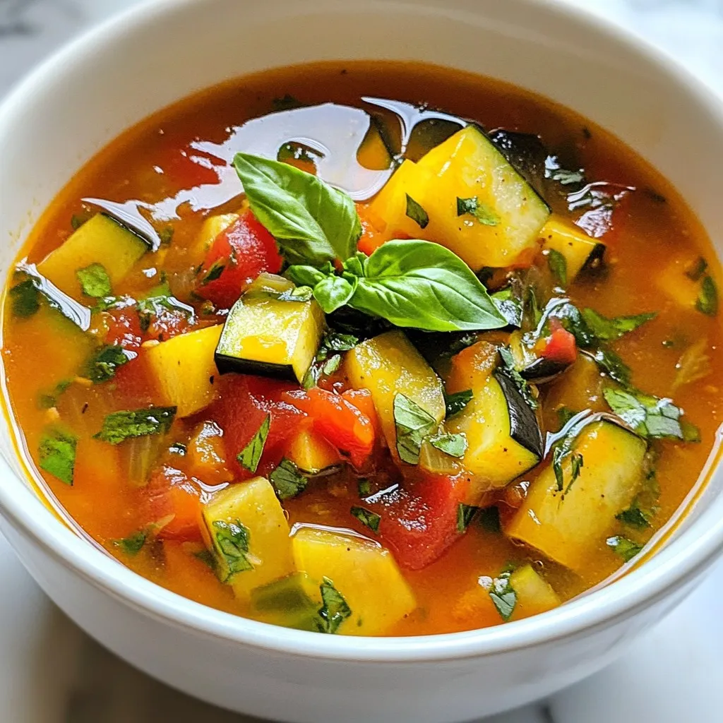 - 1 medium eggplant - 2 medium zucchinis - 1 bell pepper - 1 large onion - 3 cloves garlic - 4 medium tomatoes or 1 can of diced tomatoes - 4 cups vegetable broth - Dried herbs: basil, oregano, thyme - Olive oil - Salt and black pepper - Fresh basil leaves for serving Ratatouille soup is a vibrant dish packed with fresh, healthy vegetables. The main ingredients make this soup colorful and tasty. The eggplant gives it a rich flavor. Zucchinis add a nice crunch. Bell peppers bring sweetness, while onions and garlic add depth. You can use fresh tomatoes or canned ones. Canned tomatoes work great when fresh ones aren't in season. The broth forms a warm base for the soup. I recommend low-sodium vegetable broth for a healthier option. For seasonings, dried herbs like basil, oregano, and thyme create a lovely aroma. Olive oil adds richness. A pinch of salt and black pepper enhances the flavors. To serve, fresh basil leaves add a bright touch. They also give a fresh taste that balances the soup. Enjoy this dish as a warm meal or a starter. It is perfect for any day, bringing comfort and joy to your table. {{ingredient_image_2}} Start by preparing your vegetables. Dice one medium eggplant into small cubes. Next, take two medium zucchinis and chop them into bite-sized pieces. Choose a bell pepper, any color you like, and dice it too. Now, finely chop one large onion and mince three cloves of garlic. If you use fresh tomatoes, chop four medium tomatoes into small chunks. In a large pot, pour in two tablespoons of extra virgin olive oil and heat it over medium heat. Once hot, add the finely chopped onion. Sauté the onion while stirring for about five minutes. It should turn translucent. After that, add the minced garlic. Sauté for just one more minute. You want the garlic to smell great but not burn. Now it’s time to get the eggplant into the pot. Cook it for about five minutes, stirring occasionally. The eggplant should start to soften. After that, add the chopped zucchinis, bell pepper, and tomatoes. Stir everything well. Let it cook together for another five minutes. This helps all the flavors mix nicely. Next, pour in four cups of vegetable broth. Then sprinkle in one teaspoon of dried basil, one teaspoon of dried oregano, and half a teaspoon of dried thyme. Add salt and freshly ground black pepper to taste. Stir everything until the seasonings spread out evenly. Bring the mixture to a gentle boil. Once it boils, reduce the heat to low. Let the soup simmer uncovered for about 20 to 25 minutes. You want the vegetables to become tender and the flavors to deepen. If you prefer a smoother soup, grab an immersion blender. You can blend the soup directly in the pot until it’s as smooth as you like. If you don’t have one, carefully transfer the soup to a standard blender in small batches. Blend until smooth. Now, ladle the hot soup into bowls. Don’t forget to garnish it with fresh basil leaves. They add a pop of color and extra flavor. Enjoy your delicious Ratatouille Soup! Adjusting seasoning is key to making ratatouille soup taste great. Start with salt and pepper, but don’t stop there. Taste your soup as it cooks. Add more herbs if you like. Fresh herbs can boost the flavor even more. Choosing ripe vegetables makes a big difference too. Look for firm eggplant and shiny zucchinis. A bell pepper should feel heavy for its size, and tomatoes should smell sweet. The better the veggies, the better your soup will taste. You can make ratatouille soup in different ways. A slow cooker works well if you want to set it and forget it. Just mix all the ingredients in and let it cook for several hours. The flavors will meld beautifully. Using an Instant Pot is another great option. It speeds up cooking time a lot. Just sauté the aromatics first, then add everything else. Seal it up, and cook on high pressure for about 10 minutes. Quick and easy! Serving your soup well makes it more inviting. Use nice bowls to ladle the soup into. A sprinkle of fresh basil on top adds color and flavor. Pair the soup with crusty bread for dipping. A drizzle of olive oil over the soup adds richness and looks great. Enjoy your meal! Pro Tips Choose Fresh Vegetables: Always opt for the freshest vegetables you can find. They will enhance the flavor and texture of your soup significantly. Prep Ahead: To save time, you can prep all the vegetables the day before and store them in the refrigerator. This way, your soup will come together quickly! Adjust Thickness: If you prefer a thicker soup, blend more of the vegetables or reduce the amount of broth. Conversely, for a thinner soup, add additional broth until you reach the desired consistency. Flavor Boost: Enhance the soup's flavor by adding a splash of balsamic vinegar or a pinch of red pepper flakes for a little heat just before serving. {{image_4}} You can boost the soup’s nutrition by adding protein. Beans and lentils work well. For beans, consider using chickpeas or black beans. Just rinse and add them to the pot. For lentils, red or green ones cook quickly and add a nice texture. Toss them in after sautéing the vegetables. Ratatouille soup is great for using seasonal veggies. In summer, add fresh tomatoes and peppers. In fall, try butternut squash or carrots. Each vegetable brings a unique taste. Feel free to mix and match based on what you find at the market. To keep the soup vegan, use vegetable broth. Look for low-sodium options to control salt. If you need it gluten-free, most vegetable broths work. Just check the label to be sure. You can also skip the olive oil and use water for sautéing if needed. This keeps it light and healthy. To keep your Ratatouille Soup fresh, store it in airtight containers. Allow the soup to cool to room temperature first. This step helps prevent condensation, which can make the soup watery. Place the containers in the fridge if you plan to eat the soup within a few days. For longer storage, freeze the soup in portions. This way, you can enjoy it later without losing flavor. Reheat your soup on the stove for the best taste. Pour the desired amount into a pot. Heat it over medium-low heat, stirring often. This method warms the soup evenly. If you’re in a hurry, you can microwave the soup. Use a microwave-safe bowl and cover it loosely. Heat in short bursts, stirring in between, until hot throughout. In the fridge, Ratatouille Soup lasts about 3 to 5 days. If you freeze it, the soup can last up to 3 months. Just remember to label your containers with the date. This helps you keep track of how long it has been stored. Always check for any off smells or changes in color before eating leftovers. Yes, you can use frozen vegetables. They save time and are easy to use. However, frozen vegetables may change the soup's texture. They often have more water than fresh ones. This can make the soup a bit watery. To counter this, you can use less broth or cook it a bit longer. The flavor might be less bright, but it will still taste good. To spice up your Ratatouille Soup, try adding red pepper flakes. Start with a pinch and add more based on your taste. You can also use diced jalapeños for a fresh kick. Another option is to add a dash of hot sauce while cooking. If you love garlic, try using more minced garlic. These additions can boost the flavor and warmth of your dish. Yes, Ratatouille Soup is great for meal prep. You can cook a large batch and store it. Divide the soup into individual containers for easy meals. Let it cool before sealing to keep it fresh. In the fridge, it lasts for about 4 to 5 days. You can also freeze it for up to 3 months. Just thaw and reheat when you’re ready to enjoy it again. This blog post detailed how to make a delicious Ratatouille Soup. We covered all the key ingredients, including vegetables, seasonings, and garnishes. You learned step-by-step instructions, tips for perfecting flavor, and variations to try. Remember, you can customize with protein or different vegetables. Store leftovers properly for freshness. Cooking can be fun, and this soup is a great way to enjoy healthy ingredients. I hope you feel inspired to create your version of this tasty dish!