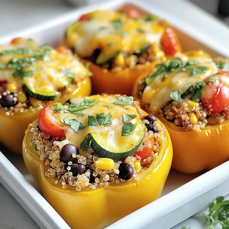 - 4 large bell peppers (your choice of color) - 1 cup quinoa, thoroughly rinsed - 2 cups vegetable broth - 1 can (15 oz) black beans, drained and rinsed - 1 cup corn (choose fresh, canned, or frozen) - 1 medium zucchini, diced - 1 cup cherry tomatoes, halved - 1 teaspoon ground cumin - 1 teaspoon chili powder - Salt and pepper, to taste - 1 cup shredded cheese (cheddar or a plant-based alternative) - Fresh cilantro or parsley, for garnish - Pair with a salad or dip - Ideal side dishes When I create veggie stuffed bell peppers, I focus on fresh, colorful ingredients. The bell peppers are the star of the dish. Choose ripe, firm ones in red, yellow, or green. They add a sweet crunch and vibrant color. Quinoa is my go-to grain here. It provides protein and texture. Rinse it well before cooking to remove any bitterness. Black beans are a great source of fiber and protein. I prefer canned beans for this recipe. They are quick and easy to use. Corn adds a pop of sweetness. You can use fresh, frozen, or canned corn, depending on what's available. Zucchini is versatile and mild. Diced, it blends well with other flavors. Cherry tomatoes bring a burst of freshness. Halving them keeps their juicy goodness intact. For seasonings, ground cumin and chili powder add warmth. A dash of salt and pepper helps balance all the flavors. Topping with shredded cheese, whether cheddar or a plant-based kind, gives a creamy finish. Fresh herbs like cilantro or parsley brighten the dish and add a fresh touch. This meal is not only colorful but also healthy and satisfying. You can easily pair it with a light salad or a tasty dip. Enjoy! {{ingredient_image_2}} - First, preheat your oven to 375°F (190°C). - Next, take your bell peppers. Cut the tops off and remove the seeds. Brush the outside with olive oil. Place them upright in a baking dish. - In a medium pot, bring 2 cups of vegetable broth to a boil. - Once it boils, add 1 cup of rinsed quinoa. Cover the pot and lower the heat to low. Let it simmer for about 15 minutes. The quinoa will absorb the liquid and become fluffy. - In a large bowl, mix the cooked quinoa with black beans, corn, diced zucchini, and halved cherry tomatoes. - Add 1 teaspoon each of ground cumin and chili powder for flavor. Sprinkle salt and pepper to taste. Use a spatula to mix until all ingredients are well combined. - Spoon the veggie mixture into each bell pepper. Fill them generously and press down lightly. - Top with shredded cheese, covering the filling well. - Cover the dish with aluminum foil and bake for 25 minutes. After that, take off the foil and bake for another 10-15 minutes. The peppers should be tender and the cheese melted. - After baking, let the peppers cool for a few minutes. - Garnish with fresh cilantro or parsley for a pop of color. Serve warm for a tasty meal. - Ensuring perfect quinoa texture: Rinse the quinoa well before cooking. This helps remove its natural coating, called saponin, which can make it taste bitter. Use a ratio of 1 cup quinoa to 2 cups vegetable broth for perfect fluffiness. - Choosing the best bell peppers: Look for firm, shiny skin without blemishes. Choose bell peppers that feel heavy for their size. Red, yellow, or green peppers all work well, but red peppers are sweeter. - Adding different vegetables: Feel free to mix in your favorite veggies! Spinach, mushrooms, or carrots all add flavor and nutrition. Just chop them small and sauté if needed. - Spice level adjustments: If you like it spicy, add diced jalapeños or crushed red pepper flakes. For a milder dish, reduce the chili powder or skip it altogether. - Serving suggestions: Serve your stuffed peppers with a side salad. A light vinaigrette pairs well and adds freshness to the meal. - Creative plating ideas: Arrange the stuffed peppers on a colorful plate. Drizzle with balsamic glaze for an elegant touch. Sprinkle fresh herbs on top for added color and flavor. Pro Tips Choose Colorful Peppers: Different colored bell peppers not only look appealing but also vary slightly in flavor and sweetness. Consider using a mix for a vibrant dish. Enhance Flavor: For extra depth, sauté the zucchini and corn in a bit of olive oil before mixing them into the filling. This step brings out their natural sweetness. Make Ahead: Prepare the stuffed peppers in advance and store them in the refrigerator. They can be baked straight from the fridge, just add a few extra minutes to the baking time. Customize Fillings: Feel free to swap out the black beans for other legumes, or add in diced mushrooms or spinach for additional nutrition and flavor. {{image_4}} You can add protein to your veggie stuffed bell peppers for extra nutrition. Tofu and tempeh are great options. - Tofu: Use firm tofu. Press it to remove water, then cube it. Add it to your filling for a hearty texture. - Tempeh: This fermented soy product has a nutty flavor. Crumble it into small pieces and mix it with your veggies. You can also try different beans. Black beans are tasty, but kidney or pinto beans work well too. - Kidney Beans: These add a rich flavor. Drain and rinse before adding. - Pinto Beans: They have a creamy texture and blend nicely with the other ingredients. If you want to switch up the grain, you have plenty of choices. Rice or couscous are simple alternatives that fit well. - Rice: Use brown or white rice for a classic option. Cook it in vegetable broth for added flavor. - Couscous: This tiny pasta cooks quickly. Just add hot water, let it sit, and mix it into your filling. Quinoa is nutritious, but you can use other grains too. - Farro: This ancient grain is chewy and adds a nutty taste. - Barley: It gives a hearty texture and is packed with fiber. For a dairy-free option, think about plant-based cheese. Many varieties melt well and taste great. - Plant-Based Cheese: Look for brands that melt nicely. They can add creaminess without the dairy. - Nutritional Yeast: This adds a cheesy flavor and is a great topping before baking. If you prefer vegan cheese, many options are available. Choose one that fits your taste. - Coconut-Based Cheese: This can be rich and creamy. - Almond-Based Cheese: It often has a mild flavor and can be shredded easily. To keep your veggie stuffed bell peppers fresh, follow these simple steps: - Refrigeration tips: Place the stuffed peppers in an airtight container. They will stay fresh for up to four days. Make sure the peppers are cool before sealing the container. - Freezing instructions: For longer storage, wrap each pepper in plastic wrap and place them in a freezer-safe bag. They can last for about three months in the freezer. When you're ready to enjoy your leftovers, use these methods to keep the flavors intact: - Best practices for maintaining flavor: Always reheat gently to avoid drying them out. Adding a splash of vegetable broth can help keep them moist. - Oven vs microwave: The oven gives the best results, as it warms evenly and keeps the cheese nice and melty. Heat at 350°F (175°C) for about 15-20 minutes. The microwave is quicker but may not get the cheese crispy. Here’s what you need to know about how long your stuffed peppers will last: - How long can they be stored? In the fridge, they last up to four days. In the freezer, they can stay good for about three months. - Signs of spoilage: Look for any off smells, mushiness in the peppers, or mold. If you see any of these signs, it's best to toss them out. Yes, you can prepare these stuffed peppers in advance. Here are some tips: - Prepare the filling: Cook the quinoa and mix it with the veggies a day before. - Stuff the peppers: Fill the peppers before you store them. - Refrigerate: Keep them in an airtight container in the fridge. - Bake when ready: Just pop them in the oven when you want to eat. If you want a substitute for quinoa, consider these grains: - Rice: Brown or white rice works well. - Couscous: Quick to cook and adds a nice texture. - Farro: Chewy and nutty, it can enhance flavor. Each of these grains brings unique benefits and flavors to the dish. Yes, these stuffed peppers can be gluten-free. Here’s what to check: - Quinoa: Naturally gluten-free, so it’s safe to use. - Black beans: Make sure they are canned without gluten. - Spices: Check that your spices are gluten-free. Using these ingredients keeps the dish safe for those avoiding gluten. Look for these signs to know your peppers are done: - Tenderness: They should be soft to the fork. - Cheese: The cheese should be melted and bubbly. - Color: The peppers will change color, becoming vibrant. These signs show you have cooked them just right for a tasty meal. This article covered how to make delicious veggie stuffed bell peppers. We explored key ingredients like quinoa, bell peppers, and vibrant veggies. We discussed step-by-step instructions for cooking, stuffing, and baking your peppers. Plus, I shared handy tips for customizing and storing your dish. In summary, stuffed bell peppers are versatile, tasty, and easy to make. Feel free to get creative with flavors and ingredients. Enjoy your cooking adventure!