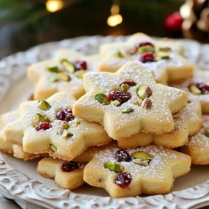 To make Cranberry Pistachio Shortbread Cookies, gather these simple ingredients: - 1 cup unsalted butter, softened - 1/2 cup powdered sugar - 2 cups all-purpose flour - 1/2 teaspoon fine sea salt - 1/4 teaspoon baking powder - 1/2 cup dried cranberries, coarsely chopped - 1/2 cup shelled pistachios, roughly chopped - 1 teaspoon pure vanilla extract - Additional powdered sugar for dusting (optional) Each ingredient plays a role in creating the perfect cookie. The unsalted butter gives it a rich flavor. Powdered sugar adds sweetness and helps create a tender texture. Flour forms the base, while salt and baking powder enhance the taste and structure. Dried cranberries and pistachios add color and crunch, making each bite delightful. Finally, vanilla extract provides a warm aroma. These ingredients are easy to find at your local store. They also allow you to create cookies that are both tasty and beautiful. Enjoy the process of mixing these items to make a treat everyone will love! {{ingredient_image_2}} - Preheat the oven to 350&deg;F (175&deg;C). - In a large bowl, cream together 1 cup of unsalted butter and 1/2 cup of powdered sugar. Mix until light and fluffy, about 3-4 minutes. - Pour in 1 teaspoon of pure vanilla extract and blend until mixed. - In another bowl, whisk together 2 cups of all-purpose flour, 1/2 teaspoon of fine sea salt, and 1/4 teaspoon of baking powder. - Gradually add these dry ingredients to the butter-sugar mixture. Stir gently until just combined. Be careful not to overmix the dough. - Fold in 1/2 cup of coarsely chopped dried cranberries and 1/2 cup of roughly chopped shelled pistachios. Make sure they are well mixed into the dough. - Divide the dough into two equal halves. Shape each half into a log, about 2 inches in diameter. Wrap each log in plastic wrap and chill in the refrigerator for at least 30 minutes. This helps the cookies keep their shape while baking. - After chilling, remove the logs from the refrigerator. Use a sharp knife to slice the logs into rounds, about 1/4 inch thick. - Place the sliced cookies on a baking sheet lined with parchment paper. Make sure to space them about an inch apart to allow for spreading. - Bake the cookies in the preheated oven for 12-15 minutes. You know they are done when the edges are lightly golden. Let them cool for a few minutes before moving them to a wire rack. To make your cookies just right, avoid overmixing the dough. When you add the flour, mix until it's just combined. This helps keep your cookies soft and tender. Next, chill the dough properly before slicing. Wrap your logs in plastic wrap and refrigerate for at least 30 minutes. This keeps your cookies from spreading too much while they bake. For a lovely display, arrange your cookies on a festive platter. This makes them look extra special. You can also garnish with extra cranberries and pistachios. This adds color and makes the platter pop. It's a great way to impress your friends and family. Feel free to experiment with different nuts! You can swap pistachios for walnuts or almonds for a new flavor. Another fun twist is to add orange zest to the dough. This gives your cookies a fresh, bright taste that pairs well with cranberries. Pro Tips Chill the Dough: Ensure you chill the dough for at least 30 minutes. This step is crucial for maintaining the cookie shape during baking. Uniform Slices: Use a sharp knife to cut the logs into even slices, ensuring consistent baking and texture across all cookies. Bake in Batches: If baking multiple trays, rotate them halfway through baking to ensure even cooking and browning. Flavor Variations: Feel free to experiment with different nuts or dried fruits to customize the flavor of your shortbread cookies. {{image_4}} You can change up the flavors in your cookies easily. Substitute dried cranberries with dried cherries or blueberries. This swap gives you a new taste while keeping the texture. You can also use different nuts. Try walnuts or almonds instead of pistachios. This update adds a unique crunch and flavor. If you need to make the cookies gluten-free, use almond flour or coconut flour. Both options work well and keep the cookies delicious. For a vegan version, swap regular butter with plant-based butter. You can also use sugar alternatives to maintain sweetness without animal products. Add some spices to your cookies for a holiday twist. Try cinnamon or nutmeg to warm up the flavors. For a special treat, top your cookies with a chocolate drizzle. This extra touch makes them feel more indulgent and festive. To keep your cranberry pistachio shortbread cookies fresh, store them at room temperature. Place them in an airtight container. This helps to keep them soft and tasty. You can also add a slice of bread inside the container. The bread will help absorb moisture and keep cookies from drying out. If you want to store them longer, consider refrigeration. Wrap the cookies in plastic wrap first. This helps prevent them from absorbing other flavors in the fridge. You can freeze both unbaked dough and baked cookies. For unbaked dough, shape it into logs and wrap them tightly in plastic wrap. Then, place them in a freezer bag. This keeps them fresh for up to three months. When you are ready to bake, slice the chilled dough straight from the freezer. Baked cookies can also be frozen. Place them in a single layer on a baking sheet until frozen. Transfer to an airtight container or freezer bag. To thaw, simply leave them at room temperature for about an hour. If stored correctly, your cookies will last about one week at room temperature. In the fridge, they can last up to two weeks. Always check for signs of spoilage. Look for any off smells or mold. If they feel hard or dry, it's time to toss them. Keep an eye on your cookies, and enjoy them fresh! To make these cookies, start by creaming 1 cup of softened butter with 1/2 cup of powdered sugar. Mix until fluffy. Add 1 teaspoon of pure vanilla extract. In a separate bowl, whisk 2 cups of all-purpose flour, 1/2 teaspoon of fine sea salt, and 1/4 teaspoon of baking powder. Gradually mix this into the butter-sugar mix. Finally, fold in 1/2 cup of coarsely chopped dried cranberries and 1/2 cup of roughly chopped pistachios. Shape the dough into logs, chill, slice, and bake at 350&deg;F for 12-15 minutes. To stop cookies from spreading, chill the dough for at least 30 minutes. This helps the butter firm up. Also, ensure you space the cookies at least one inch apart on the baking sheet. Using parchment paper can also help with easy removal and prevent sticking. Yes, you can make the dough ahead of time. After shaping it into logs, wrap them in plastic wrap and store in the fridge for up to three days. You can also freeze the logs for up to three months. Just thaw in the fridge before slicing and baking. You can use plant-based butter or margarine as a substitute for the butter. This can make the cookies dairy-free. However, the texture may vary slightly. Some people also use coconut oil, but this will change the flavor. To get a great crunch, make sure to cream the butter and sugar well. Also, avoid overmixing once you add the flour. Chilling the dough helps too. Bake until the edges are lightly golden. This creates a nice crunch without making them hard. In this post, we covered how to make delicious Cranberry Pistachio Shortbread Cookies. We listed key ingredients, step-by-step instructions, and shared helpful tips for perfect cookies. You learned about flavor swaps and dietary options to fit your needs. Remember, proper chilling and careful mixing can give you that perfect texture. Don&rsquo;t be afraid to get creative with flavors and presentations. Enjoy baking these treats today!