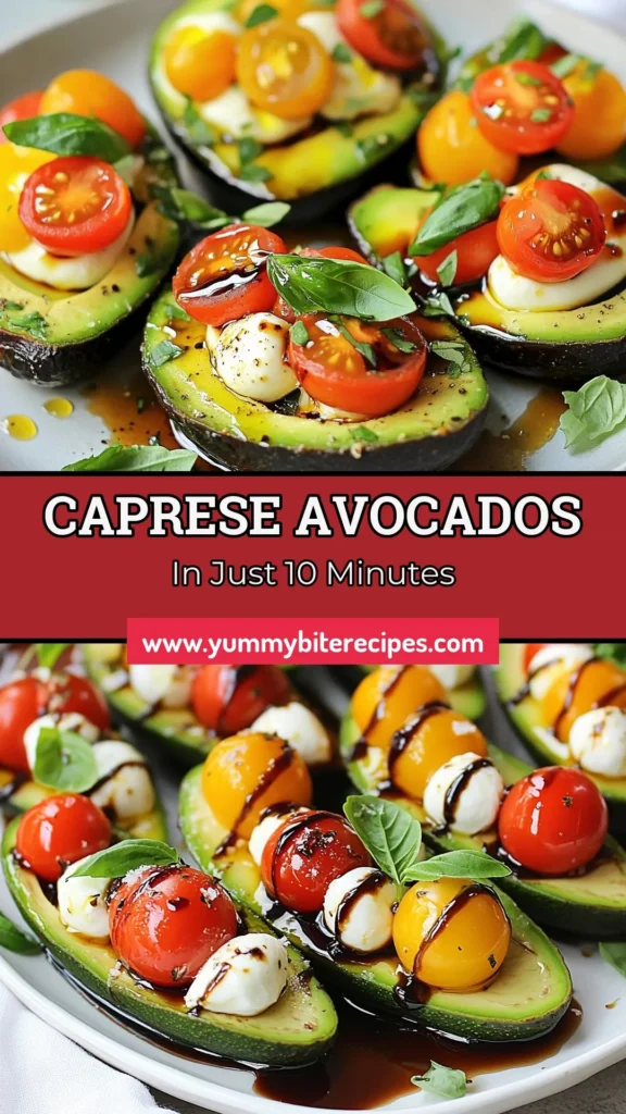 Discover the perfect appetizer with these Caprese stuffed avocados! This easy avocado recipe combines ripe avocados, fresh mozzarella salad, and cherry tomatoes, drizzled with balsamic glaze for a delicious twist. Ideal for healthy appetizers or a light snack, this dish comes together in just 10 minutes. Try this fresh and vibrant recipe today! Save for your next gathering! #CapreseStuffedAvocados #HealthyAppetizers #FreshMozzarellaSalad #EasyAvocadoRecipes