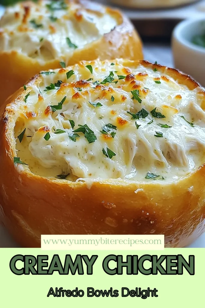 Elevate your dinner with these Chicken Alfredo Bread Bowls, a delightful combination of creamy chicken Alfredo served in crispy sourdough bread bowls. This creamy chicken Alfredo recipe features tender chicken coated in rich Alfredo sauce with chicken, making it a perfect comfort dish. Follow our baked bread bowl recipe for a fun and interactive meal that everyone will love. Save this recipe now and impress your family tonight! #ChickenAlfredoBreadBowls #SourdoughBreadBowls #CreamyChickenAlfredoRecipe #BakedBreadBowlRecipe