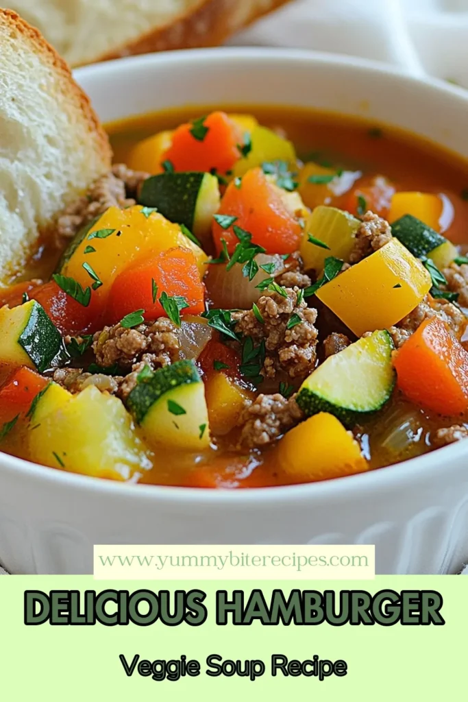 Warm up with this delightful Hearty Hamburger Vegetable Soup! This easy vegetable soup recipe features ground beef, nourishing veggies, and rich flavors, making it the perfect hearty soup with vegetables for any night. Discover how to create a comforting beef and vegetable soup packed with nutrition and taste. Save this recipe for a cozy meal that everyone will love! #HeartyHamburgerSoup #VegetableSoupRecipe #GroundBeefVegetableSoup #HeartySoupWithVegetables