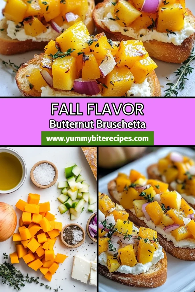 Elevate your fall gatherings with this delicious Butternut Squash Apple Bruschetta! This easy bruschetta topping combines roasted butternut squash and apple for a fabulous Apple Goat Cheese Appetizer. Perfect for your autumn soirées, it's a must-try among fall appetizer recipes. Make this roasted butternut squash appetizer today and impress your guests! Save this recipe and experience the flavors of fall! #ButternutSquashBruschetta #FallAppetizerRecipes #AppleGoatCheese #EasyBruschettaToppings