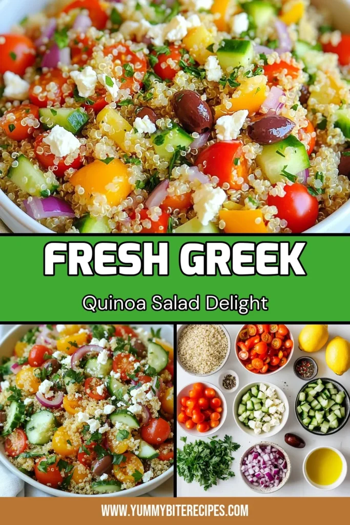 Discover the ultimate Greek quinoa salad that perfectly blends nutrition and flavor! This healthy quinoa salad recipe features fresh vegetables, feta cheese, and a zesty dressing, making it a delightful Mediterranean salad choice. Perfect for meal prep or a light lunch, it fits right into your collection of healthy quinoa recipes and vegetarian salads. Try this easy quinoa salad today and elevate your mealtime! Save for later! #QuinoaSalad #HealthyRecipes #GreekSalad #VegetarianSalads