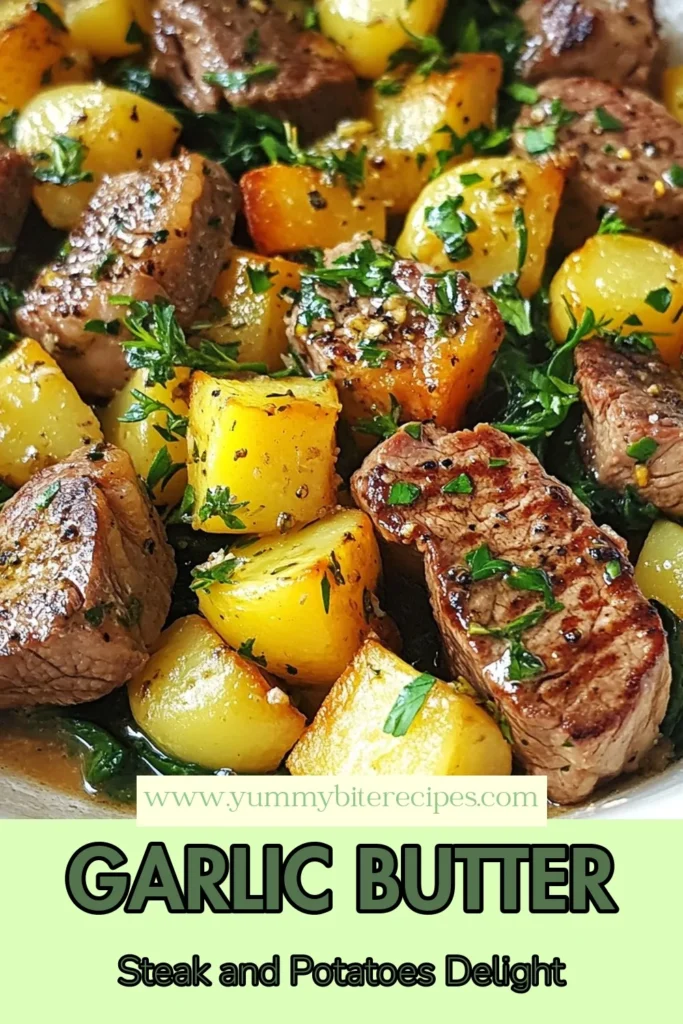 Discover the delicious Garlic Butter Steak and Potato Skillet, an easy skillet dinner that combines juicy steak and tender potatoes in one pan. This mouthwatering steak and potato recipe is perfect for busy weeknights and is sure to impress! Savor the rich flavors of garlic steak and potatoes, topped with fresh herbs. Ready in just 30 minutes, this one-pan steak meal will be a family favorite. Try it today and don’t forget to save for later! #GarlicButterSteak #SkilletDinner #OnePanMeal #EasyRecipes