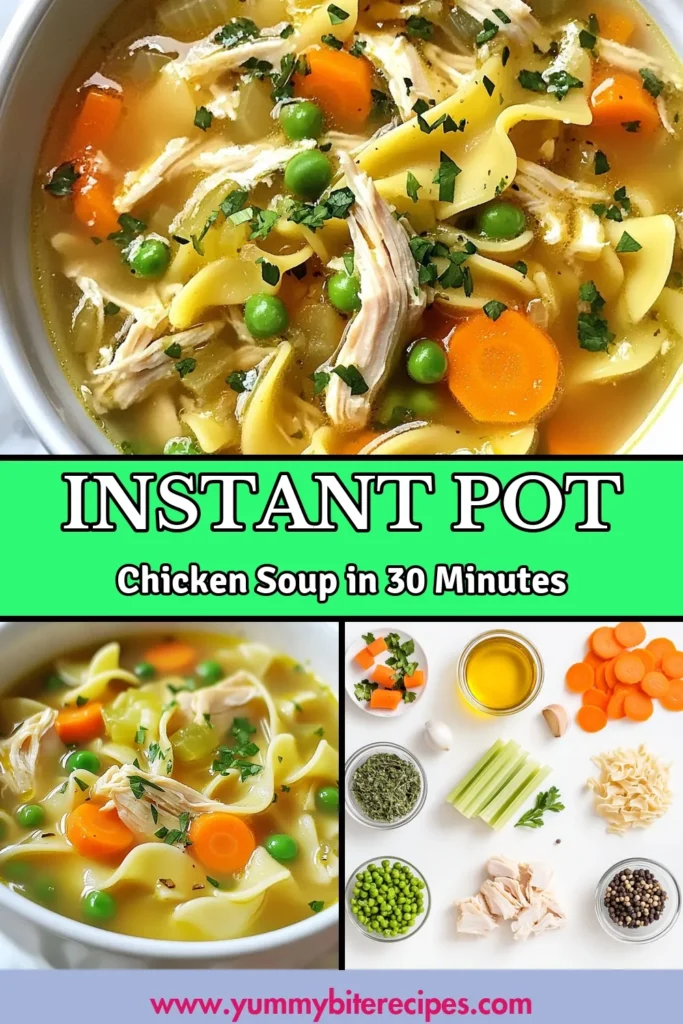 Warm up with this Instant Pot chicken noodle soup, the perfect cozy chicken soup recipe for chilly days! This easy chicken noodle soup comes together in just 30 minutes using rotisserie chicken for a quick and delicious meal. Packed with fresh veggies, egg noodles, and herbs, it's a nutritious option for busy weeknights. Save this quick soup recipe for your next family dinner and enjoy a comforting bowl of goodness! #InstantPot #ChickenNoodleSoup #SoupRecipes #CozyCooking