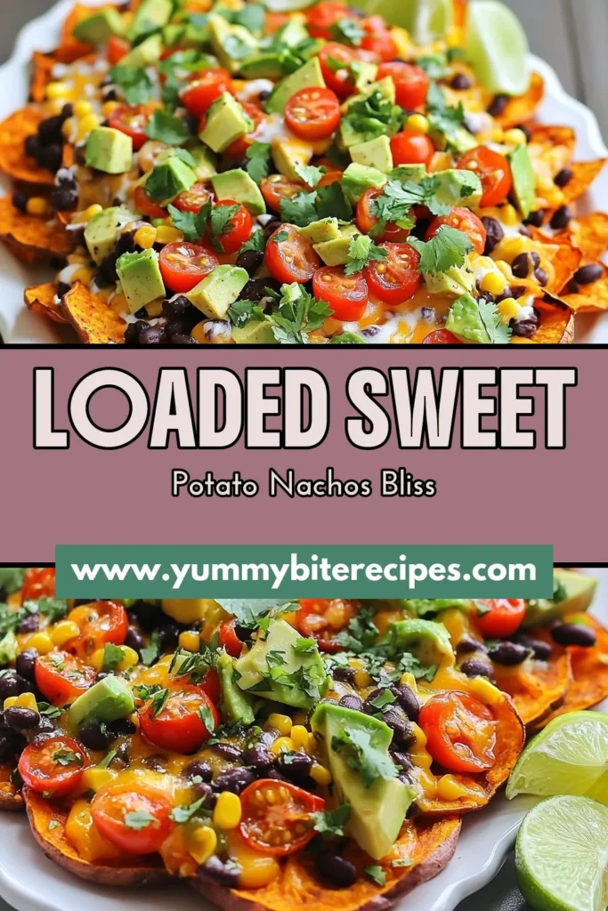 Satisfy your cravings with these Loaded Sweet Potato Nachos! This delicious Sweet Potato Nachos Recipe combines crispy, baked sweet potatoes with flavorful toppings like black beans, corn, and avocado, making them the perfect Vegetarian Nachos. Enjoy healthy nachos that are also dairy-free! Perfect for game day or a casual snack, these nachos are both nutritious and delicious. Click to save this recipe and enjoy! #LoadedSweetPotatoNachos #HealthyNachos #VegetarianNachos #DairyFreeNachos