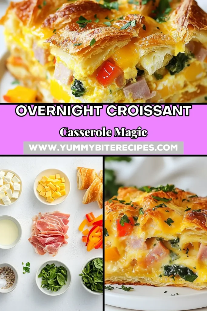 Elevate your breakfast game with this fluffy croissant casserole! This overnight breakfast casserole features torn croissants soaked in a creamy egg mixture, combined with hearty fillings like ham, bell peppers, and fresh spinach, topped with Gruyère cheese for that cheesy goodness. Perfect for any brunch, this savory croissant dish is one of the easiest breakfast recipes you'll love. Try it today! #BreakfastCasserole #CroissantRecipe #EasyBreakfast #BrunchIdeas