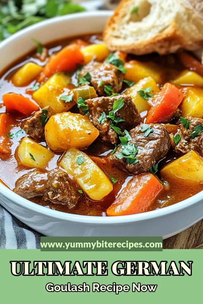 Discover the ultimate German goulash recipe that brings together tender beef and fresh vegetables for a comforting, hearty stew recipe. Perfect for cold nights, this traditional German meal is a satisfying comfort food recipe the whole family will love. Follow these easy steps to create your own delicious beef goulash at home. Save this recipe and spice up your dinner routine! #GermanGoulash #BeefGoulash #ComfortFoodRecipes #HeartyStewRecipe