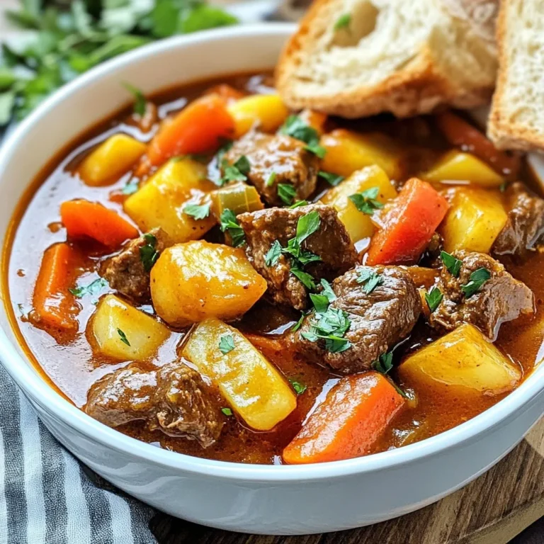 To make a true German goulash, you need these ingredients: - 2 lbs beef chuck, cut into 1-inch cubes - 2 tablespoons olive oil - 1 large onion, finely diced - 3 cloves garlic, minced - 2 tablespoons sweet paprika - 1 tablespoon caraway seeds - 4 medium potatoes, peeled and diced - 3 medium carrots, peeled and sliced - 1 bell pepper, diced (choose red or green for a pop of color) - 4 cups low-sodium beef broth - 1 can (14 oz) diced tomatoes, undrained - 2 tablespoons tomato paste - Salt and black pepper to taste These ingredients create a hearty and rich flavor. The beef chuck gives a tender bite, while the spices add warmth. You can enhance your goulash with these optional ingredients: - 1-2 bay leaves - 1 tablespoon Worcestershire sauce - 1 teaspoon smoked paprika Adding these will deepen the taste. Bay leaves bring a subtle aroma, and Worcestershire sauce adds a savory note. Before serving, consider these garnishes: - Fresh parsley, finely chopped - A dollop of sour cream - Crusty bread for dipping Garnishes not only add color but also elevate the dish. Fresh parsley adds brightness, while sour cream brings creaminess. Enjoy your goulash with warm bread for a complete meal! {{ingredient_image_2}} To start, gather your beef chuck. Cut it into 1-inch cubes. This size helps the beef cook evenly. In a large pot, heat 2 tablespoons of olive oil over medium-high heat. Add the beef cubes in batches. Do not overcrowd the pot. Sear the beef for 4-5 minutes until it turns brown on all sides. Once done, remove the beef from the pot and place it on a plate. Next, use the same pot to keep all the good flavors. Add the finely diced onion first. Sauté it for about 5 minutes until it is soft and translucent. Then add 3 cloves of minced garlic. Stir for another minute to let the garlic smell great, but don’t burn it. Now, it’s time to enhance the flavor! Sprinkle in 2 tablespoons of sweet paprika and 1 tablespoon of caraway seeds. Stir these spices for 1-2 minutes. This toasting brings out their best taste. Now, return your browned beef to the pot. Add 4 diced potatoes, 3 sliced carrots, and your choice of a diced bell pepper. Mix everything well so the veggies and beef blend together. Pour in 4 cups of low-sodium beef broth. Then, add a can of 14 oz diced tomatoes, undrained, and 2 tablespoons of tomato paste. Mix it all together. Season with salt and black pepper to your liking. Bring this mix to a boil, then lower the heat to let it simmer. Cover the pot and let it simmer for 1.5 to 2 hours. Stir occasionally. This slow cooking makes the beef tender and the veggies soft. When ready, check if the beef is fork-tender. If it is, your goulash is done! If the goulash looks too thick, add a little more broth or water until it’s just right. Before serving, taste it and adjust seasoning if needed. To get that true German taste, use sweet paprika. This spice gives a rich depth. Caraway seeds add a unique flavor. Don’t skip browning the beef. It seals in juices and adds color. Sauté your onions until they’re soft and slightly golden. This step builds a solid base for flavor. Always use low-sodium beef broth. It allows you to control the saltiness. One common mistake is overcrowding the pot. When you brown the beef, do it in batches. Overcrowding leads to steaming instead of browning. Another pitfall is not letting the goulash simmer long enough. This helps the flavors meld. If you add too much water, the dish can lose its richness. Taste and adjust seasoning as needed. Serve your German goulash in deep bowls. Accompany it with crusty bread for dipping. A side of pickled cucumbers can add a nice crunch. For drinks, consider a light German beer or a glass of red wine. Garnish with fresh parsley for a pop of color. This adds both taste and visual appeal. Enjoy each spoonful of this hearty meal! Pro Tips Choose the Right Cut: Opt for beef chuck as it becomes tender and flavorful through slow cooking, ensuring a rich goulash. Toast Your Spices: Always toast the paprika and caraway seeds briefly before adding other ingredients to enhance their aromas and flavors. Adjust Seasoning Gradually: Taste and adjust seasoning towards the end of cooking; it's easier to add salt and pepper than to correct an over-seasoned dish. Let It Rest: Allow the goulash to rest for about 10 minutes after cooking before serving; this helps the flavors meld together beautifully. {{image_4}} German goulash has many tasty twists. Each region adds its own flair. In Bavaria, cooks often use dark beer for depth. In Swabia, you might find a mix of pork and beef. The spices can also change. Some people add chili for a kick. Others prefer it mild with just paprika. Each version reflects local tastes and traditions. You can enjoy goulash without meat too! Use hearty mushrooms instead of beef for texture. Sweet potatoes or lentils can add protein and flavor. Replace beef broth with vegetable broth. This keeps the base rich and savory. You can still use all the classic spices. The dish stays warm and comforting for all. Germany has many local ingredients that can enhance goulash. In northern regions, you might find fish goulash. The fresh catch adds a unique taste. In the south, farmers may add local root vegetables. Carrots, parsnips, and turnips can make it heartier. Feel free to mix in what you love. Each ingredient makes the meal more personal and special. To store leftover German goulash, let it cool first. Place it in an airtight container. Make sure to cover it well. Store in the fridge for up to three days. If you want to keep it longer, freezing is a good option. When you’re ready to eat the goulash again, take it out of the fridge. Pour it into a pot and heat on low. Stir often to avoid burning. You can also use a microwave. Heat in a microwave-safe bowl, covered, for about 2-3 minutes. Stir halfway through. Make sure it’s hot all the way through before serving. For long-term storage, freeze the goulash in a freezer-safe container. Leave space at the top because it will expand when frozen. Label the container with the date. It can last up to three months in the freezer. To thaw, move it to the fridge overnight. Reheat as mentioned above. Enjoy your hearty meal whenever you want! German goulash comes from Hungary. It has roots in a dish called pörkölt. Over time, Germany added its own twists. Today, it blends rich flavors with hearty ingredients. You can find it in homes and restaurants alike. Yes, you can use other meats. Pork or turkey works well, too. Just cut them into cubes, like the beef. The cooking time may change slightly, so keep an eye on it. If your goulash is too thin, don't worry. You can add more diced potatoes or carrots. They will cook down and help thicken the sauce. Another option is to mix cornstarch with cold water and stir it in. - What can I serve with German Goulash? German goulash pairs well with crusty bread. You can also serve it over egg noodles or rice. A simple green salad adds a fresh touch. If you want more flavor, try a dollop of sour cream on top! In this article, we explored how to make authentic German goulash. We discussed key ingredients, cooking steps, and tips for great flavor. You learned about variations, storage methods, and common questions. Remember, using fresh ingredients and avoiding common mistakes can greatly improve your dish. Enjoy experimenting with different flavors and techniques. Your goulash will be a hit whether you stick with tradition or try something new. Happy cooking!