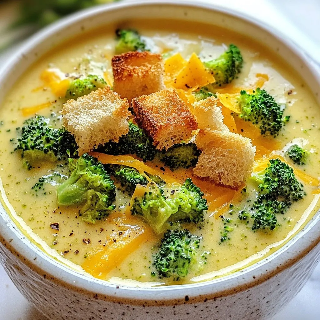 - 2 tablespoons unsalted butter - 1 small onion, finely diced - 2 cloves garlic, minced - 4 cups broccoli florets (fresh or frozen) - 4 cups vegetable broth - 1 cup carrots, sliced - 1 cup heavy cream - 2 cups sharp cheddar cheese, grated - 1 teaspoon Dijon mustard - Salt and freshly ground black pepper, to taste For my Broccoli Cheddar Soup, I find these ingredients essential. The unsalted butter starts the dish with a rich flavor. A small onion and two cloves of garlic add depth. Fresh or frozen broccoli makes it vibrant and healthy. I prefer using four cups of broccoli florets for a great texture. Next, we add four cups of vegetable broth. This gives the soup a warm base. I like to add one cup of sliced carrots for sweetness and color. To make it creamy, I stir in one cup of heavy cream. The star of the show is two cups of sharp cheddar cheese. This cheese melts beautifully and adds a rich taste. A teaspoon of Dijon mustard gives a subtle kick. Finally, I season with salt and freshly ground black pepper to balance the flavors. These ingredients come together to create a creamy and flavorful soup that warms the soul. {{ingredient_image_2}} Start by melting the butter in a large pot over medium heat. Once it melts, add the diced onion. Sauté the onion for about five minutes, stirring often. You want it to be soft and clear. Next, add the minced garlic to the pot. Sauté for one more minute. Be careful not to let it burn; we want a nice flavor. Now, it's time to add the broccoli florets and sliced carrots. Mix them well with the onion and garlic. They should be coated in that tasty butter. Pour in the vegetable broth and crank up the heat. Bring the mixture to a boil. Once it boils, lower the heat to let it simmer. Cook for about ten to fifteen minutes. You want the broccoli and carrots to be tender enough to poke with a fork. After the veggies are soft, grab your immersion blender. Blend the soup until it reaches the texture you like. If you want it creamy, blend it smooth. For a chunkier soup, blend just half of it. With the soup blended, stir in the heavy cream, Dijon mustard, and grated cheddar cheese. Mix it all together until the cheese melts. This makes the soup rich and creamy. Next, taste the soup. Now is the time to add salt and black pepper. Adjust the seasoning to match your taste. Serve the soup hot. Ladle it into bowls and add croutons on top for a nice crunch. Enjoy your delicious creation! To get the right texture in your soup, you can choose to blend it smooth or chunky. For a creamy finish, blend the soup completely until it feels velvety. If you like some texture, blend only half of it. This way, you keep some broccoli bits for a nice bite. Timing is key for tender veggies. Cook your broccoli and carrots for about 10 to 15 minutes. They should be fork-tender but not mushy. You want them to hold their shape and add a lovely mouthfeel. Adding the right seasonings can elevate your soup. Try a pinch of garlic powder or a sprinkle of paprika for warmth. Fresh herbs like thyme or parsley add a bright note. For toppings, croutons bring a great crunch. You can also add a sprinkle of extra cheese or a swirl of cream. These small touches make a big difference in flavor and presentation. Use a large pot for cooking the soup; it helps everything blend well. A pot of at least 4 quarts is great for this recipe. An immersion blender works wonders for blending your soup right in the pot. It's easy and saves time on cleanup. If you don’t have one, a regular blender will work too—just be careful with the hot soup! Pro Tips Use Fresh Broccoli: Fresh broccoli will give your soup a brighter flavor and better texture compared to frozen. Look for firm, vibrant green florets. Adjust Creaminess: For a lighter version, substitute half of the heavy cream with low-fat milk. This will still keep your soup creamy but reduce the calories. Enhance Flavor: Add a squeeze of fresh lemon juice just before serving to brighten the flavors and balance the richness of the cheese. Cheese Choice: Experiment with different types of cheese, such as Gruyere or a blend of cheeses, for a unique flavor profile in your creamy soup. {{image_4}} If you want a lighter soup, try dairy-free options. Coconut milk gives a nice creaminess without dairy. Nutritional yeast adds a cheesy flavor without the fat. You can also add more veggies. Spinach, kale, or cauliflower boost nutrition. These veggies blend well and add color to your soup. Want to spice things up? Add a pinch of cayenne for heat. Nutmeg gives a warm, cozy taste. You can also add protein to make your soup heartier. Cooked chicken or beans work well. They add texture and make the soup more filling. Cheddar soup can be more than one flavor. Try using smoked cheddar for a rich, smoky taste. Gouda brings a creamy, nutty flavor. Mixing different cheeses can make your soup unique. Each cheese adds its own twist, making every bowl special. After enjoying your soup, store leftovers in a container. I suggest using airtight glass containers. These keep the soup fresh and help avoid any strange smells. In the fridge, your soup stays tasty for about 3 to 4 days. Just make sure it cools to room temperature before sealing it up tight. Want to save your soup for later? You can freeze it! First, let the soup cool down. Then, pour it into freezer-safe bags or containers. Leave some space at the top for expansion. It can stay frozen for about 3 months. When you're ready to eat, thaw the soup in the fridge overnight. Heat it gently on the stove. Stir well to mix everything, as some ingredients may separate. Leftover soup can do more than just sit in the fridge. You can use it as a sauce over pasta. Just heat it up and mix it in! You can also pour some over baked potatoes for a tasty twist. If you want, add it to casseroles for extra flavor. Get creative and enjoy your soup in new ways! You can use several substitutes for heavy cream. Half-and-half gives a similar taste with less fat. Coconut milk adds a unique flavor, perfect for a dairy-free option. Silken tofu blended with a bit of water also works well. Each choice changes the taste slightly, so pick what you like best. Yes, you can! To make it in a slow cooker, start by sautéing the onion and garlic in a pan. Then, add all ingredients to the slow cooker. Set it on low for 6-8 hours or high for 3-4 hours. Blend it when it's done, and stir in the cheese and cream. You can thicken your soup in a few ways. Adding more cheese helps create a rich texture. You can also mix in a cornstarch slurry. Just mix cornstarch and water, then stir it in while the soup simmers. Finally, blending more of the soup creates a thicker base. Yes, Broccoli Cheddar Soup can be gluten-free. Just ensure your vegetable broth does not contain gluten. Most brands offer gluten-free options. The rest of the ingredients, like cheese and vegetables, are naturally gluten-free. Many sides complement Broccoli Cheddar Soup. A fresh garden salad adds crispness. Grilled cheese sandwiches are a classic choice. You could also serve it with crusty bread for dipping. Try adding some roasted veggies for a colorful plate. Broccoli cheddar soup is a warm and comforting dish you can easily make. We covered essential ingredients, from butter and cheese to fresh broccoli. I shared step-by-step instructions for preparing, cooking, and blending. You learned tips for achieving the perfect texture and flavor enhancements. With simple variations and storage tips, you can enjoy this soup in many ways. Try new ingredients or make it your own. Enjoy your cooking and savor every spoonful!