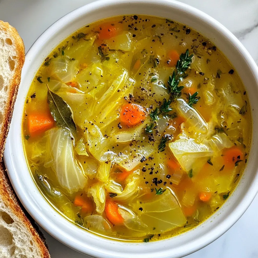 To make classic cabbage soup, you need the following ingredients: - 1 medium head of green cabbage, finely chopped - 2 large carrots, diced into small cubes - 1 large onion, finely chopped - 3 cloves garlic, minced - 4 stalks celery, diced into small pieces - 1 can (14 oz) diced tomatoes, including their juice - 6 cups vegetable broth, preferably low-sodium - 2 teaspoons dried thyme - 1 teaspoon smoked paprika - 1 bay leaf - Salt and black pepper, to taste - 2 tablespoons extra virgin olive oil - Fresh parsley, finely chopped (for garnish) If you need to swap ingredients, here are some ideas: - Cabbage: Use kale or Swiss chard for a different green. - Carrots: Sweet potatoes work well for a sweeter taste. - Vegetable broth: Chicken broth adds a richer flavor if you are not vegetarian. - Dried thyme: Oregano or basil can create a nice change. - Olive oil: Avocado oil or any neutral oil can be used. This soup is not just tasty; it’s also healthy. Here is a rough breakdown per serving: - Calories: 120 - Protein: 4g - Fat: 5g - Carbohydrates: 18g - Fiber: 4g - Sodium: 500mg (varies with broth) - Vitamin C: High, due to cabbage and tomatoes - Iron: Good source from vegetables Classic cabbage soup offers a great way to enjoy a healthy meal full of flavor! {{ingredient_image_2}} Start by washing all your vegetables. I like to chop the cabbage first. A medium head of green cabbage works best. Finely chop it and set it aside. Next, take two large carrots and dice them into small cubes. This adds great sweetness. Then, finely chop one large onion and mince three cloves of garlic. The aroma of garlic and onion will make your kitchen smell amazing. Finally, dice four stalks of celery into small pieces. These veggies will create a great base for your soup. In a large pot or Dutch oven, add two tablespoons of extra virgin olive oil. Warm the oil over medium heat until it shimmers. Add the chopped onion and minced garlic. Sauté them for about three to four minutes. Stir them occasionally until the onion turns soft and clear. Then, add the diced carrots and celery. Cook them for five more minutes. They should start to soften. Now, fold in the chopped cabbage. Mix it well with the other veggies. Next, pour in one can of diced tomatoes, including their juice. Add six cups of low-sodium vegetable broth. Stir everything together well. Now, sprinkle in two teaspoons of dried thyme, one teaspoon of smoked paprika, and one bay leaf. Season with salt and black pepper to your taste. Increase the heat to bring the soup to a rolling boil. Once it boils, reduce the heat to low. Let it simmer uncovered for about 30 to 35 minutes. The cabbage should be tender, and the flavors should meld. Timing is key for great soup. Make sure your pot is at the right heat. You want a gentle simmer, not a raging boil. This helps the flavors blend well. If you stir occasionally, it helps everything cook evenly. Always taste your soup before serving. Adjust seasoning with more salt or pepper if needed. Remember to remove the bay leaf before serving. For the best presentation, garnish with fresh parsley. This adds color and freshness to each bowl. To boost the taste of your cabbage soup, try these ideas: - Add herbs: Fresh herbs like dill or basil can brighten the flavor. - Use broth wisely: Low-sodium vegetable broth brings out the natural tastes. - Spice it up: A touch of red pepper flakes adds warmth without overpowering. - Finish with acid: A splash of lemon juice or vinegar brightens the soup. These tips will help you create a more vibrant and tasty dish! Avoiding common mistakes can make a big difference: - Don’t rush the sauté: Letting onions and garlic soften enhances the flavor. - Chop evenly: Cut vegetables to similar sizes for even cooking. - Watch the salt: Season gradually to avoid over-salting the soup. - Skip the bay leaf too soon: Remember to remove it before serving. Steering clear of these errors will lead to a more delicious soup. Using the right tools helps you cook efficiently: - Large pot or Dutch oven: This allows ample space for ingredients to simmer. - Sharp knife: A good knife makes chopping faster and safer. - Cutting board: A sturdy board is key for prepping your veggies. - Ladle: Perfect for serving up warm bowls of soup. These tools will enhance your cooking experience and make the process smoother. Pro Tips Cut Cabbage Efficiently: To finely chop cabbage with ease, cut it into quarters, remove the core, and then slice it thinly. This method helps achieve even cooking and a better texture in the soup. Enhance Flavor Depth: For a richer flavor, consider adding a splash of apple cider vinegar or a squeeze of lemon juice just before serving. This brightens the soup and balances the flavors beautifully. Customize Vegetables: Feel free to include additional vegetables like bell peppers, zucchini, or green beans. This not only adds nutritional value but also enhances the color and texture of your soup. Make It Heartier: If you prefer a more filling soup, add cooked beans, lentils, or even diced potatoes to the mix. This will provide extra protein and make the soup more satisfying. {{image_4}} You can easily make this soup vegetarian or vegan. Simply use vegetable broth instead of chicken broth. This recipe is already packed with veggies, so you have a great base. Add more vegetables like bell peppers or zucchini for extra flavor. You can also toss in some beans for added protein and fiber. Lentils work well too! If you want more protein in your soup, add beans or meat. For beans, navy beans or kidney beans are great choices. Simply drain and rinse a can before stirring them in during the last 10 minutes of cooking. If you prefer meat, feel free to add cooked chicken or ground turkey. Brown the meat first and then add it with the veggies for a heartier soup. Want a kick in your soup? Try adding some heat! You can mix in red pepper flakes or fresh chopped jalapeños. Adding a dash of hot sauce can also spice things up. If you love bold flavors, consider adding curry powder or a splash of lime juice for a unique twist. These changes will not only enhance the taste but also make your soup exciting and lively. To store leftover cabbage soup, let it cool first. Use an airtight container to keep it fresh. Fill the container, leaving some space at the top. This space helps with expansion when freezing. You can keep it in the fridge for up to five days. If you want to freeze the soup, use freezer-safe containers. Make sure to label each container with the date. The soup can last up to three months in the freezer. To reheat, thaw it in the fridge overnight. Then, warm it on the stove over low heat. Stir it often to heat evenly. The shelf life of cabbage soup depends on how you store it. In the fridge, it lasts five days. If frozen, it stays good for three months. Always check for signs of spoilage before eating. If the soup smells sour or looks different, it’s best to throw it away. Cabbage soup is very healthy. It is low in calories and high in fiber. This soup can help with digestion and weight loss. Cabbage is rich in vitamins C and K, which boost your immune system. The carrots add beta-carotene, good for your eyes. The soup is also hydrating, thanks to the broth and veggies. Eating cabbage soup can make you feel full without many calories. Yes, you can make cabbage soup in a slow cooker. Start by sautéing the onion and garlic in a pan. Then add all the ingredients to the slow cooker. Pour in the broth and stir well. Set your slow cooker on low for 6-8 hours. You can also cook it on high for 3-4 hours. This method allows the flavors to blend nicely. It’s a great way to save time and enjoy a warm meal later. To make cabbage soup less watery, try these tips. First, sauté the vegetables longer to release their moisture. You can also drain the canned tomatoes before adding them. If the soup is still watery, you can simmer it uncovered for a while. This evaporation process thickens the soup. Adding a bit of tomato paste can also help. It gives flavor and thickens the mix without extra water. In this blog post, we explored how to make delicious cabbage soup. We covered key ingredients and their substitutes for a healthy meal. I shared step-by-step instructions for cooking and offered tips to avoid common mistakes. You learned about variations to suit different diets and how to store leftovers properly. In conclusion, cabbage soup is versatile and easy to make. With a few tweaks, you can enjoy it any way you like. Happy cooking!
