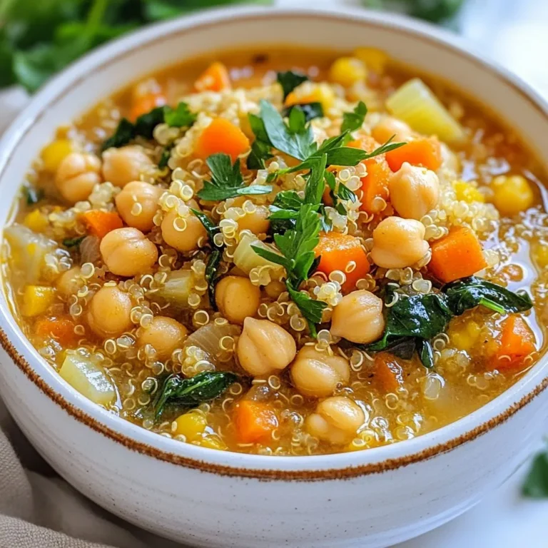 High-protein soups are great for meals. They give you energy and help your body. My favorite is the Chickpea and Quinoa Stew. This stew is easy to make and packed with flavor. It uses hearty ingredients that fill you up. The chickpeas and quinoa are both rich in protein. Eating high-protein soups can help you feel full longer. They can boost muscle growth and keep you healthy. Here are some benefits: - Weight Management: High-protein meals may help control your appetite. - Muscle Repair: Protein is key for recovery after exercise. - Nutrient-Rich: These soups often include vegetables, adding vitamins and minerals. - Versatile: You can change the ingredients to suit your taste. This stew is not just tasty; it's healthy too. Here’s what you get per serving: - Calories: About 240 - Protein: 10 grams - Fiber: 8 grams - Fat: 7 grams - Carbohydrates: 36 grams These numbers show that the stew is well-balanced. It has protein, fiber, and healthy fats. You can enjoy a bowl knowing it’s good for you! {{ingredient_image_2}} - 1 cup cooked chickpeas (canned or boiled) - 1/2 cup quinoa, thoroughly rinsed - 4 cups vegetable broth (homemade or store-bought) - 1 medium onion, finely diced - 2 cloves garlic, minced - 1 medium carrot, diced - 1 celery stalk, diced - 1 cup fresh spinach, roughly chopped - 1 teaspoon ground cumin - 1 teaspoon smoked paprika - 1 tablespoon extra virgin olive oil - Salt and black pepper to taste These ingredients work together to create a hearty and filling stew. Chickpeas and quinoa provide protein, while veggies add fiber and nutrients. - Fresh parsley, chopped (for garnish) Garnishes can elevate your dish. Fresh parsley adds color and a burst of flavor. - Use any canned beans if chickpeas are unavailable. - Substitute quinoa with brown rice or bulgur for a different texture. - If you don’t have vegetable broth, water works fine, but add more spices. These swaps keep the dish flexible and fun. You can always mix it up based on what you have at home. 1. Start by gathering your ingredients. You will need: - 1 cup cooked chickpeas - 1/2 cup quinoa - 4 cups vegetable broth - 1 medium onion - 2 cloves garlic - 1 medium carrot - 1 celery stalk - 1 cup fresh spinach - 1 teaspoon ground cumin - 1 teaspoon smoked paprika - 1 tablespoon extra virgin olive oil - Salt and black pepper - Fresh parsley (for garnish) 2. Rinse the quinoa well under cold water. This step removes the bitter coating called saponin. 3. Dice the onion, carrot, and celery into small pieces. Mince the garlic. 1. In a large pot, heat the olive oil over medium heat. Wait until it shimmers. 2. Add the diced onion, carrot, and celery to the pot. Sauté for 5-7 minutes. Stir often. Cook until the vegetables are tender and onions are clear. 3. Add the minced garlic to the pot. Cook for one more minute. This step brings out the garlic's great flavor. 4. Now, add the rinsed quinoa and vegetable broth. Stir everything to mix well. 5. Increase the heat. Bring the mixture to a boil. Once boiling, lower the heat to a gentle simmer. 6. Add the cooked chickpeas, ground cumin, and smoked paprika. Cover the pot and let it cook for 15-20 minutes. The quinoa will become fluffy. 7. When the quinoa is done, turn off the heat. Gently fold in the chopped spinach. The heat will help it wilt nicely. 8. Taste the stew. Add salt and black pepper to your liking. 1. Serve the stew warm in deep bowls. 2. Garnish with freshly chopped parsley for a pop of color. 3. Drizzle some olive oil on top for extra flavor. 4. Pair with crusty bread for a hearty meal. Enjoy your nutritious dish! Pro Tips Tip Title: Use Fresh Ingredients: Whenever possible, opt for fresh vegetables and herbs to enhance the flavor and nutritional value of your stew. Tip Title: Adjust the Spices: Feel free to adjust the amount of cumin and smoked paprika according to your taste preferences for a customized flavor profile. Tip Title: Make it Creamy: For a creamier texture, stir in a splash of coconut milk or a dollop of yogurt just before serving. Tip Title: Leftover Magic: This stew tastes even better the next day! Store leftovers in the fridge for an easy, delicious meal. {{image_4}} To boost the taste, use fresh herbs. Try basil or cilantro. They add a bright note. Squeeze in lemon juice for zing. You can also add a dash of hot sauce for heat. Toast spices like cumin and paprika in the pot for deeper flavor. Use a large pot for even cooking. A wooden spoon helps mix ingredients well. A sharp knife is key for chopping veggies. Also, a measuring cup ensures you add the right amount of quinoa and broth. A ladle is great for serving. Don’t skip rinsing the quinoa; it removes bitterness. Avoid overcooking the veggies; they should stay crisp. Make sure to season well, but taste as you go. If you add salt too early, it can overpower the stew. Lastly, let the stew sit after cooking; it helps flavors meld. You can easily swap chickpeas for other proteins. Try lentils, black beans, or white beans. Each option brings a unique taste and texture. You can also add diced chicken or turkey for a meatier dish. If you want a vegan option, tofu works well too. Just cube it and stir it in during the last few minutes of cooking. This adds more protein and keeps it healthy. This stew is great for adding different vegetables. You can use zucchini, bell peppers, or even sweet potatoes. Just chop them up and add them with the other veggies. If you like greens, kale or Swiss chard can replace spinach. They add color and extra nutrients. You can also stir in frozen peas or corn for a sweet touch. These changes make your stew colorful and full of flavor. If you love spice, you can kick up the heat! Add chopped jalapeños or red pepper flakes for a fiery twist. A dash of hot sauce can also bring warmth. You might even want to try a bit of curry powder for a whole new flavor. Just remember to start with a little and taste as you go. Adjust the spice level to suit your taste. These spicy changes will keep your taste buds excited! You can boost protein in your soup easily. First, try adding more chickpeas or quinoa. Both are great sources of protein. You can also mix in lentils or beans for extra protein. If you like meat, consider adding cooked chicken or turkey. For a plant-based option, toss in some tofu or tempeh. Using a protein-rich broth can also help. Yes, you can freeze high-protein soups. Just make sure to cool the soup first. Use airtight containers or freezer bags. Leave some space at the top for expansion. Soups can last up to three months in the freezer. When ready to eat, thaw the soup in the fridge overnight. Reheat it on the stove or in the microwave. For quick soups, use a pressure cooker or an Instant Pot. These methods cut down cooking time a lot. You can also use a slow cooker for a hands-off approach. Just set it and forget it! If you need something fast, try using canned beans and pre-cooked grains. This makes your soup ready in under 30 minutes. High-protein soups, like chickpea and quinoa stew, are tasty and healthy. They boost your meals with protein and essential nutrients. You learned about the benefits, ingredients, and cooking steps for this hearty dish. Remember to play with flavors and make it your own. Use the tips and variations to improve your cooking. For a quick meal, don't hesitate to freeze leftovers. Enjoy making and sharing these soups!