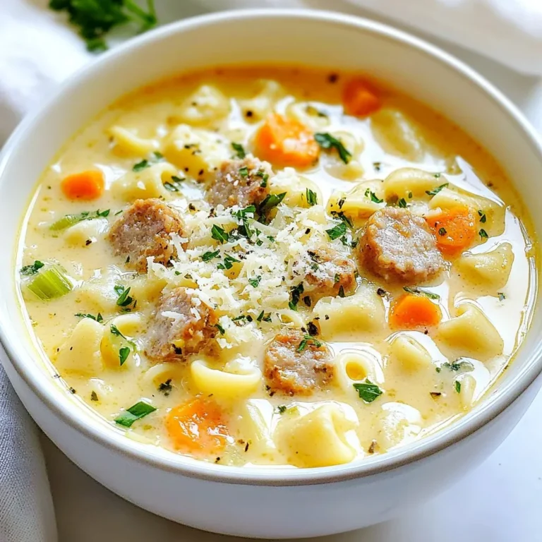 - 1 tablespoon olive oil - 1 pound Italian sausage (sweet or spicy) - 1 medium onion, finely diced - 3 cloves garlic, minced - 3 medium carrots, peeled and diced - 2 stalks celery, diced - 6 cups chicken broth - 1 cup ditalini pasta - 1 cup heavy cream - 1 cup grated Parmesan cheese - 1 teaspoon dried thyme - 1 teaspoon dried oregano - Salt and freshly ground black pepper - Fresh parsley, finely chopped Choose high-quality ingredients to enhance flavor. Look for fresh vegetables, firm sausage, and good broth. Freshly grated Parmesan adds a rich taste. Opt for low-sodium chicken broth for better control of salt. For gluten-free versions, use gluten-free pasta or rice. For a vegetarian option, swap sausage with plant-based meat or mushrooms. You can use vegetable broth instead of chicken broth. Swap heavy cream for coconut milk or cashew cream for a dairy-free choice. {{ingredient_image_2}} Start by heating one tablespoon of olive oil in a large pot over medium heat. Once the oil shimmers, add one pound of Italian sausage, breaking it apart with a wooden spoon. Cook this for about 5 to 7 minutes. Stir often until it turns brown and is fully cooked. Next, add in one finely diced onion, three minced garlic cloves, three diced carrots, and two diced celery stalks. Sauté this mix for about 5 minutes. You want the veggies to become tender and fragrant. Now, pour in 6 cups of chicken broth and turn up the heat. Bring the mix to a rolling boil. Once boiling, toss in 1 cup of ditalini pasta and reduce the heat to medium. Cook the pasta according to the package directions, usually about 8 to 10 minutes. Stir occasionally to stop it from sticking. After your pasta is cooked, lower the heat again. Stir in 1 cup of heavy cream and 1 cup of grated Parmesan cheese. Mix well until the cheese melts into the soup and makes it creamy. If it’s too thick, add a bit more broth or water. Season the soup with 1 teaspoon of dried thyme, 1 teaspoon of oregano, and salt and pepper to taste. Let it simmer for an extra 5 minutes to blend all the flavors. Finally, take the pot off the heat. Serve each bowl with a sprinkle of chopped parsley for a fresh touch. - Heat olive oil on medium heat. - Cook the sausage for 5 to 7 minutes. - Sauté the veggies for about 5 minutes. - Boil the broth and pasta for 8 to 10 minutes. - Simmer the soup with seasonings and cream for 5 minutes. - Large heavy-bottomed pot - Wooden spoon for stirring - Measuring cups and spoons - Knife and cutting board for chopping - Ladle for serving the soup To make Creamy Parmesan Sausage Ditalini Soup shine, use fresh ingredients. Fresh herbs, like thyme and parsley, bring bright flavors. Choose high-quality Parmesan cheese for a rich taste. Sauté the sausage until it’s browned, adding depth to the soup. Stir often to let the vegetables cook evenly. Each step builds layers of flavor in your dish. For a creamy soup, add the heavy cream after cooking the pasta. This keeps the cream from curdling. If it gets too thick, add extra chicken broth or water. For a silkier texture, blend a small portion of the soup and stir it back in. This adds body while keeping some chunks for texture. Avoid cooking the pasta too long. You want it al dente, which means it should still have a slight bite. If you overcook it, the pasta can turn mushy. Another mistake is not seasoning enough. Tasting as you cook is key. Adjust salt and pepper to enhance the flavors. Lastly, don’t skip the final simmer. This melds all the flavors together, making the soup truly delicious. Pro Tips Use Quality Ingredients: Always choose high-quality Italian sausage and fresh herbs for the best flavor in your soup. Adjust Thickness: If your soup is too thick after adding cream, simply add a bit more chicken broth or water to achieve your desired consistency. Perfectly Cooked Pasta: To prevent mushy pasta, cook the ditalini just until al dente before adding the cream; it will continue to cook slightly in the soup. Enhance with Toppings: For added flavor and visual appeal, consider topping each bowl with extra Parmesan and a drizzle of olive oil before serving. {{image_4}} Sausage can change the whole taste of your soup. I love using Italian sausage, either sweet or spicy. Sweet sausage gives a mild flavor. Spicy sausage adds a kick that wakes up your taste buds. You can also try other types, like chorizo for a smoky touch. Chicken or turkey sausage works too for a leaner choice. Each type gives a unique flavor profile and can change how rich the soup feels. Feel free to add more veggies to your soup. Spinach or kale can boost nutrition and color. You can swap the carrots or celery for zucchini or bell peppers. Each veggie adds different flavors and textures. If you want a heartier soup, try adding potatoes or corn. You can even toss in some beans for extra protein. The options are endless, so mix and match to find your favorite blend. If you want a lighter soup, use half-and-half or a lower-fat cream. You can also replace heavy cream with coconut milk for a dairy-free option. For dairy-free cheese, try nutritional yeast or vegan cheese. This gives a cheesy flavor without the cream. You can still keep it rich and tasty while making it fit your dietary needs. Don’t be afraid to experiment! To keep your soup fresh, let it cool first. Divide it into smaller containers. Use airtight containers for the best results. Label each container with the date. Store it in the fridge for up to three days. For longer storage, consider freezing it. For freezing, use freezer-safe containers. Leave some space at the top. This allows the soup to expand as it freezes. When you want to eat it, take it out of the freezer. Place it in the fridge overnight to thaw. If you're in a hurry, you can thaw it in the microwave. Make sure to stir often for even thawing. Reheat your soup on the stove for the best taste. Pour it into a pot and warm it over low heat. Stir often to prevent sticking. If the soup is too thick, add a bit of broth or water. You can also use the microwave. Heat it in short bursts, stirring in between. This keeps the flavor and texture just right. Yes, you can! Other small pasta shapes work well. Try elbow macaroni or small shells. Just make sure to adjust the cooking time based on the pasta. If you pick a larger shape, cook it a bit longer. Remember, the goal is tender pasta that blends well with the soup. To add spice, use spicy Italian sausage. You can also add red pepper flakes or diced jalapeños. Start with a small amount and taste as you go. You can always add more spice, but it's hard to take it out. Enjoy a warm kick with each spoonful! This soup pairs great with crusty bread. A nice slice of sourdough or a warm baguette works well. You can also serve a simple salad with a light dressing on the side. These options balance the soup's creaminess and make for a complete meal. Enjoy! This blog post provided a complete guide to making Creamy Parmesan Sausage Ditalini Soup. We discussed key ingredients, cooking steps, and tips for great flavor. I shared ways to tailor the soup for dietary needs and how to store it well. In conclusion, with the right ingredients and steps, you can craft a warm bowl of happiness. Enjoy the cooking process and make this soup your own!