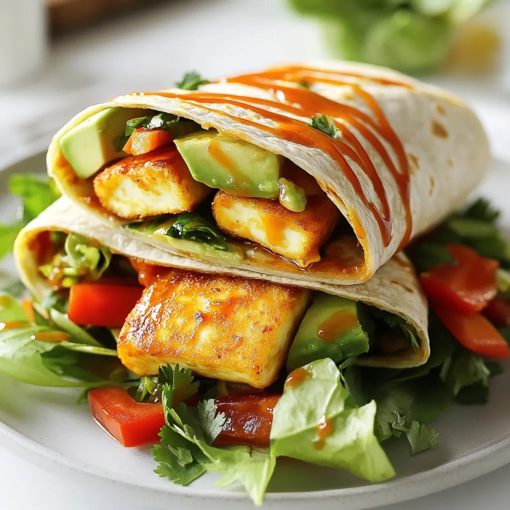 - 250g halloumi cheese, sliced into 1cm thick pieces - 4 whole wheat wraps - 1 cup mixed salad greens (choose from spinach, arugula, or lettuce) - 1 red bell pepper, thinly sliced into strips - 1 ripe avocado, sliced - 1 medium carrot, julienned (cut into thin strips) These main ingredients create a tasty and colorful wrap. Halloumi cheese gives a nice salty flavor and a unique texture. The whole wheat wraps add fiber and nutrients. The mixed salad greens bring freshness and crunch. Red bell pepper adds sweetness and color. Avocado makes the wrap creamy and rich. Finally, the carrot adds a nice crunch and bright color. - Sweet chili sauce variations - Additional herbs for garnish You can change the sweet chili sauce to suit your taste. Try a spicy version or add a bit of lime. Fresh herbs like cilantro or parsley make great garnishes. They add flavor and make the dish look pretty. - Olive oil - Salt and black pepper Use olive oil to cook the halloumi. It adds flavor and helps it crisp up. Season with salt and black pepper for extra taste. Adjust the amount based on your preference. A little salt really brings out the flavor of the other ingredients. {{ingredient_image_2}} To cook halloumi cheese perfectly, start by heating a non-stick skillet over medium heat. Add one tablespoon of olive oil. Wait until the oil shimmers. Then, carefully place the halloumi slices in the skillet. Cook them for about 2-3 minutes on each side. You want them golden brown and crispy. For the best color and crispiness, avoid crowding the pan. This allows each slice to get enough heat. If the slices touch, they may steam instead of crisp. Keep an eye on them. The perfect halloumi should be golden and firm. Now, let’s layer the wraps. Lay out your whole wheat wraps on a clean surface. Start by spreading one tablespoon of sweet chili sauce evenly across each wrap. Use the back of a spoon for this. Next, add a handful of mixed salad greens on top of the sauce. Then, add the red bell pepper strips. Slice your ripe avocado and place it next. Finally, sprinkle the julienned carrot across each wrap. This creates a colorful display. After the halloumi is cooked, add a few crispy slices to each wrap. This adds a tasty flavor boost. Season each wrap with a pinch of salt and black pepper. Finish with fresh cilantro or parsley for an extra pop. To fold the wraps, start by folding in the sides. This keeps the fillings from falling out. Then, roll the wrap tightly from the bottom to the top. Make sure it is secure. If you want a warm wrap, return the assembled wraps to the skillet. Heat them for 1-2 minutes on each side. This warms them through and gives a slight crisp on the outside. For a great presentation, slice each wrap in half diagonally. Arrange them on a platter. Drizzle extra sweet chili sauce on top and sprinkle sesame seeds for added texture. Enjoy! Cook halloumi for about 2-3 minutes per side. You want it golden and crispy. This gives it a nice texture. To prevent sticking, use a non-stick skillet. Heat the olive oil until it shimmers. This helps the cheese cook evenly without sticking. To make your wraps even better, try adding sliced jalapeños for spice. You can also sprinkle sesame seeds for a nutty taste. For a homemade sweet chili sauce, mix 1/4 cup of honey, 1 tablespoon of soy sauce, and a dash of vinegar. This easy sauce adds a fresh kick. For a great look, slice each wrap diagonally. Arrange them on a plate to show the colorful filling. Drizzle some extra sweet chili sauce on top. A sprinkle of sesame seeds can add texture. Fresh herbs like cilantro or parsley make it pop. Pro Tips Choose Fresh Halloumi: For the best flavor and texture, select halloumi that is fresh and has a firm texture. This will ensure it holds its shape when cooking. Customize Your Veggies: Feel free to add or substitute any veggies you like! Cucumbers, radishes, or even shredded cabbage can add a nice crunch and flavor profile. Make It Spicy: If you enjoy a kick, add some sliced jalapeños or a dash of hot sauce to the wraps for added heat that pairs beautifully with the sweet chili sauce. Experiment with Sauces: While sweet chili sauce is delicious, you can also try tzatziki, hummus, or a spicy sriracha mayo for different flavor combinations. {{image_4}} You can switch halloumi cheese for other tasty proteins. Feta cheese works well for a salty kick. If you want a vegan choice, try grilled tofu. It absorbs flavors and adds protein. Another option is chickpeas. They are rich in protein and add a nice crunch. Each of these choices gives a different twist to your wraps. Feel free to mix up the veggies in your wraps. Instead of red bell pepper, you can use yellow or green peppers. Zucchini slices or cucumbers bring a fresh taste. For greens, try kale or romaine lettuce for a different bite. If you want a new sauce, try sriracha for heat or a yogurt sauce for creaminess. These swaps can change the whole feel of your meal. Pair your wraps with fresh fruit or a light salad. A side of sweet potato fries gives a nice contrast. For drinks, try a sparkling water with lime. A light iced tea also works well. These choices will make your meal feel special and well-rounded. To keep your Sweet Chili Halloumi Wraps fresh, wrap them tightly in plastic wrap. Place them in an airtight container. This helps keep the flavors locked in. Store them in the fridge for up to three days. If you want them to last longer, consider freezing. To reheat your wraps, preheat a skillet over medium heat. Place the wraps in the skillet for about 2-3 minutes on each side. This method keeps them crispy. Avoid using a microwave, as it can make them soggy. If you want a quick option, a toaster oven works well too. If you want to freeze the wraps, assemble them but skip the cooking step. Wrap each one in plastic wrap, then place them in a freezer-safe bag. This helps keep the halloumi and veggies fresh. They can last up to a month in the freezer. When you're ready to eat, thaw them in the fridge overnight and cook as usual. Yes, you can make these wraps ahead of time. Cook the halloumi and let it cool. Assemble the wraps fully, but do not add the sauce yet. Wrap them tightly in foil or plastic wrap. Store them in the fridge for up to 2 days. When ready to eat, drizzle the sweet chili sauce and warm them in a skillet. If you need a substitute for halloumi, try using feta cheese. Feta is crumbly but adds a great flavor. You can also use grilled tofu for a plant-based option. It has a nice texture and absorbs flavors well. Another choice is paneer, which has a similar texture but a milder taste. Yes, Sweet Chili Halloumi Wraps are great for meal prepping. You can prepare the halloumi and veggies ahead. Store them in separate containers. When ready to eat, just assemble the wraps and add sauce. This keeps everything fresh and tasty. You can mix and match ingredients for variety throughout the week. Sweet Chili Halloumi Wraps are a great meal. We explored key ingredients like halloumi, fresh veggies, and flavorful sauces. I shared simple steps to prepare, assemble, and serve these tasty wraps. We also covered tips for cooking halloumi, flavor ideas, and different variations to try. You can store and reheat these wraps easily, making them perfect for busy days. Enjoy creating this delicious dish and impressing your friends or family with your cooking skills!