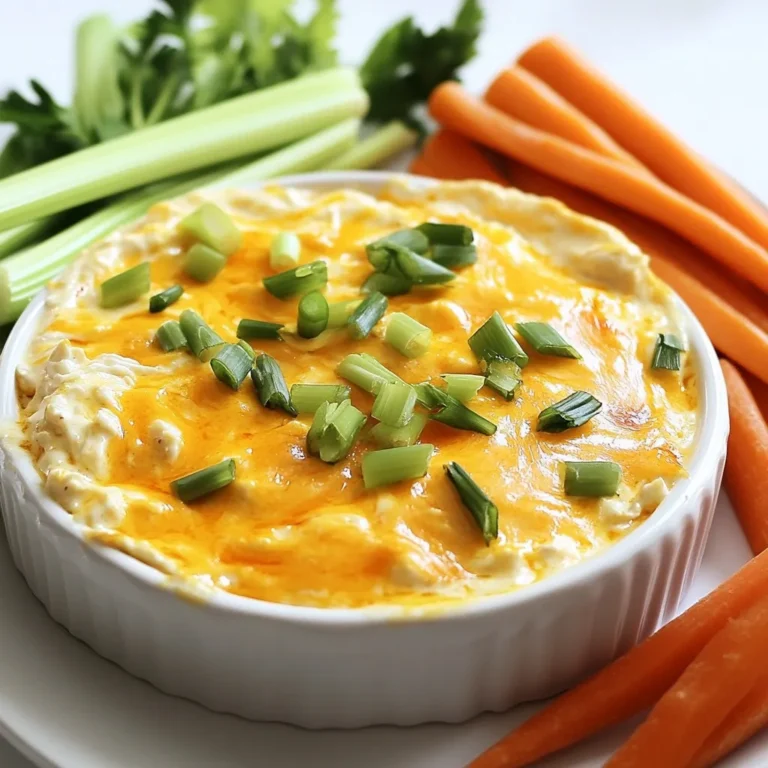 To make this dip, use these tasty ingredients: - 2 cups shredded cooked chicken - 1/2 cup plain Greek yogurt - 1/2 cup low-fat cream cheese - 1/4 cup buffalo sauce - 1/2 cup shredded sharp cheddar cheese - 1 tablespoon ranch seasoning mix - 1 tablespoon chopped green onions - Celery sticks and carrot sticks Each ingredient brings its own flavor and texture to the dip. The shredded chicken adds protein. Greek yogurt and cream cheese make it creamy. Buffalo sauce gives it that spicy kick. Cheddar cheese melts beautifully on top, while ranch seasoning adds extra taste. The green onions add a fresh crunch when served. If you have dietary needs, here are some swaps: - Use shredded turkey instead of chicken for a lighter option. - Swap plain Greek yogurt for a dairy-free yogurt. - Use a dairy-free cream cheese if you avoid dairy. - Choose a hot sauce that fits your heat level. - For a lower-fat dip, reduce the cheese amount. These changes keep the dip tasty while meeting your needs. Let’s look at what each ingredient offers: - Shredded chicken: High in protein, it helps with muscle repair. - Greek yogurt: Packed with protein and probiotics for gut health. - Low-fat cream cheese: Adds creaminess with fewer calories than regular. - Buffalo sauce: Low in calories but full of flavor. - Sharp cheddar cheese: Gives calcium and a rich taste. - Ranch seasoning mix: Adds flavor without lots of added calories. - Green onions: Low in calories but high in vitamins A and C. This dip is not only delicious but also nutritious. It makes a great snack or appetizer that you can feel good about eating. {{ingredient_image_2}} To start making this dip, you need to gather all your ingredients. Here’s what to do: - Preheat your oven to 350°F (175°C). This step is key for baking. - In a large mixing bowl, add the shredded chicken, Greek yogurt, and cream cheese. - Pour in the buffalo sauce and mix well. Use a spatula or whisk until smooth. - Fold in half of the shredded cheddar cheese and the ranch seasoning. Mix it evenly. - Spoon the dip into an 8x8 inch baking dish. Spread it out with a spatula. Now it’s time to bake your dip: - Sprinkle the remaining cheddar cheese on top. This gives a nice cheesy finish. - Place the baking dish in the oven. Bake for 20 to 25 minutes. - Look for bubbling and a light golden cheese top. That’s when it’s ready! - After baking, let the dip cool for about 5 minutes. It helps with serving. To make sure your buffalo chicken dip turns out just right, follow these tips: - Use rotisserie chicken for easy shredding and added flavor. - Soften the cream cheese before mixing. This helps it blend better. - Adjust the buffalo sauce based on your heat preference. - Garnish with chopped green onions before serving for extra color. - Serve with fresh celery and carrot sticks for a crunchy dip. To change the heat level of your dip, adjust the buffalo sauce. Start with 1/4 cup for a mild taste. If you want it spicier, add more sauce gradually. Taste as you go. You can also mix in diced jalapeños for an extra kick. For less spice, go with a milder sauce or add more yogurt and cream cheese. They help balance the heat. Mixing is key to a great dip. Use a large bowl to combine the chicken, yogurt, cream cheese, and buffalo sauce. Make sure the cream cheese is soft for easy blending. A spatula works well to fold in the cheese and ranch seasoning. This method keeps the dip light and fluffy. Ensure all ingredients are evenly mixed for the best flavor. Serve your dip warm for the best taste. Pair it with crunchy celery and carrot sticks. These add freshness and texture. For a fun twist, try pita chips or tortilla chips as dippers. You can also add toppings like extra green onions or fresh herbs before serving. Arrange your dip on a vibrant platter to make it look appealing. Enjoy your tasty creation! Pro Tips Use Fresh Ingredients: Opt for freshly shredded chicken and high-quality buffalo sauce for the best flavor. Fresh ingredients can make a significant difference in taste. Adjust Spice Level: Feel free to modify the amount of buffalo sauce based on your spice tolerance. You can also mix in some mild sauce for a balanced heat. Cool Before Serving: Let the dip cool for a few minutes after baking. This not only makes it safer to eat but also allows the flavors to meld together beautifully. Experiment with Cheeses: Try mixing different types of cheese, such as pepper jack or mozzarella, for a unique twist on the classic buffalo chicken dip. {{image_4}} If you want to lower the carbs, swap the cream cheese. Use full-fat cream cheese instead of low-fat. Replace the shredded chicken with shredded cauliflower for a plant-based option. This change keeps the flavor while cutting carbs. You can also skip the ranch seasoning mix. Instead, use herbs like dill or parsley for a fresh taste. For a vegetarian option, replace chicken with canned chickpeas or lentils. Mash them slightly to mimic the texture of chicken. Use vegan cream cheese and a dairy-free yogurt for a creamy base. You can also add nutritional yeast for a cheesy flavor without dairy. This makes the dip not only tasty but also friendly for vegans. Get creative with flavors! Try adding jalapeños for a spicy kick. You can also mix in diced red bell peppers for sweetness. For a smoky taste, add smoked paprika or chipotle powder. If you love blue cheese, sprinkle crumbles on top before baking. These additions give your dip unique twists that everyone will enjoy. After enjoying your dip, let it cool. Then, transfer it to a container with a lid. Make sure it's airtight to keep the flavors fresh. Store it in the fridge for up to four days. Always label your container with the date. This way, you won't forget when you made it. When you're ready to enjoy the dip again, you can reheat it in the oven or microwave. If using the oven, preheat it to 350°F (175°C). Place the dip in an oven-safe dish and warm it for about 15 minutes. Stir it halfway through to heat evenly. For the microwave, use a microwave-safe bowl. Heat it in short bursts of 30 seconds, mixing in between until hot. You can freeze the dip for longer storage. First, let it cool completely. Then, place it in a freezer-safe container. Seal it tightly and label with the date. The dip can last up to three months in the freezer. When you're ready to eat, move it to the fridge overnight to thaw. After thawing, reheat it as mentioned above. Enjoy your delicious dip again! Yes, you can use different types of cheese in your buffalo chicken dip. If you want a creamier texture, try using a blend of mozzarella or pepper jack cheese. These cheeses melt well and add nice flavors. You can also mix in some gouda for a smoky taste or even a bit of blue cheese for a bold kick. Just remember, the key is to balance flavors, so choose cheeses that complement the buffalo sauce. You can store your buffalo chicken dip in the fridge for up to four days. Make sure to keep it in an airtight container to maintain its freshness. If you need to store it longer, consider freezing the dip. It will last for about three months in the freezer. Just remember to let it cool completely before placing it in the freezer. When you are ready to eat it, thaw it in the fridge overnight and reheat it gently. Absolutely! This buffalo chicken dip is perfect for meal prep. You can make it ahead of time and store it in the fridge or freezer. Portion it out into smaller containers for easy snacking or serving. When you’re ready, just reheat it and enjoy. This dip is great for parties, game days, or even a quick dinner option. It keeps well and stays tasty, making it a great addition to your meal prep rotation. This blog post covered how to make healthy buffalo chicken dip from start to finish. We discussed the main ingredients and their benefits, as well as how to adjust for different diets. You learned preparation steps, baking tips, and ways to spice up your dip. We also explored fun variations and how to store and reheat leftovers. With these tools, you can create a tasty dish that fits your needs. Enjoy your dip at any event! Trust me, it will be a hit.
