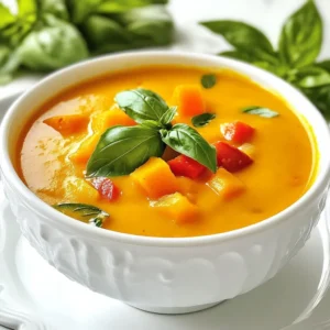 - 2 cups butternut squash, peeled and cut into 1-inch cubes - 1 cup carrots, peeled and diced into small pieces - 1 red bell pepper, diced - 1 large onion, chopped into chunks - 4 cloves garlic, finely minced - 4 cups vegetable broth (homemade or store-bought) - 1 cup creamy coconut milk (canned for best texture) These ingredients create the base for a rich and tasty soup. The butternut squash adds natural sweetness. Carrots also bring a lovely flavor and color. Red bell pepper gives a pop of freshness. Onion and garlic add depth, while vegetable broth makes it hearty. Coconut milk makes it creamy and comforting. - Fresh basil, torn or whole, for garnish - 2 tablespoons extra virgin olive oil - 1 teaspoon ground cumin - 1 teaspoon smoked paprika - Salt and freshly ground black pepper to taste Adding fresh basil brightens the soup. Olive oil enhances flavor and richness. Ground cumin gives a warm note, while smoked paprika adds a hint of smokiness. Adjust salt and pepper to your taste for the perfect balance. - Mixing bowl - Baking sheet - Immersion blender or traditional blender - Large pot You will need a mixing bowl to toss the veggies. A baking sheet helps roast them evenly. An immersion blender makes it easy to achieve a silky texture. If you use a traditional blender, blend in small batches. A large pot is essential for combining everything into a comforting soup. {{ingredient_image_2}} 1. Preheat your oven to 400&deg;F (200&deg;C). This heat helps to caramelize the veggies. 2. In a large mixing bowl, add 2 cups of butternut squash, 1 cup of diced carrots, 1 diced red bell pepper, and 1 large chopped onion. 3. Now, add 4 minced garlic cloves, 2 tablespoons of extra virgin olive oil, 1 teaspoon of ground cumin, and 1 teaspoon of smoked paprika. 4. Sprinkle in salt and freshly ground black pepper. Toss until the veggies are well coated. 1. Spread the seasoned vegetables evenly on a baking sheet lined with parchment paper. 2. Roast them for 25-30 minutes. Stir halfway through to ensure even cooking. 3. Check for caramelization. The veggies should be tender and have a nice golden color. 1. Once roasted, carefully transfer the veggies to a large pot. 2. Pour in 4 cups of vegetable broth. Bring this to a gentle boil over medium-high heat. 3. After boiling, lower the heat and let it simmer for about 10 minutes. This helps the flavors meld together. 4. Blend the soup until smooth. Use an immersion blender directly in the pot or blend in batches in a traditional blender. 5. Stir in 1 cup of creamy coconut milk. Taste and adjust seasoning with salt and pepper if needed. 6. Warm the soup through over low heat for a few minutes. 7. Serve in bowls and top with fresh basil leaves for a lovely touch. Roasting brings out the best in vegetables. I always preheat my oven to 400&deg;F. This high heat helps caramelize the veggies. Caramelization adds depth and sweetness. Spread the vegetables out on the baking sheet. This ensures they cook evenly. If they overlap, they may steam instead of roast. For a silky texture, blending is key. I prefer using an immersion blender. It keeps everything in one pot, making cleanup easy. If you use a regular blender, do it in batches. Leave space at the top for steam. Blend until the soup is smooth and creamy. Fresh herbs make a big difference. I love adding basil for brightness. You can also use other herbs like thyme or cilantro. Spices can change the flavor profile too. Ground cumin and smoked paprika add warmth. Try adding a splash of lemon juice for zest. Experiment with unusual add-ins like ginger for a twist. Pro Tips Choose Fresh Vegetables: For the best flavor and texture, use fresh, seasonal vegetables. Look for vibrant colors and firm textures when selecting your produce. Don&rsquo;t Rush the Roasting: Allow the vegetables to fully caramelize during roasting. This step enhances the natural sweetness and adds depth to your soup. Adjust Consistency: If you prefer a thicker soup, reduce the amount of broth added after blending. For a thinner consistency, simply add more broth or coconut milk until desired. Flavor Enhancements: Experiment with additional spices such as nutmeg or ginger for a unique twist. A splash of lime or lemon juice just before serving can brighten the flavors too! {{image_4}} You can easily adapt this soup to fit different diets. To make it vegan, just check your broth. Some brands have animal products. Use coconut milk for creaminess. For gluten-free options, ensure the broth is gluten-free. If you want a low-fat version, swap the coconut milk with unsweetened almond milk. This keeps the taste light but still creamy. Feel free to mix up the vegetables. Sweet potatoes are a great swap for butternut squash. Zucchini can add a nice texture too. Try adding leeks or parsnips for unique flavors. Cauliflower works well and adds creaminess when blended. Broccoli can also give a nice green touch. You can enhance the flavor in many ways. Add a pinch of cayenne for heat. A dash of nutmeg can bring warmth to the soup. If you like herbs, try thyme or rosemary. For a cream substitute, use cashew cream instead of coconut milk. This adds a rich flavor and keeps it rich. You can also toss in some lemon juice for brightness. To store your leftover silky roasted vegetable soup, let it cool first. Then, pour it into an airtight container. Seal it tightly and place it in the fridge. This keeps your soup fresh for later. Make sure to eat it within three to five days for the best taste. If you want to save your soup for a longer time, freezing is a great option. Use a freezer-safe container or heavy-duty freezer bags. Leave some space at the top to allow for expansion. Label the container with the date. When you want to eat it, thaw it overnight in the fridge. Reheat it on the stove over low heat. Stir well to get a creamy texture again. In the fridge, your silky roasted vegetable soup lasts about three to five days. In the freezer, it can stay good for up to three months. Just remember to check for any signs of freezer burn. If you see any, it&rsquo;s better to toss it out. Enjoy your soup while it&rsquo;s fresh for the best flavor! Yes, you can use fresh vegetables. However, roasting adds flavor. Roasting caramelizes the sugars and enhances taste. If you skip roasting, boil or steam the veggies instead. This keeps some flavor but lacks the depth of roasted ones. To change the soup's thickness, you have a few options. If you want it thicker, add less broth. You can also blend in more roasted vegetables. If it is too thick, stir in more vegetable broth or coconut milk. Adjust until you find your perfect texture. Yes, you can make this soup ahead of time. It tastes even better the next day, as flavors meld. Store it in the fridge for up to three days. Just reheat it on the stove before serving. You can also freeze it for up to three months. Silky Roasted Vegetable Soup pairs well with many sides. I love to serve it with crusty bread. A fresh salad or grilled cheese also complements it nicely. You can add toppings like croutons, fresh herbs, or a drizzle of olive oil for extra flavor. In this article, we explored the essential ingredients and step-by-step instructions for creating a delicious Silky Roasted Vegetable Soup. We discussed roasting techniques and tips for achieving a creamy texture. You can adjust flavors and make dietary substitutions easily. Remember, proper storage ensures this soup stays fresh for days. Enjoy experimenting with variations and serving it with your favorite sides. This recipe is not only tasty but also flexible, making it a great addition to your kitchen. With these tools and steps, you can create a comforting meal any time.