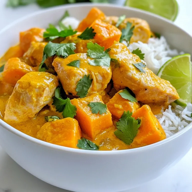 - Chicken and Sweet Potato Components - 1 pound boneless chicken thighs, cut into bite-sized pieces - 1 large sweet potato, peeled and cut into 1-inch cubes - 1 medium onion, finely chopped - 3 cloves garlic, minced - 1 tablespoon fresh ginger, grated - Spices and Flavorings - 1 can (14 oz) coconut milk - 2 tablespoons curry powder - 1 teaspoon turmeric powder - 1 teaspoon ground cumin - 1 teaspoon ground coriander - 1/2 teaspoon red chili flakes (adjust according to heat preference) - 2 tablespoons vegetable oil - Salt to taste - Garnishes and Serving Suggestions - Fresh cilantro leaves, for garnish - Lime wedges, for serving This dish brings together simple yet vibrant flavors. The chicken and sweet potato create a hearty base, while the spices add warmth. Coconut milk gives it a creamy richness that makes every bite special. You can adjust the chili flakes for your heat level. Fresh cilantro and lime add brightness and freshness at the end. Pair this curry with fluffy rice or warm naan to soak up all that delicious sauce. Enjoy your cooking adventure! {{ingredient_image_2}} Heating the Oil and Sautéing Aromatics First, grab a large pot. Pour in 2 tablespoons of vegetable oil and heat it over medium heat. Wait until the oil shimmers. Then, add 1 medium onion, finely chopped. Sauté the onion for about 5 minutes. You want it soft and clear. Next, stir in 3 cloves of minced garlic and 1 tablespoon of grated ginger. Cook these for 1-2 minutes until they smell great. Cooking the Chicken Now it’s time for the chicken! Add 1 pound of bite-sized chicken thighs to your pot. Turn up the heat slightly. Stir the chicken often so it browns on all sides. This should take around 5-7 minutes. Adding Spices and Sweet Potatoes Once the chicken is browned, sprinkle in 2 tablespoons of curry powder, 1 teaspoon of turmeric, 1 teaspoon of cumin, 1 teaspoon of coriander, and 1/2 teaspoon of red chili flakes. Mix well until the chicken is coated in spices. Then, add 1 large sweet potato, cut into 1-inch cubes. Stir everything together so the sweet potato gets the spice love too. Incorporating Coconut Milk and Simmering Next, pour in 1 can of coconut milk. Stir it all to combine. Bring the mixture to a gentle simmer. Lower the heat and cover the pot. Let it cook for 20-25 minutes. Check if the sweet potatoes are soft and the chicken is cooked through. Taste and add salt as needed. If you want a thicker curry, simmer it uncovered for another 5-10 minutes. When it’s ready, serve hot, garnished with fresh cilantro and lime wedges. Enjoy! Adjusting Spice Levels You can change how spicy your curry is. If you like it mild, use less red chili flakes. For more heat, add more chili flakes or even fresh chili. Taste as you go. This way, you can get it just right for your family. Options for Creaminess Coconut milk gives this curry a rich creaminess. If you want it creamier, try adding more coconut milk. You can also use Greek yogurt or cashew cream to add a different texture. Both options will keep the dish rich and tasty. Best Practices for Sautéing Sautéing the onion, garlic, and ginger right is key to great flavor. Heat the oil until it shimmers before adding your onion. Cook the onion until soft. Then, add garlic and ginger. This helps release their full flavor. Stir often to prevent burning. Pro Tips Fresh Herbs Matter: Always use fresh cilantro for garnish right before serving to enhance flavor and presentation. Customize the Heat: Adjust the amount of red chili flakes based on your heat preference; start with less and add more if desired. Perfect Sweet Potatoes: Cut sweet potatoes into uniform pieces to ensure they cook evenly and become tender at the same time. Thicker Sauce Tip: For a creamier curry, let it simmer uncovered for a few extra minutes to allow the sauce to thicken up nicely. {{image_4}} Chicken Alternatives You can swap chicken thighs for chicken breasts if you want lean meat. If you prefer a plant-based option, use chickpeas or lentils. Both options work well in this dish. Veggie Additions Want to add more veggies? Try carrots, bell peppers, or spinach. These will add color and flavor. They also boost nutrition, making your meal even better! Different Curry Styles You can change the flavor by using different curry pastes. For a Thai twist, use red or green curry paste. If you want a milder taste, go for a korma paste. Each option brings a new vibe to your curry. Feel free to mix and match these ideas to make the dish your own! To keep your chicken sweet potato curry fresh, store it in an airtight container. This helps keep moisture in and bacteria out. Let the curry cool down before sealing it. You can keep it in the fridge for up to three days. When you are ready to eat, reheat the curry on the stove. Place it in a pot and heat it over medium heat. Stir often to avoid burning. You can also microwave individual servings. Add a splash of water if it looks too thick. If you want to save some curry for later, freezing is a great choice. Use a freezer-safe container or heavy-duty freezer bags. Make sure to leave a little space at the top, as the curry will expand when frozen. You can store it for up to three months. To thaw your curry, take it out of the freezer and place it in the fridge overnight. If you need it fast, you can use the microwave. Just be sure to heat it slowly, stirring often for even warming. Enjoy your curry later with the same great taste! Can I use other types of potatoes? Yes, you can use other potatoes. Regular potatoes work well. Yukon gold or red potatoes add nice flavor. Just remember to cut them into similar sizes. This helps them cook evenly and stay tender. How can I make this curry vegetarian? To make this curry vegetarian, swap the chicken for chickpeas or tofu. You can also add more vegetables like bell peppers or carrots. Use vegetable broth instead of chicken broth for more flavor. This way, you keep all the creamy goodness and spices. What to serve with Chicken Sweet Potato Curry? Serve this curry with fluffy rice or warm naan bread. Rice soaks up the sauce nicely. Naan adds a fun twist and is perfect for dipping. You can also add a side salad for a fresh touch. This blog post covered the key ingredients for Chicken Sweet Potato Curry. You learned about cooking steps, flavor tips, and how to store leftovers. I shared variations to keep meals exciting. Finally, experimenting with this recipe will enhance your cooking skills. Try different spices and ingredients to make it your own. Enjoy every bite of this comforting dish!