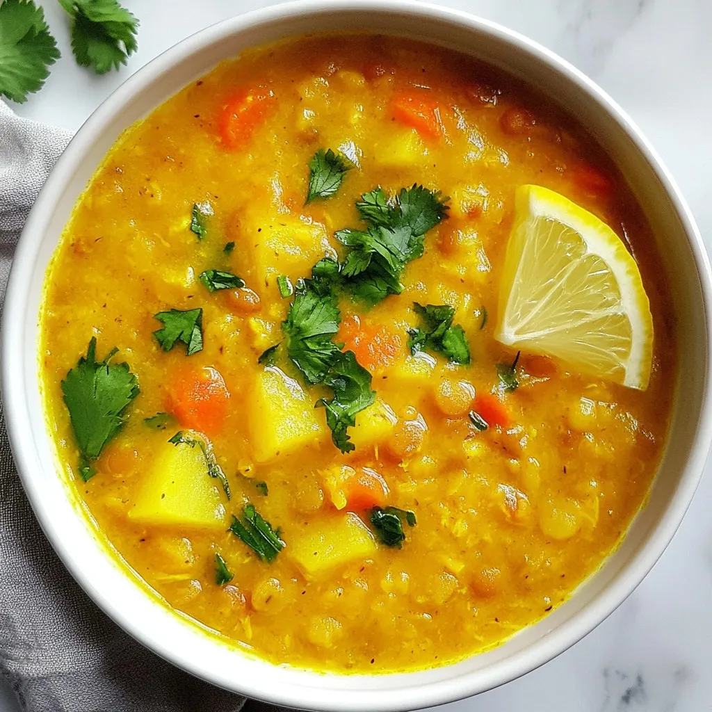 - 1 cup red lentils, rinsed under cold water until clear - 1 medium onion, finely diced - 2 cloves garlic, finely minced - 1 tablespoon fresh ginger, grated - 1 teaspoon ground turmeric - 1 teaspoon ground cumin - 4 cups vegetable broth (homemade or store-bought) - 1 medium carrot, peeled and diced - 1 medium potato, peeled and diced - 1 cup coconut milk (canned or carton) - Juice of 1 lemon - Salt and black pepper to taste These main ingredients create a rich base for your Golden Turmeric Lemon Lentil Soup. The red lentils cook quickly, making them perfect for a warm and comforting meal. The turmeric gives a lovely golden color and adds health benefits. The broth and coconut milk provide a creamy texture that balances the spices. - 1/2 teaspoon cayenne pepper (optional, adjust to taste for heat) If you enjoy a bit of spice, consider adding cayenne pepper. It brings warmth without overpowering the dish. You can adjust the amount based on your own taste. Just remember, a little goes a long way! - Fresh cilantro or parsley for garnish Garnishing is key for presentation and flavor. Chopped cilantro or parsley adds freshness and color. You might also serve a lemon wedge on the side for an extra zing. Adding these simple touches makes your soup look inviting and appetizing. {{ingredient_image_2}} First, I heat a splash of olive oil in a large pot over medium heat. When the oil is hot, I add the finely diced onion. I sauté the onion for about five minutes until it becomes soft and clear. Next, I stir in the minced garlic and grated ginger. I cook this for one more minute. I keep stirring to make sure the garlic does not burn. Once the aromatics are ready, I sprinkle in the ground turmeric, cumin, and cayenne pepper if I want some heat. I stir everything well to coat the onions with the spices. I let the spices bloom for about thirty seconds. This step brings out the best flavors. Now, I add the rinsed red lentils, diced carrot, and potato into the pot. I stir everything to mix well. Then, I pour in the vegetable broth and bring it to a rolling boil. Once it starts boiling, I lower the heat to let it simmer for about twenty minutes. I wait until the lentils are soft and the veggies are cooked through. After that, I stir in the coconut milk and the juice of one lemon. I let it simmer for another five minutes. Finally, I season with salt and black pepper to taste. To get the best flavor from your soup, use fresh spices. Fresh spices pack more punch than old ones. Toasting the spices in oil helps release their oils. This gives your soup a richer taste. When you add lemon juice, do it at the end. This keeps the bright flavor intact. For perfect lentils, rinse them well before cooking. This removes any dust or debris. Red lentils cook faster than other types. Keep an eye on them to avoid mushiness. If you want a thicker soup, let it simmer longer. For a thinner soup, add more broth or water. Make your soup look as good as it tastes. Serve it in bright bowls to catch the eye. Add a lemon wedge on the side for a pop of color. A sprinkle of fresh cilantro or parsley adds a nice touch. You can also serve the soup with crusty bread or a crisp salad for a complete meal. Enjoy your creation! Pro Tips Fresh Ingredients: Always use fresh produce and spices for the best flavor. Fresh ginger and garlic can significantly enhance the taste of your soup. Adjusting Consistency: If the soup is too thick, add more vegetable broth or water to reach your desired consistency. If it’s too thin, simmer it longer to reduce the liquid. Flavor Enhancements: For added depth, try incorporating a splash of soy sauce or tamari, which complements the flavors beautifully without overpowering them. Storage Tips: This soup stores well in the refrigerator for up to 4 days. Consider freezing leftovers in individual portions for a quick and easy meal later. {{image_4}} You can boost nutrition by adding more veggies. Try diced bell peppers or spinach. These add color and taste. You can also use green beans or zucchini. Just chop them small. They cook well and mix with the soup. Adding vegetables makes the soup even heartier and richer in nutrients. This soup is already vegetarian. To make it vegan, just check the broth. Some broths may have animal products. Use a vegetable broth with no dairy. The coconut milk keeps it creamy and rich. You can enjoy this soup while sticking to a vegan diet. You can change the spice level based on taste. If you like heat, add more cayenne pepper. Start with a little, then taste and add more. For a milder flavor, skip the cayenne altogether. You can also try adding smoked paprika for a different kick. Adjust the spices to fit your family's taste. After you enjoy your golden turmeric lemon lentil soup, store leftovers in an airtight container. Let the soup cool down to room temperature before sealing it. This helps keep the flavors fresh. You can keep it in the fridge for up to three days. Always check for any signs of spoilage before eating. If you want to save some soup for later, freezing is a great option. Pour the cooled soup into freezer-safe bags or containers. Leave some space at the top because soup expands when it freezes. Label the bags with the date. You can freeze the soup for up to three months. When ready to eat, simply thaw it in the fridge overnight. To reheat the soup, pour it into a pot. Heat it over medium heat, stirring occasionally. If it's too thick, add a splash of vegetable broth or water. You can also use a microwave. Place the soup in a microwave-safe bowl, cover it, and heat it in short bursts, stirring in between. Make sure it's hot all the way through before serving. Enjoy your warm, comforting bowl of soup! Yes, you can use other lentils. Green and brown lentils work well. Keep in mind that they take longer to cook. Red lentils break down more, making the soup creamier. If you choose green or brown, adjust the cooking time to ensure they become tender. This soup is already gluten-free! All the ingredients are safe for a gluten-free diet. Just double-check your vegetable broth. Some brands add gluten. Choose a broth that clearly states "gluten-free" on the label. Pair this soup with crusty bread for a hearty meal. A fresh salad can balance the richness of the soup. You might also enjoy it with a side of roasted vegetables. For a light option, serve with cucumber and tomato slices. This blog post covered key ingredients, step-by-step cooking, and useful tips for your lentil soup. You learned how to prep, combine, and serve your dish with flair. We explored flavorful variations and smart storage methods. Remember, cooking is about fun and creativity, so feel free to adjust to your taste. With practice, you’ll make a soup that shines every time. Enjoy the process and share your delicious results with friends!