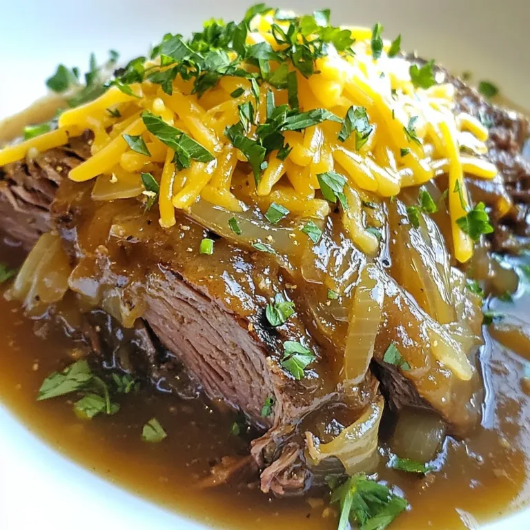 - 3 to 4 pounds beef chuck roast - 4 large yellow onions, thinly sliced - 4 cloves garlic, minced - 2 tablespoons olive oil - 4 cups beef broth - 2 tablespoons balsamic vinegar - 2 teaspoons dried thyme - 2 bay leaves - 1 cup shredded Gruyère cheese - Fresh parsley for garnish - Salt and pepper to taste The main ingredients are key to making this dish rich and full of flavor. The beef chuck roast is the star, giving you a tender and juicy bite. Yellow onions add sweetness and depth. Minced garlic brings in a nice aromatic kick. Olive oil helps with searing and adds richness. For the additional flavors, beef broth forms a savory base. Balsamic vinegar gives a hint of tanginess. Dried thyme and bay leaves infuse the roast with herbaceous notes. These ingredients work together to create a comforting and savory broth. Finally, topping the finished roast with shredded Gruyère cheese adds creamy richness. Fresh parsley adds a pop of color and freshness. A sprinkle of salt and pepper enhances all the delicious flavors. Keep these ingredients handy, and you’ll create a dish that feels like a warm hug on a cold day. {{ingredient_image_2}} First, preheat your oven to 325°F (163°C). This heat is best for slow-cooking the roast. While the oven warms, season the beef chuck roast with salt and pepper. Make sure to cover all sides well. This adds great flavor to the meat. Next, we will sear the roast. Heat 2 tablespoons of olive oil in a large Dutch oven over medium-high heat. Once the oil shimmers, carefully place the roast in the pot. Sear it for about 4-5 minutes on each side. You want a nice brown crust to form. This step seals in the juices and adds flavor. Now, let’s focus on the onions. Add 4 large, thinly sliced yellow onions to the pot. Sprinkle a pinch of salt over them. Stir often to help them cook evenly. It takes about 15-20 minutes for the onions to turn golden brown and sweet. When they are ready, add 4 cloves of minced garlic. Sauté the garlic for 1-2 minutes until it smells great. Next, pour in 4 cups of beef broth and 2 tablespoons of balsamic vinegar. Don’t forget to scrape the bottom of the pot with a wooden spoon. This lets all those tasty bits mix in. Add 2 teaspoons of dried thyme and 2 bay leaves for extra flavor. Carefully return the seared roast to the pot. Make sure it is mostly covered by the onion broth. Cover the pot tightly with a lid and place it in the preheated oven. Roast for 3 to 4 hours. Check the pot every hour to make sure there is enough liquid. If it looks dry, add more beef broth. The roast is done when it falls apart easily with a fork. After roasting, take the pot out of the oven. Let the roast rest for 10-15 minutes on a cutting board. This helps the juices move back into the meat. While it rests, bring the onion broth to a gentle simmer on the stove. This will boost the flavors even more. Slice the roast into portions and place them on a serving platter. Ladle the rich onion broth over the meat, then sprinkle 1 cup of shredded Gruyère cheese on top. For a final touch, broil it for a few minutes until the cheese melts and bubbles. Just before serving, add some fresh parsley on top for color and freshness. Searing your roast is key for deep flavor. Use a heavy pot, like a Dutch oven. Heat olive oil until it shimmers. Season the roast with salt and pepper. Sear each side for 4-5 minutes. This browning adds great taste. After searing, caramelize the onions in the same pot. Stir often until they turn golden brown. This step takes about 15-20 minutes. Adding garlic at the end boosts the flavor even more. To check doneness, use a fork. When the meat pulls apart easily, it’s ready. Aim for a roast that cooks for 3 to 4 hours. Keep an eye on the liquid. If it looks low, add more beef broth. This keeps the roast moist. Letting it rest after cooking is also important. Resting for 10-15 minutes lets the juices settle. This ensures each slice is juicy and tender. To elevate the taste, consider a splash of balsamic vinegar. It adds a nice tang. Fresh herbs like thyme can boost flavor too. Don't forget the Gruyère cheese. It melts beautifully on top and adds richness. Finally, garnish with fresh parsley for color and brightness. These simple tweaks make your pot roast stand out! Pro Tips Resting the Roast: Allow the pot roast to rest for at least 10-15 minutes before slicing. This helps the juices redistribute, ensuring a moist and flavorful meat. Enhancing Flavor: For an extra depth of flavor, consider adding a splash of red wine to the broth before roasting. It complements the richness of the beef beautifully. Onion Variations: Experiment with different onion varieties such as sweet onions or shallots for a unique twist on the classic caramelized onion flavor. Serve with Sides: Pair the pot roast with creamy mashed potatoes or crusty bread to soak up the delicious onion broth for a hearty meal. {{image_4}} You can use other cuts of meat for your French onion pot roast. Some good options include: - Brisket - Round roast - Pork shoulder - Lamb shanks Each cut brings a unique flavor and texture. Brisket is juicy and rich, while round roast is lean and flavorful. Pork shoulder adds a sweet taste, and lamb shanks offer a tender bite. Choose what you like best! Want a meatless option? You can still enjoy the flavors of French onion pot roast. Here are some ideas: - Use a large portobello mushroom as the main item. - Replace meat with hearty vegetables like carrots and potatoes. - Use vegetable broth instead of beef broth. - Add lentils or chickpeas for protein and texture. These options keep the dish hearty and satisfying without meat. Try different herbs and spices to change the taste of your pot roast. Some great additions include: - Rosemary for a fresh, earthy flavor. - Oregano for a hint of sweetness. - Smoked paprika for a touch of warmth. - Bay leaves for depth and aroma. Experiment with these flavors to find your favorite mix! To keep your French onion pot roast fresh, store it in the fridge. Use an airtight container to prevent drying out. If you want to save it longer, freeze it. Cut the roast into portions for easy reheating later. Wrap each piece well in plastic wrap or foil before placing it in a freezer bag. This way, you avoid freezer burn. When it's time to eat the leftovers, you want to keep the flavor. The best way is to reheat in the oven. Preheat your oven to 325°F (163°C). Place the roast in a baking dish with a little broth or water. Cover it with foil to trap moisture. Heat for about 20-30 minutes. You can also use a microwave, but be careful. Heat in short bursts, checking often to avoid overcooking. In the fridge, your pot roast will last about 3-4 days. If you freeze it, it can last up to 3 months. Just remember to label your containers with the date. This helps you keep track of freshness. Always check for any signs of spoilage before eating. Yes, you can use a slow cooker for this dish. First, sear the roast in a pan. This step adds flavor. After searing, place the roast in the slow cooker. Add the caramelized onions, garlic, broth, and seasonings. Cook on low for 6 to 8 hours. Your pot roast will still be tender and tasty. I love pairing this pot roast with creamy mashed potatoes. The potatoes soak up the rich broth. You can also serve it with roasted vegetables for a healthy touch. A fresh green salad adds a nice crunch. Don’t forget some crusty bread for dipping! To make this dish gluten-free, just use gluten-free beef broth. Check the label to ensure it’s safe. Balsamic vinegar is usually gluten-free, but verify it too. The rest of the ingredients in this recipe are naturally gluten-free. Absolutely! While Gruyère cheese is classic, you can try other cheeses. Swiss cheese offers a milder flavor. Cheddar brings a sharp taste. Mozzarella melts well and adds a gooey texture. Mix and match to find your favorite. Searing the meat is not strictly necessary, but I highly recommend it. Searing creates a nice brown crust on the roast. This crust adds flavor and depth to the dish. It also helps lock in juices, making the meat more tender. Don’t skip this step for the best results! This blog post covered how to make a delicious French Onion Pot Roast. I shared key ingredients, like beef chuck roast and yellow onions. You learned important steps, such as searing the meat and caramelizing the onions for maximum flavor. Remember to rest the roast before serving for the best texture. Try the tips for different cuts or a vegetarian option to suit your taste. With the right techniques and flavors, you can enjoy a truly satisfying meal. Happy cooking!