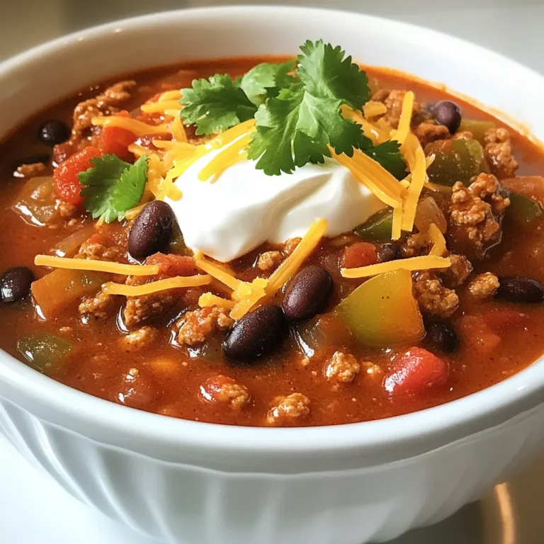 To make the best slow cooker chili, gather these key ingredients: - 1 pound ground turkey (or beef) - 1 large onion, finely diced - 3 cloves garlic, minced - 1 red bell pepper, diced - 1 green bell pepper, diced - 2 cans (14.5 oz each) diced tomatoes, undrained - 1 can (15 oz) kidney beans, drained and rinsed - 1 can (15 oz) black beans, drained and rinsed - 2 tablespoons chili powder - 1 tablespoon ground cumin - 1 teaspoon smoked paprika - 1/2 teaspoon cayenne pepper (adjust to your spice preference) - 1 cup corn (frozen or canned) - Salt and freshly ground black pepper to taste - 1 tablespoon olive oil - Fresh cilantro leaves for garnish When serving your chili, you can add these tasty toppings to enhance flavor: - Sour cream or Greek yogurt - Shredded cheese The spices give your chili its unique taste. Here’s how they work: - Chili powder: This is the main spice. It adds warmth and depth. - Ground cumin: This adds a nutty flavor that pairs well with chili. - Smoked paprika: This gives a rich, smoky taste. It rounds out the spices. - Cayenne pepper: Adjust this to make your chili hotter or milder. Each spice plays a key role in making your chili flavorful. Experiment with them to find your perfect blend! {{ingredient_image_2}} Start by cooking your meat. Heat olive oil in a medium skillet over medium heat. When the oil shimmers, add ground turkey or beef. Cook until the meat is browned, breaking it apart with a spatula. Drain any extra fat if needed. Next, add diced onion, minced garlic, and chopped bell peppers to the skillet. Cook for about five minutes until they soften and smell good. Once your meat and veggies are ready, transfer them to the slow cooker. Add the undrained diced tomatoes, kidney beans, black beans, and corn. Sprinkle chili powder, ground cumin, smoked paprika, and cayenne pepper on top. Season with salt and black pepper. Stir it all together well to mix the flavors. Cover the slow cooker. You can cook on low for six to eight hours or high for three to four hours. Cooking slowly helps the chili thicken and the flavors blend perfectly. When it's done, taste it and adjust the seasoning if needed. Serve hot, and don’t forget to garnish with fresh cilantro! To make your chili shine, layer your flavors. Start by browning the meat in olive oil. This step adds depth. Next, sauté the onions and peppers. Their sweetness will balance the spice. Use fresh spices for the best taste. Toasting spices in the pan before adding them brings out their oils. Don't rush; let the chili simmer. This gives time for flavors to blend. If you use ground turkey, it will be leaner. You may need more oil to keep it moist. Beef gives a richer taste. For pork, pick a blend for extra flavor. Each meat needs care. Cook it well, but don’t overdo it. Keep an eye on the texture. It should stay tender and not dry out. When serving, use bright bowls to catch the eye. Ladle the chili in and sprinkle cilantro on top. This adds a fresh look. Offer toppings in small bowls. Sour cream and cheese are crowd-pleasers. Let guests build their bowls. This adds fun to the meal. A side of corn bread complements chili well. Enjoy the warmth and comfort it brings! Pro Tips Enhance the Flavor: For a deeper flavor, consider adding a tablespoon of tomato paste or a splash of Worcestershire sauce to the chili mixture before cooking. Adjusting Spice Levels: If you prefer a milder chili, reduce the cayenne pepper or substitute with a sweet paprika. For extra heat, add diced jalapeños or a dash of hot sauce before serving. Make it Vegetarian: To make this chili vegetarian, simply replace the ground turkey with a plant-based meat alternative or add more beans and lentils for protein. Storing Leftovers: This chili tastes even better the next day! Store leftovers in an airtight container in the fridge for up to 4 days or freeze for up to 3 months. {{image_4}} You can easily make this chili meatless. Swap the ground turkey or beef with lentils or mushrooms. Both add great taste and texture. Use vegetable broth instead of meat broth for more depth. You can also add more beans, like pinto or chickpeas. This adds protein and fiber. Love heat? Add more cayenne pepper or try jalapeños. For less spice, skip the cayenne or choose mild chili powder. You can always serve hot sauce on the side. This way, everyone can adjust the heat to their liking. Feel free to mix in other beans. Great options include white beans or navy beans. You can also add veggies like zucchini or carrots. For a twist, try adding sweet potatoes for a hint of sweetness. Each addition makes the chili unique and fun! After you enjoy your chili, let it cool down. Then, place it in an airtight container. This keeps moisture in and air out. You can store it in the fridge for up to four days. If you want it to last longer, freezing is a great option. To reheat your chili, you can use the microwave or the stove. For the microwave, place your chili in a bowl and cover it. Heat it for 2-3 minutes, stirring halfway through. If you use the stove, pour the chili into a pot. Heat it over low to medium heat, stirring often. This helps it warm evenly. To freeze your chili, let it cool completely first. Then, pour it into freezer-safe bags or containers. Remove as much air as you can before sealing. Label the bags with the date. You can freeze chili for up to three months. When you're ready to eat it, thaw in the fridge overnight before reheating. Yes, you can use any ground meat. Ground beef, chicken, or even pork works well. Each will give a unique taste to your chili. If you prefer a leaner option, turkey is a great choice. Chili can last up to four days in the fridge. Be sure to store it in an airtight container. If you want to keep it longer, freezing is a better option. Absolutely! You can cook this chili in a large pot on the stove. Just follow the same steps, but simmer it for about 30 to 45 minutes. Stir often to prevent sticking. Some great toppings include sour cream, shredded cheese, and fresh cilantro. You can also add avocado or chopped green onions for extra flavor. These toppings add creaminess and freshness. To thicken your chili, you can mash some beans against the pot. Another option is to let it cook longer with the lid off. This allows steam to escape and thickens the chili nicely. You now know how to make perfect slow cooker chili. We discussed the key ingredients, step-by-step instructions, and essential tips. You learned about variations, storage, and important FAQs. This recipe is flexible and easy to adjust. You can create a chili that suits your taste. Enjoy making this dish and sharing it with friends and family! Simple meals create great memories. Happy cooking!