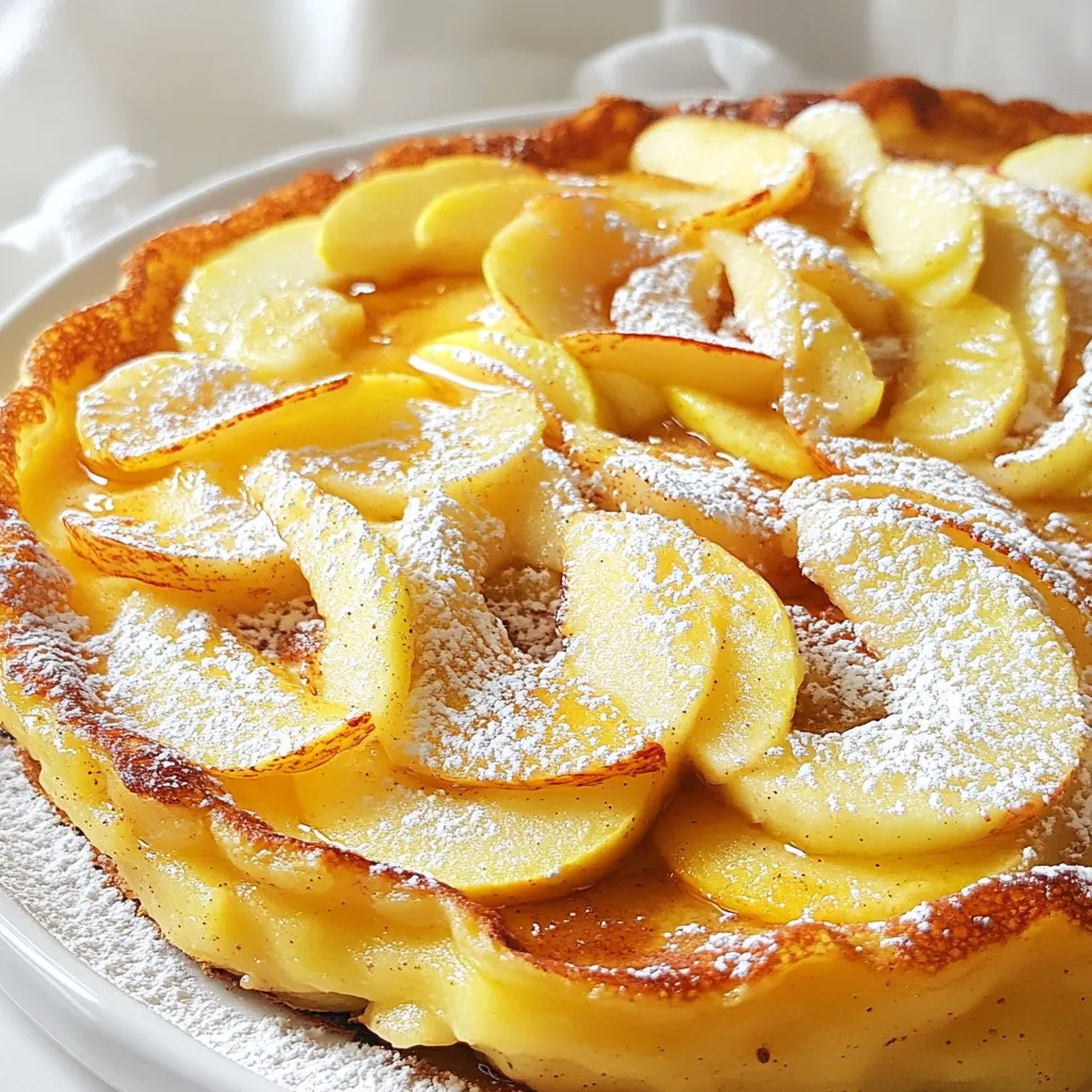 To make the Apple Cinnamon German Pancake, gather these items: - 3 large eggs - 1 cup whole milk - 1 cup all-purpose flour - 1 teaspoon vanilla extract - 2 tablespoons granulated sugar - 1/2 teaspoon salt - 1 teaspoon ground cinnamon - 2 medium apples (preferably Granny Smith), peeled, cored, and thinly sliced - 2 tablespoons unsalted butter - Powdered sugar, for dusting - Maple syrup, for serving If you need to swap ingredients, here are some ideas: - You can use almond milk instead of whole milk for a dairy-free option. - If you don’t have all-purpose flour, try using whole wheat flour. - For a lower sugar option, you can use honey or maple syrup instead of granulated sugar. - Instead of Granny Smith apples, you may use Honeycrisp or Fuji for a sweeter taste. Using fresh ingredients makes a big difference. Fresh apples give the pancake a juicy flavor. They cook down nicely and add a nice texture. Dried apples can work, but they lack moisture. If you use dried apples, soak them in warm water for 15 minutes. This helps them soften and adds a bit of moisture back into the dish. Fresh ingredients always taste better, so I recommend sticking to them when possible! {{ingredient_image_2}} First, preheat your oven to 425°F (220°C). This hot oven helps the pancake rise well. While the oven is heating, place a cast-iron skillet or an oven-safe dish inside. The warm skillet creates a nice, crispy edge on your pancake. In a large bowl, whisk together 3 large eggs and 1 cup of whole milk. You want them mixed well. Then, add in 1 cup of all-purpose flour, 1 teaspoon of vanilla extract, 2 tablespoons of granulated sugar, 1/2 teaspoon of salt, and 1 teaspoon of ground cinnamon. Keep whisking until the batter is smooth and free of lumps. This step is key for a light and fluffy pancake. Once your batter is ready, carefully take the hot skillet out of the oven using oven mitts. Quickly add 2 tablespoons of unsalted butter to the skillet and swirl it around until it melts. Pour the batter into the hot skillet, spreading it evenly. Now, take 2 medium apples that you’ve peeled, cored, and thinly sliced. Arrange the apple slices on top of the batter in a circular pattern. This way, each slice will cook nicely. Return the skillet to the oven and bake for 20-25 minutes. The pancake should puff up and turn golden-brown. When it’s done, take it out and let it cool for a minute. Dust with powdered sugar and serve warm with maple syrup for a delightful breakfast! To make your pancake fluffy, use fresh eggs. They help the pancake rise. Whisk the eggs and milk well. Mix until smooth, with no lumps. This will give you air in the batter. Preheat your skillet in the oven. A hot skillet creates a golden crust. When adding the batter, work fast. Don't let the batter sit too long. The heat helps it puff up nicely. One common mistake is not preheating the skillet. A cold skillet will yield a flat pancake. Another mistake is overmixing the batter. Mix just until combined; lumps are fine. Also, don't skip the apples. They add moisture and flavor. Lastly, avoid opening the oven door too early. This can cause your pancake to deflate. Serve your pancake warm for the best taste. Dust it with powdered sugar for sweetness. Drizzle rich maple syrup on top for added flavor. For a fresh look, add apple slices on the side. A sprinkle of cinnamon also enhances its appeal. Enjoy it with a cup of coffee or tea for a cozy breakfast. Pro Tips Use Room Temperature Ingredients: Allow your eggs and milk to come to room temperature before mixing. This helps to create a smoother batter and contributes to a fluffier pancake. Don’t Overmix the Batter: Mix the batter just until combined. Overmixing can lead to a dense pancake instead of a light and airy one. Experiment with Apples: While Granny Smith apples are tart and great for this recipe, feel free to mix in other varieties like Honeycrisp or Fuji for a different flavor profile. Serve Immediately: This pancake is best served fresh out of the oven. The longer it sits, the more it will deflate, so be ready to serve as soon as it's cooled slightly. {{image_4}} You can choose many apple types for this pancake. Granny Smith apples are my favorite. They add a nice tartness that pairs well with the sweet pancake. Honeycrisp apples are also great; they bring a juicy sweetness. Fuji apples work well, too, with their crisp texture. Try mixing different apples for a fun twist. Combine tart and sweet apples to create a balanced flavor. Want to add more texture? Consider adding nuts. Chopped walnuts or pecans give a nice crunch. They also enhance the flavor. If you want to add other fruits, sliced pears or berries are great choices. Berries can add a burst of color and flavor. Just remember to keep the fruit pieces small so they cook evenly. If you need a gluten-free option, substituting the flour is easy. Use a gluten-free all-purpose flour blend. These blends work well in most recipes. You might also try almond flour for a nutty flavor. Just keep in mind that the texture may change slightly. Adjust the liquid in the batter if needed for the right consistency. Enjoy your tasty pancake without worry! To keep your pancake fresh, let it cool completely. Cover it tightly with plastic wrap or foil. Place the wrapped pancake in the fridge. It will stay fresh for up to three days. If you have slices, store them in an airtight container. This keeps them moist and tasty. When you want to eat your leftovers, use the oven to reheat. Preheat your oven to 350°F (175°C). Place the pancake on a baking sheet and cover it with foil. Heat for about 10 to 15 minutes. This method helps keep the pancake fluffy. You can also use a microwave. Heat slices for about 30 seconds, but they may not be as fluffy. You can freeze the pancake for later. First, let it cool. Cut it into slices. Wrap each slice in plastic wrap. Place the wrapped slices in a freezer bag. Make sure to remove as much air as possible. The pancake can be frozen for up to three months. When you’re ready to eat, thaw in the fridge overnight and reheat. Enjoy your delicious breakfast anytime! Yes, you can! Make the batter the night before. Store it in the fridge to keep it fresh. When you are ready, preheat your oven and pour the batter into the hot skillet. This will save you time in the morning and still give you a tasty pancake. I recommend using Granny Smith apples. They have a nice tartness that pairs well with the sweet batter. Other good choices include Honeycrisp or Fuji apples. These apples hold their shape well when baked, giving you bites of tender fruit in every slice. Keep an eye on the pancake as it bakes. It should puff up and turn a golden-brown color. A toothpick inserted in the center should come out clean. If it has a slight jiggle, it may need a few more minutes. Enjoy the smell as it bakes; this is a good sign it’s almost ready! This post covered key steps to making the perfect pancake. We explored ingredients, mixing, baking, and serving. I shared tips for fluffiness and common mistakes to dodge. You learned about different apple types and how to store leftovers. Now, you have the tools to create tasty pancakes. Enjoy experimenting with variations that fit your taste. Following these steps will help you serve delicious pancakes every time. Happy cooking!