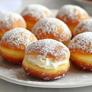 - 2 cups all-purpose flour - 1/4 cup granulated sugar - 1 packet (2 1/4 teaspoons) active dry yeast - 1/2 teaspoon salt - 1/2 cup whole milk, warmed - 2 large eggs, at room temperature - 1/4 cup unsalted butter, melted - 1 cup heavy cream - 1/4 teaspoon vanilla extract - Powdered sugar for dusting - Mixing bowls - Piping bag - Round cutter - Frying pot When making cream filled bomboloni, you need a few key items. First, gather the ingredients. You will want flour, sugar, yeast, salt, milk, eggs, and butter. These are the base for your dough. Next, you need the filling. For the cream, grab heavy cream, vanilla extract, and powdered sugar. The right balance of these flavors makes the filling delightful. Finally, collect your tools. A mixing bowl helps you mix well. A piping bag is great for filling. A round cutter sizes the dough perfectly. A frying pot is essential for cooking the bomboloni evenly. Having these ingredients and tools ready makes the process smooth and fun. Trust me; you will love making these treats! {{ingredient_image_2}} In a mixing bowl, combine warm milk and yeast. Make sure the milk is warm, not hot. Let this mixture sit for about 5 minutes. You want it to become frothy and bubbly. This shows the yeast is active and ready to work. In a separate bowl, whisk together the flour, sugar, and salt. This step makes sure all the dry parts mix well. Next, add the eggs and melted butter to the yeast mixture. Stir until everything is mixed. Gradually add the dry mix to the wet mix. Keep stirring until a soft dough starts to form. Now, transfer the dough to a lightly floured surface. Knead the dough for about 8-10 minutes. You want it to become smooth and elastic. This is key for a good texture. After kneading, place the dough in a greased bowl. Cover it with a clean kitchen towel. Let it rise in a warm spot until it doubles in size. This should take about 1 to 1.5 hours. To get the best dough, knead it for 8-10 minutes. The dough should feel smooth and elastic. You know it's ready when it springs back after a gentle poke. If it sticks to your fingers, add a little more flour. Frying bomboloni needs the right oil temperature. Heat vegetable oil to 350&deg;F (175&deg;C). Use a thermometer for accuracy. If the oil is too cold, the dough will soak up oil. If too hot, the outside will burn before the inside cooks. Filling bomboloni can be tricky. Use a piping bag with a filling tip for best results. Insert the tip into the side of the doughnut. Squeeze gently until you feel resistance. This ensures even filling without tearing the doughnut. If you don&rsquo;t have a piping bag, a skewer works, too! Pro Tips Use Fresh Yeast: Ensure your yeast is fresh and active for the best rise. If your yeast doesn&rsquo;t bubble in the milk, it&rsquo;s time to get a new packet. Perfect Oil Temperature: Use a kitchen thermometer to maintain the oil temperature at 350&deg;F (175&deg;C). If the oil is too hot, the bomboloni will burn on the outside while remaining raw inside. Chill the Cream: Keep your mixing bowl and beaters chilled when whipping the cream. This helps achieve better volume and stability in your filling. Filling Technique: When filling the bomboloni, insert the piping tip into the side and fill until you feel resistance. This ensures each doughnut is adequately filled without bursting. {{image_4}} You can fill bomboloni with many tasty creams. Chocolate cream adds a rich flavor. Use smooth custard for a classic touch. Fruit-flavored creams bring a burst of freshness. Think strawberry or lemon! Each option gives a new twist to your dessert. Toppings can change the whole look. A simple glaze adds shine and sweetness. Try a chocolate glaze for extra indulgence. You can also use colorful sprinkles for fun. They make your bomboloni pop and look festive! Serving bomboloni can be a joy. Arrange them on a pretty platter. Dust with powdered sugar for a touch of elegance. Serve them with fresh fruit to balance sweetness. A side of warm chocolate sauce is a great dip. Get creative and make each serving special! To keep bomboloni fresh and tasty, store them in an airtight container. Place parchment paper between layers to avoid sticking. They stay best at room temperature for one to two days. If you want to keep them longer, refrigerate them for up to a week. However, refrigeration may change their texture slightly. To enjoy bomboloni warm, use the oven. Preheat your oven to 350&deg;F (175&deg;C). Place them on a baking sheet and warm for about 5-10 minutes. This method keeps them soft and tasty. You can also use a microwave, but only for a few seconds. Overheating may make them tough. You can freeze bomboloni for later. If they are filled, wrap each one tightly in plastic wrap. Place them in a freezer bag. They will last for up to three months. For unfilled bomboloni, freeze them the same way. When ready to eat, let them thaw in the fridge overnight. Then, reheat as described above. Bomboloni come from Italy. They are a type of doughnut filled with cream or jam. This treat has roots in Tuscany, where they were made for special occasions. They are part of Italian culture, enjoyed at festivals and family gatherings. Many people love their sweet, fluffy texture and rich filling. Yes, you can prepare some parts ahead of time. Make the dough and let it rise. After the first rise, you can shape the dough and freeze it. When you're ready to fry, just let the dough thaw and rise again. You can also make the cream filling earlier and store it in the fridge. This way, you save time on the day you plan to serve them. The best oil for frying bomboloni is vegetable oil. It has a high smoke point, which means it can get very hot without burning. This helps the bomboloni fry evenly, getting that perfect golden color. You can also use canola oil for a similar effect. Avoid oils with strong flavors, like olive oil, as they can change the taste of your bomboloni. In this article, we explored how to make delicious bomboloni from scratch. We covered ingredients, step-by-step instructions, and helpful tips. You now know the best filling options, storage methods, and frying techniques. Remember, practice makes perfect. Don't be afraid to experiment with flavors and toppings. Enjoy the process and share your tasty creations with friends and family. Happy frying!