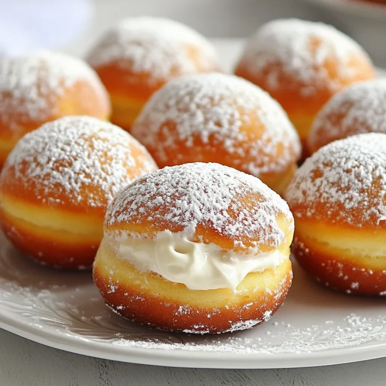 - 2 cups all-purpose flour - 1/4 cup granulated sugar - 1 packet (2 1/4 teaspoons) active dry yeast - 1/2 teaspoon salt - 1/2 cup whole milk, warmed - 2 large eggs, at room temperature - 1/4 cup unsalted butter, melted - 1 cup heavy cream - 1/4 teaspoon vanilla extract - Powdered sugar for dusting - Mixing bowls - Piping bag - Round cutter - Frying pot When making cream filled bomboloni, you need a few key items. First, gather the ingredients. You will want flour, sugar, yeast, salt, milk, eggs, and butter. These are the base for your dough. Next, you need the filling. For the cream, grab heavy cream, vanilla extract, and powdered sugar. The right balance of these flavors makes the filling delightful. Finally, collect your tools. A mixing bowl helps you mix well. A piping bag is great for filling. A round cutter sizes the dough perfectly. A frying pot is essential for cooking the bomboloni evenly. Having these ingredients and tools ready makes the process smooth and fun. Trust me; you will love making these treats! {{ingredient_image_2}} In a mixing bowl, combine warm milk and yeast. Make sure the milk is warm, not hot. Let this mixture sit for about 5 minutes. You want it to become frothy and bubbly. This shows the yeast is active and ready to work. In a separate bowl, whisk together the flour, sugar, and salt. This step makes sure all the dry parts mix well. Next, add the eggs and melted butter to the yeast mixture. Stir until everything is mixed. Gradually add the dry mix to the wet mix. Keep stirring until a soft dough starts to form. Now, transfer the dough to a lightly floured surface. Knead the dough for about 8-10 minutes. You want it to become smooth and elastic. This is key for a good texture. After kneading, place the dough in a greased bowl. Cover it with a clean kitchen towel. Let it rise in a warm spot until it doubles in size. This should take about 1 to 1.5 hours. To get the best dough, knead it for 8-10 minutes. The dough should feel smooth and elastic. You know it's ready when it springs back after a gentle poke. If it sticks to your fingers, add a little more flour. Frying bomboloni needs the right oil temperature. Heat vegetable oil to 350°F (175°C). Use a thermometer for accuracy. If the oil is too cold, the dough will soak up oil. If too hot, the outside will burn before the inside cooks. Filling bomboloni can be tricky. Use a piping bag with a filling tip for best results. Insert the tip into the side of the doughnut. Squeeze gently until you feel resistance. This ensures even filling without tearing the doughnut. If you don’t have a piping bag, a skewer works, too! Pro Tips Use Fresh Yeast: Ensure your yeast is fresh and active for the best rise. If your yeast doesn’t bubble in the milk, it’s time to get a new packet. Perfect Oil Temperature: Use a kitchen thermometer to maintain the oil temperature at 350°F (175°C). If the oil is too hot, the bomboloni will burn on the outside while remaining raw inside. Chill the Cream: Keep your mixing bowl and beaters chilled when whipping the cream. This helps achieve better volume and stability in your filling. Filling Technique: When filling the bomboloni, insert the piping tip into the side and fill until you feel resistance. This ensures each doughnut is adequately filled without bursting. {{image_4}} You can fill bomboloni with many tasty creams. Chocolate cream adds a rich flavor. Use smooth custard for a classic touch. Fruit-flavored creams bring a burst of freshness. Think strawberry or lemon! Each option gives a new twist to your dessert. Toppings can change the whole look. A simple glaze adds shine and sweetness. Try a chocolate glaze for extra indulgence. You can also use colorful sprinkles for fun. They make your bomboloni pop and look festive! Serving bomboloni can be a joy. Arrange them on a pretty platter. Dust with powdered sugar for a touch of elegance. Serve them with fresh fruit to balance sweetness. A side of warm chocolate sauce is a great dip. Get creative and make each serving special! To keep bomboloni fresh and tasty, store them in an airtight container. Place parchment paper between layers to avoid sticking. They stay best at room temperature for one to two days. If you want to keep them longer, refrigerate them for up to a week. However, refrigeration may change their texture slightly. To enjoy bomboloni warm, use the oven. Preheat your oven to 350°F (175°C). Place them on a baking sheet and warm for about 5-10 minutes. This method keeps them soft and tasty. You can also use a microwave, but only for a few seconds. Overheating may make them tough. You can freeze bomboloni for later. If they are filled, wrap each one tightly in plastic wrap. Place them in a freezer bag. They will last for up to three months. For unfilled bomboloni, freeze them the same way. When ready to eat, let them thaw in the fridge overnight. Then, reheat as described above. Bomboloni come from Italy. They are a type of doughnut filled with cream or jam. This treat has roots in Tuscany, where they were made for special occasions. They are part of Italian culture, enjoyed at festivals and family gatherings. Many people love their sweet, fluffy texture and rich filling. Yes, you can prepare some parts ahead of time. Make the dough and let it rise. After the first rise, you can shape the dough and freeze it. When you're ready to fry, just let the dough thaw and rise again. You can also make the cream filling earlier and store it in the fridge. This way, you save time on the day you plan to serve them. The best oil for frying bomboloni is vegetable oil. It has a high smoke point, which means it can get very hot without burning. This helps the bomboloni fry evenly, getting that perfect golden color. You can also use canola oil for a similar effect. Avoid oils with strong flavors, like olive oil, as they can change the taste of your bomboloni. In this article, we explored how to make delicious bomboloni from scratch. We covered ingredients, step-by-step instructions, and helpful tips. You now know the best filling options, storage methods, and frying techniques. Remember, practice makes perfect. Don't be afraid to experiment with flavors and toppings. Enjoy the process and share your tasty creations with friends and family. Happy frying!