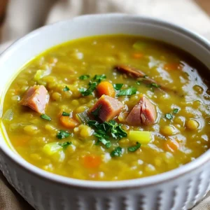 To make a rich and tasty split pea soup, gather these key ingredients: - 1 pound green split peas, thoroughly rinsed and drained - 1 meaty ham bone (or 2 cups of diced smoked ham) - 1 medium onion, finely chopped - 2 cloves fresh garlic, minced - 3 medium carrots, diced into small pieces - 2 celery stalks, diced - 6 cups low-sodium chicken broth or vegetable broth - 1 teaspoon dried thyme - 1 bay leaf - Salt and black pepper to taste - 1 tablespoon extra-virgin olive oil - Fresh parsley, finely chopped (for garnish) These ingredients work together to create a hearty meal. The ham bone adds a deep flavor to the soup. If you prefer diced ham, that works too! Using fresh herbs can brighten your soup. Fresh parsley on top adds color and taste. Dried thyme gives a strong flavor that blends well during cooking. Both have their place, but I prefer fresh herbs when I can. For a delightful finish, consider these garnishes: - Crusty bread or cornbread for dipping - A sprinkle of fresh chives or green onions - A dollop of sour cream for creaminess These options enhance your soup and make it even more enjoyable. {{ingredient_image_2}} Start by gathering your veggies. You need one medium onion, two cloves of garlic, three carrots, and two celery stalks. Chop the onion finely and dice the carrots and celery into small pieces. This helps them cook evenly. In a large pot, heat one tablespoon of extra-virgin olive oil over medium heat. Add the chopped onion, carrots, and celery. Cook these for about five to seven minutes. You want them soft and the onion to be clear. This mix gives a great base for your soup. Next, stir in the minced garlic. Cook it for one to two minutes. You want to smell the garlic but not burn it. Now it&rsquo;s time to add the main ingredients. Add one pound of rinsed split peas, one meaty ham bone, or two cups of diced smoked ham. Pour in six cups of low-sodium chicken or vegetable broth. Add one teaspoon of dried thyme and one bay leaf. Mix it all together. Bring the pot to a boil, then lower the heat. Cover and let it simmer for about one hour. Stir it now and then. The split peas should be soft and starting to break down. After an hour, it&rsquo;s time to check on the ham bone. Carefully remove it from the pot. Let it cool for a bit. Once it&rsquo;s cool enough to handle, shred the meat from the bone with a fork. Make sure to get all the tasty bits. Return the shredded ham to the pot. Now, remove the bay leaf. Season your soup with salt and black pepper to taste. If the soup is too thick, add more broth or water until it looks good. Let it simmer for another ten minutes. This helps all the flavors blend together nicely. Now your savory split pea soup is ready to serve! To make your split pea soup shine, think about spices. I like to use dried thyme and black pepper. These add warmth and depth. You can also try a pinch of smoked paprika for a nice twist. If you enjoy heat, add a bit of cayenne pepper. Always taste as you go. This way, you can adjust the spices to your liking. Many home cooks make a few common errors. First, don&rsquo;t skip rinsing your split peas. This removes dirt and helps with texture. Second, be careful not to burn the garlic. Add it after the veggies are soft. Lastly, make sure to taste your soup before serving. You might want to add more salt or pepper. These small steps lead to a better soup. The thickness of your soup can change how it feels. If you want a thick soup, let it simmer longer. The peas will break down more. If you prefer a thinner soup, simply add more broth or water. Stir well to mix it in. For the perfect texture, I suggest starting with 6 cups of broth. You can always add more if needed. Pro Tips Soak the Peas: For an even creamier texture, soak the split peas in water for a few hours or overnight before cooking. This helps them cook faster and more evenly. Enhance Flavor: Consider adding a splash of apple cider vinegar or a squeeze of lemon juice before serving to brighten the flavors of the soup. Use Fresh Herbs: Fresh herbs like thyme or rosemary can be added during the last few minutes of cooking for an aromatic finish that elevates the soup. Store Properly: This soup keeps well in the refrigerator for up to 5 days. It also freezes beautifully, so make a big batch and save some for later! {{image_4}} You can make a tasty vegetarian split pea soup. Swap the ham bone for a smoked paprika or liquid smoke. This gives the soup a warm, smoky taste without meat. Use vegetable broth instead of chicken broth. Add in some saut&eacute;ed mushrooms for extra flavor and texture. This version is just as hearty and satisfying. Feel free to add more veggies to your soup. Chopped potatoes or parsnips work great. You can also throw in greens like spinach or kale for added nutrition. Just add these extras when you cook the onions and carrots. They will blend well with the split peas and make the soup even more colorful. Looking for a kick? Add cayenne pepper or hot sauce to your split pea soup. Start with a small amount, like a pinch of cayenne. Taste, then adjust to your heat level. Hot sauce can also add depth and flavor. Just remember, you can always add more spice, but it&rsquo;s hard to take it out once it&rsquo;s in! To store leftover soup, let it cool first. Use a clean container with a tight lid. Pour the soup in, leaving some space at the top. This helps the soup expand if it freezes. Place the container in the fridge. It will last for about 3-5 days. If you want to keep it longer, freezing is a great option. When you are ready to eat, take the soup out of the fridge. Pour it into a pot. Heat it over medium heat. Stir often to avoid burning. If the soup is too thick, add a little broth or water. Heat until it&rsquo;s hot all the way through. You can also use a microwave. Just cover the bowl and heat in short bursts, stirring in between. To freeze your split pea soup, first cool it down. Pour the soup into freezer bags or containers. Leave some space for expansion. Label the bags with the date. The soup can last up to 3 months in the freezer. When you want to eat it, thaw it overnight in the fridge. Then, reheat as explained above. Split pea soup can last about 3 to 5 days in the fridge. Make sure to store it in an airtight container. This keeps it fresh and safe to eat. You can easily reheat it on the stove or in the microwave. Yes, you can use lentils instead of split peas. Lentils cook faster and have a different texture. You may need to adjust the cooking time. Keep an eye on the soup as it cooks. If you don't have a ham bone, try using diced smoked ham. You can also use a vegetarian option like mushrooms for flavor. These will not give the same depth but can still make a tasty soup. Yes, split pea soup is quite healthy. It is packed with protein and fiber. The ham adds flavor, but you can make it lighter by using less ham or omitting it. The veggies also add vitamins and minerals, making it a wholesome meal. In this blog post, we explored how to make split pea soup. We discussed essential ingredients and compared fresh and dried herbs. You learned how to prepare vegetables and cook the soup, plus tips for shredding ham. We covered tricks to enhance flavor and avoid mistakes, shared variations like vegetarian options, and offered storage tips. Split pea soup is simple and tasty. Now, you can enjoy it in many ways. Experiment, have fun, and make it yours!
