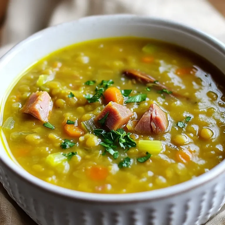 To make a rich and tasty split pea soup, gather these key ingredients: - 1 pound green split peas, thoroughly rinsed and drained - 1 meaty ham bone (or 2 cups of diced smoked ham) - 1 medium onion, finely chopped - 2 cloves fresh garlic, minced - 3 medium carrots, diced into small pieces - 2 celery stalks, diced - 6 cups low-sodium chicken broth or vegetable broth - 1 teaspoon dried thyme - 1 bay leaf - Salt and black pepper to taste - 1 tablespoon extra-virgin olive oil - Fresh parsley, finely chopped (for garnish) These ingredients work together to create a hearty meal. The ham bone adds a deep flavor to the soup. If you prefer diced ham, that works too! Using fresh herbs can brighten your soup. Fresh parsley on top adds color and taste. Dried thyme gives a strong flavor that blends well during cooking. Both have their place, but I prefer fresh herbs when I can. For a delightful finish, consider these garnishes: - Crusty bread or cornbread for dipping - A sprinkle of fresh chives or green onions - A dollop of sour cream for creaminess These options enhance your soup and make it even more enjoyable. {{ingredient_image_2}} Start by gathering your veggies. You need one medium onion, two cloves of garlic, three carrots, and two celery stalks. Chop the onion finely and dice the carrots and celery into small pieces. This helps them cook evenly. In a large pot, heat one tablespoon of extra-virgin olive oil over medium heat. Add the chopped onion, carrots, and celery. Cook these for about five to seven minutes. You want them soft and the onion to be clear. This mix gives a great base for your soup. Next, stir in the minced garlic. Cook it for one to two minutes. You want to smell the garlic but not burn it. Now it’s time to add the main ingredients. Add one pound of rinsed split peas, one meaty ham bone, or two cups of diced smoked ham. Pour in six cups of low-sodium chicken or vegetable broth. Add one teaspoon of dried thyme and one bay leaf. Mix it all together. Bring the pot to a boil, then lower the heat. Cover and let it simmer for about one hour. Stir it now and then. The split peas should be soft and starting to break down. After an hour, it’s time to check on the ham bone. Carefully remove it from the pot. Let it cool for a bit. Once it’s cool enough to handle, shred the meat from the bone with a fork. Make sure to get all the tasty bits. Return the shredded ham to the pot. Now, remove the bay leaf. Season your soup with salt and black pepper to taste. If the soup is too thick, add more broth or water until it looks good. Let it simmer for another ten minutes. This helps all the flavors blend together nicely. Now your savory split pea soup is ready to serve! To make your split pea soup shine, think about spices. I like to use dried thyme and black pepper. These add warmth and depth. You can also try a pinch of smoked paprika for a nice twist. If you enjoy heat, add a bit of cayenne pepper. Always taste as you go. This way, you can adjust the spices to your liking. Many home cooks make a few common errors. First, don’t skip rinsing your split peas. This removes dirt and helps with texture. Second, be careful not to burn the garlic. Add it after the veggies are soft. Lastly, make sure to taste your soup before serving. You might want to add more salt or pepper. These small steps lead to a better soup. The thickness of your soup can change how it feels. If you want a thick soup, let it simmer longer. The peas will break down more. If you prefer a thinner soup, simply add more broth or water. Stir well to mix it in. For the perfect texture, I suggest starting with 6 cups of broth. You can always add more if needed. Pro Tips Soak the Peas: For an even creamier texture, soak the split peas in water for a few hours or overnight before cooking. This helps them cook faster and more evenly. Enhance Flavor: Consider adding a splash of apple cider vinegar or a squeeze of lemon juice before serving to brighten the flavors of the soup. Use Fresh Herbs: Fresh herbs like thyme or rosemary can be added during the last few minutes of cooking for an aromatic finish that elevates the soup. Store Properly: This soup keeps well in the refrigerator for up to 5 days. It also freezes beautifully, so make a big batch and save some for later! {{image_4}} You can make a tasty vegetarian split pea soup. Swap the ham bone for a smoked paprika or liquid smoke. This gives the soup a warm, smoky taste without meat. Use vegetable broth instead of chicken broth. Add in some sautéed mushrooms for extra flavor and texture. This version is just as hearty and satisfying. Feel free to add more veggies to your soup. Chopped potatoes or parsnips work great. You can also throw in greens like spinach or kale for added nutrition. Just add these extras when you cook the onions and carrots. They will blend well with the split peas and make the soup even more colorful. Looking for a kick? Add cayenne pepper or hot sauce to your split pea soup. Start with a small amount, like a pinch of cayenne. Taste, then adjust to your heat level. Hot sauce can also add depth and flavor. Just remember, you can always add more spice, but it’s hard to take it out once it’s in! To store leftover soup, let it cool first. Use a clean container with a tight lid. Pour the soup in, leaving some space at the top. This helps the soup expand if it freezes. Place the container in the fridge. It will last for about 3-5 days. If you want to keep it longer, freezing is a great option. When you are ready to eat, take the soup out of the fridge. Pour it into a pot. Heat it over medium heat. Stir often to avoid burning. If the soup is too thick, add a little broth or water. Heat until it’s hot all the way through. You can also use a microwave. Just cover the bowl and heat in short bursts, stirring in between. To freeze your split pea soup, first cool it down. Pour the soup into freezer bags or containers. Leave some space for expansion. Label the bags with the date. The soup can last up to 3 months in the freezer. When you want to eat it, thaw it overnight in the fridge. Then, reheat as explained above. Split pea soup can last about 3 to 5 days in the fridge. Make sure to store it in an airtight container. This keeps it fresh and safe to eat. You can easily reheat it on the stove or in the microwave. Yes, you can use lentils instead of split peas. Lentils cook faster and have a different texture. You may need to adjust the cooking time. Keep an eye on the soup as it cooks. If you don't have a ham bone, try using diced smoked ham. You can also use a vegetarian option like mushrooms for flavor. These will not give the same depth but can still make a tasty soup. Yes, split pea soup is quite healthy. It is packed with protein and fiber. The ham adds flavor, but you can make it lighter by using less ham or omitting it. The veggies also add vitamins and minerals, making it a wholesome meal. In this blog post, we explored how to make split pea soup. We discussed essential ingredients and compared fresh and dried herbs. You learned how to prepare vegetables and cook the soup, plus tips for shredding ham. We covered tricks to enhance flavor and avoid mistakes, shared variations like vegetarian options, and offered storage tips. Split pea soup is simple and tasty. Now, you can enjoy it in many ways. Experiment, have fun, and make it yours!