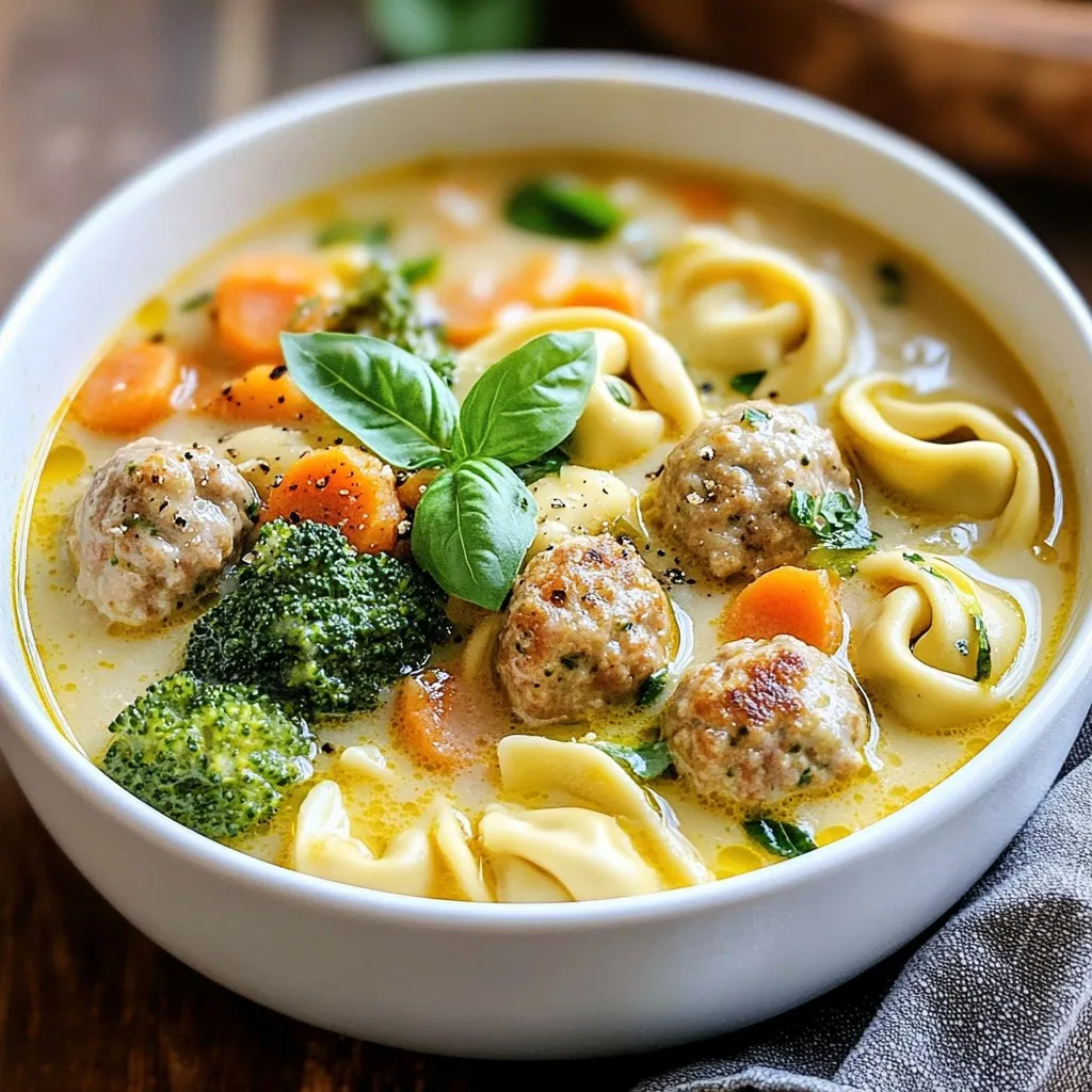 - 1 pound ground beef - 1/2 pound ground Italian sausage - 6 cups chicken broth - 2 cups cheese tortellini - 2 cups fresh broccoli florets - 1 cup carrots, peeled and diced - 1 cup frozen peas - 1/4 cup grated Parmesan cheese - 1 teaspoon Italian seasoning - 1 cup heavy cream Gather these ingredients to make your soup. The beef and sausage give a rich flavor. The chicken broth forms a warm base for the soup. Cheese tortellini adds a fun twist and makes it filling. Next, we add vegetables for freshness and color. Broccoli florets bring a nice crunch. Carrots add sweetness, and frozen peas provide bright green pops throughout. Finally, we have the flavor enhancers. Grated Parmesan cheese adds depth and creaminess. Italian seasoning gives that classic flavor we love in Italian dishes. Heavy cream finishes the soup with a silky texture. Using fresh ingredients makes a huge difference. Each bite should be a delight. Enjoy the process of gathering and preparing these components. It sets the stage for a delicious meal. {{ingredient_image_2}} - Combining the meat mixture: Start by taking a large mixing bowl. Add 1 pound of ground beef and 1/2 pound of ground Italian sausage. Next, mix in 1/2 cup of breadcrumbs and 1/4 cup of grated Parmesan cheese. Crack in 1 large egg and add 2 cloves of finely minced garlic. Sprinkle in 1 teaspoon of Italian seasoning, along with salt and pepper to taste. Use your hands to mix until everything is well combined. - Forming the meatballs: Once the mixture is ready, form it into small meatballs. Aim for about 1 inch in diameter. This size helps them cook evenly. Place the meatballs on a plate for the next steps. - Browning the meatballs in the pot: Heat a large pot over medium heat. Drizzle in a bit of olive oil to coat the bottom. Once the oil is hot, add the meatballs in batches. Brown them on all sides for about 5 to 7 minutes. This step adds great flavor. - Setting aside once browned: After the meatballs are browned, remove them from the pot and set them aside on another plate. This helps keep them juicy and tasty for the soup. - Adding broth and vegetables: In the same pot, pour in 6 cups of chicken broth. Scrape up any tasty bits left from the meatballs. Bring the broth to a gentle simmer. Next, add 2 cups of fresh broccoli florets, 1 cup of diced carrots, and 1 cup of frozen peas. - Cooking until vegetables soften: Cook the vegetables for about 5 to 7 minutes. You want them to soften but not become mushy. This mix adds color and nutrition to your soup. To make meatballs that are juicy and tender, focus on mixing. Combine the ground beef and Italian sausage gently. Overmixing makes them tough. Add breadcrumbs for texture and moisture. You can also use oats or crushed crackers as a binder if you’re out of breadcrumbs. Add heavy cream at the end to keep it silky. Stir it in just before serving. If your soup is too thick, add more chicken broth. You can also adjust the creaminess by using half-and-half instead of heavy cream for a lighter option. Balance the flavors by tasting as you cook. If the soup is too salty, add a pinch of sugar to counter it. Fresh herbs like basil or parsley brighten the dish. Add them just before serving for the best flavor boost. Pro Tips Use Fresh Ingredients: Fresh vegetables and herbs enhance the flavor of your soup significantly. Opt for fresh broccoli and basil for a vibrant taste. Customize Your Meatballs: Feel free to experiment with different types of ground meat or add extra spices to tailor the meatballs to your preference. Perfect Tortellini Cooking: Follow the package instructions carefully for tortellini to ensure they are cooked perfectly without becoming mushy. Adjusting Creaminess: For a lighter soup, you can substitute half and half for heavy cream, maintaining a rich flavor while reducing calories. {{image_4}} If you want to switch up the meat, you can use turkey or chicken instead of beef and sausage. Ground turkey is leaner and still full of flavor. Chicken offers a great taste too. You can also try vegetarian options. Meat substitutes like lentils or chickpeas work well. They add protein and texture without meat. While cheese tortellini is delicious, you can explore other pasta types. Try using small shells or ditalini for a different shape. If you need gluten-free options, look for gluten-free tortellini. Many brands offer great taste and texture. You can also use rice or quinoa for a grainy twist. Seasonal veggies can change your soup’s flavor. In spring, add asparagus or peas. In summer, zucchini or fresh tomatoes shine. In fall, consider butternut squash or sweet potatoes. You can also boost nutrition by adding more greens, like spinach or kale. These swaps keep your soup fresh and exciting every time you make it. To keep your soup fresh, place it in the fridge right away. Use airtight containers for best results. This helps maintain flavor and prevents spills. Make sure the soup cools before sealing. I recommend glass or BPA-free plastic containers. They are easy to clean and safe for reheating. If you want to save some for later, freeze it. First, let the soup cool completely. Then, pour it into freezer-friendly bags or containers. Remove as much air as possible to prevent freezer burn. When you're ready to eat, thaw it overnight in the fridge. Reheat it on the stove over low heat. Stir often to keep it smooth and creamy. In the fridge, your soup will last about three to four days. Always check for signs of spoilage before eating. If you see mold, or if it smells off, throw it away. If the soup looks fine but has been in the fridge for a while, it's better to be safe and not eat it. Yes, you can make this soup ahead of time. Here are some tips for meal prepping: - Cook the meatballs: Prepare and brown your meatballs. They can stay fresh in the fridge for up to three days. - Prep the broth: Make the broth and add the cooked meatballs. Store it separately from the vegetables and tortellini. - Add veggies and tortellini later: Keep the veggies and tortellini separate until you’re ready to eat. This keeps them fresh and firm. - Reheat gently: When ready to serve, heat the broth and add the tortellini and veggies. This keeps everything tasty and fresh. Pair this soup with these tasty side dishes: - Garlic bread: A warm, buttery slice complements the soup well. - Salad: A fresh green salad adds crunch and color. - Parmesan cheese: Sprinkle extra cheese on top for rich flavor. - Basil leaves: Fresh basil leaves give a nice aroma and taste. Yes, you can use dry tortellini. Here’s what to know: - Cooking time: Dry tortellini takes about 8-10 minutes to cook. Check the package for exact times. - Add to the broth: Add the dry tortellini to the broth with the veggies. Make sure to stir it well. - Adjust liquid: You may need to add a little more broth or water since dry tortellini absorbs more liquid. Enjoy your cooking! This blog post covered making a delicious Creamy Italian Meatball Tortellini Soup. We explored key ingredients like ground beef, sausage, and fresh veggies. I shared step-by-step instructions for prepping and cooking meatballs, plus tips to enhance flavor and creaminess. You can customize this soup with different proteins and veggies. In my final thoughts, this recipe is easy and tasty. It’s perfect for meals at home or for sharing. Happy cooking!