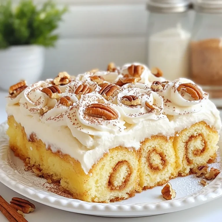 Here’s what you need to make this tasty Cinnamon Roll Poke Cake: - 1 box yellow cake mix (plus eggs, oil, and water as needed) - 1 cup cinnamon rolls (5-6 rolls, chopped into bite-sized pieces) - 1 cup sweetened condensed milk - 1 tablespoon ground cinnamon - 1/2 cup cream cheese frosting (store-bought or homemade) - 1/2 cup powdered sugar - 1 teaspoon vanilla extract - 1/4 cup milk (adjust for desired consistency) - Optional: 1/2 cup chopped pecans or walnuts for topping Each ingredient plays a key role in the cake's flavor and texture. The yellow cake mix gives a soft base. The cinnamon rolls add a burst of warm spice. Sweetened condensed milk brings sweetness and moisture. Ground cinnamon enhances the cake with a cozy flavor. The cream cheese frosting adds a creamy, tangy finish. Powdered sugar and vanilla extract sweeten the frosting. Milk helps adjust the frosting's smoothness. Chopped nuts can add a delightful crunch. Gathering these ingredients will set you up for a delicious baking experience. {{ingredient_image_2}} Set your oven temperature to 350°F (175°C). Next, prepare a 9x13 inch baking dish. Use non-stick spray or butter to grease it well. This step helps prevent the cake from sticking. In a large mixing bowl, mix the yellow cake ingredients. Follow the instructions on the box carefully. Don’t forget to add the eggs, oil, and water. Once mixed, pour the batter evenly into the greased baking dish. Take about 1 cup of chopped cinnamon rolls. Scatter them over the cake batter. Press them down gently. This helps the rolls blend into the cake while baking. Place the baking dish in the preheated oven. Bake for 25 to 30 minutes. The top should be golden brown. Use a toothpick to check for doneness. If it comes out clean, your cake is ready. After baking, take the cake out and let it cool for about 10 minutes. Use the handle of a wooden spoon or a skewer to poke holes in the cake. Space the holes about 1 to 2 inches apart. This allows the filling to seep in. In a mixing bowl, combine 1 cup of sweetened condensed milk and 1 tablespoon of ground cinnamon. Stir until well mixed. Slowly drizzle this mixture over the cake. Make sure to fill each hole, so the cake absorbs the sweet goodness. In another bowl, mix together 1/2 cup of cream cheese frosting, 1/2 cup of powdered sugar, 1 teaspoon of vanilla extract, and a bit of milk. Whisk until smooth and creamy. Spread this frosting evenly across the top of the cake. For extra flavor and texture, add about 1/2 cup of chopped pecans or walnuts on top of the frosting. This gives a nice crunch to every bite. Cover the cake and refrigerate it for at least 2 hours. This helps the flavors blend and makes it taste even better. Enjoy your delicious cinnamon roll poke cake! To get the perfect texture for your Cinnamon Roll Poke Cake, use room temperature ingredients. This helps the batter mix evenly. When you bake, keep an eye on the time. Check for doneness with a toothpick. If it comes out clean, the cake is ready. Make sure to grease your baking dish well. This will prevent the cake from sticking. I recommend using non-stick spray or butter. Spread the batter evenly in the dish. This will help the cake bake evenly. For smooth frosting, mix cream cheese frosting with powdered sugar and vanilla in a large bowl. If the frosting is too thick, add a little milk. Mix until creamy and smooth. You can also try different frostings. A vanilla or chocolate frosting will work great. If you want to go a bit wild, use maple frosting for a fun twist! When serving, cut the cake into nice, even slices. Use colorful plates to make it pop. For a special touch, drizzle warm caramel sauce over each slice. This not only makes it look fancy but adds an extra level of deliciousness. Consider adding chopped pecans or walnuts for crunch. Just sprinkle them on top of the frosting. This adds texture and looks great! Pro Tips Keep Your Cake Moist: To ensure your poke cake remains moist, avoid overbaking. Check for doneness a few minutes before the recommended time. Customize with Flavors: Feel free to experiment with different flavors of cake mix or frosting to create variations of this delightful dessert! Serving Temperature: For the best flavor experience, serve the cake chilled but allow it to sit at room temperature for about 15 minutes before serving. Storage Tips: Store any leftovers in an airtight container in the refrigerator for up to 5 days to maintain freshness. {{image_4}} You can change the cake mix to spice cake for a warm flavor. A chocolate cake mix adds a fun twist. Swap the cream cheese frosting for vanilla, chocolate, or even maple frosting. Each change offers a new taste that keeps the dessert exciting. If you need dairy-free options, try almond milk or coconut milk instead of regular milk. For a gluten-free cake, use a gluten-free cake mix. Nuts are not just for decoration. You can use chopped almonds or hazelnuts for added flavor. They add crunch and make the cake even better. This cake pairs well with ice cream or whipped cream. Both add creaminess that balances the cake's sweetness. For a warm touch, serve it with a drizzle of caramel sauce. Guests will love the extra layers of flavor! To keep your cinnamon roll poke cake fresh, store it in the fridge. First, cover the cake tightly with plastic wrap or aluminum foil. You can also use an airtight container. This keeps the cake moist and prevents it from absorbing other smells in the fridge. It’s best to store it after it has cooled down completely. If you have leftover cake, you can freeze it. Start by cutting the cake into individual slices. Wrap each slice in plastic wrap. Then, place the wrapped slices in a freezer-safe bag or container. Squeeze out as much air as possible. For thawing, take a slice out and place it in the fridge overnight. If you're in a hurry, you can let it sit at room temperature for a few hours. In the fridge, your cinnamon roll poke cake lasts about 5 to 7 days. If left at room temperature, it’s best to eat it within 2 days. The flavors will still be good, but the cake may dry out a bit. Always check for any signs of spoilage before enjoying your sweet treat! A poke cake is a dessert where holes are poked into the cake after baking. You pour a liquid filling into the holes. This allows the filling to soak into the cake, adding flavor and moisture. It’s an easy way to make a cake extra special and fun! Yes, you can make this cake ahead of time. Bake and cool the cake, then add the filling and frosting. Cover it well and store it in the fridge. Try to make it at least a few hours before serving. This gives the flavors time to mix together, making each bite even better. To keep the cake moist, add extra liquid. You can use milk or even some melted butter. Another trick is to not overbake the cake. Check it a few minutes early. When it comes out of the oven, poke holes right away. This helps it soak up the sweet filling. Yes, you can use homemade cinnamon rolls! Just chop them up into small pieces. Scatter these pieces over the cake batter before baking. This adds a lovely, fresh flavor. Homemade rolls can make the cake even more special. To reheat leftovers, place a slice in the microwave. Heat it for about 20-30 seconds. This will warm it up without drying it out. You can also cover it with a damp paper towel while heating. This keeps the cake moist and tasty. You learned how to make a delicious cinnamon roll poke cake. The recipe includes a yellow cake mix, cinnamon rolls, and creamy frosting, making it a perfect treat. I shared tips on baking, frosting, and storage to help you succeed. Enjoy experimenting with flavors and variations to make it your own. This cake is a great way to impress friends and family, too. You now have all the tools to create something special!