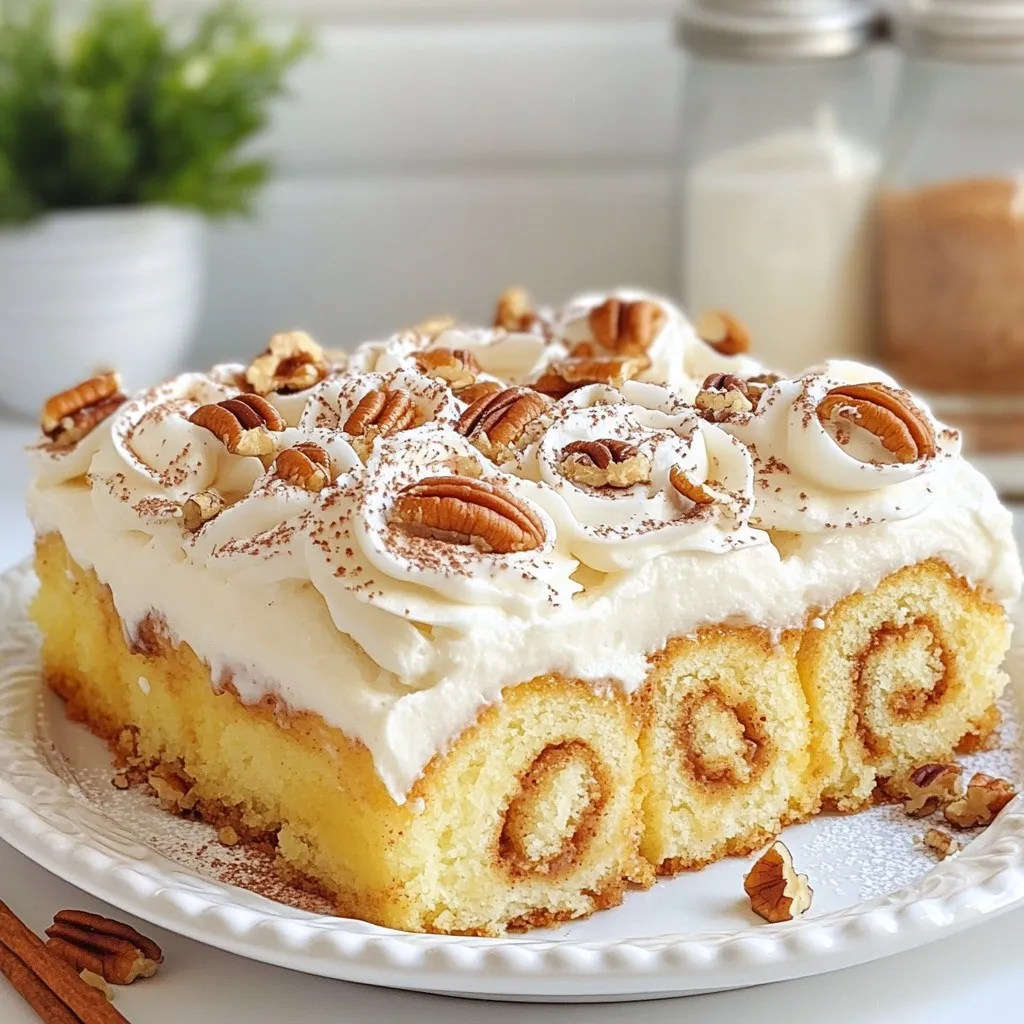 Here’s what you need to make this tasty Cinnamon Roll Poke Cake: - 1 box yellow cake mix (plus eggs, oil, and water as needed) - 1 cup cinnamon rolls (5-6 rolls, chopped into bite-sized pieces) - 1 cup sweetened condensed milk - 1 tablespoon ground cinnamon - 1/2 cup cream cheese frosting (store-bought or homemade) - 1/2 cup powdered sugar - 1 teaspoon vanilla extract - 1/4 cup milk (adjust for desired consistency) - Optional: 1/2 cup chopped pecans or walnuts for topping Each ingredient plays a key role in the cake's flavor and texture. The yellow cake mix gives a soft base. The cinnamon rolls add a burst of warm spice. Sweetened condensed milk brings sweetness and moisture. Ground cinnamon enhances the cake with a cozy flavor. The cream cheese frosting adds a creamy, tangy finish. Powdered sugar and vanilla extract sweeten the frosting. Milk helps adjust the frosting's smoothness. Chopped nuts can add a delightful crunch. Gathering these ingredients will set you up for a delicious baking experience. {{ingredient_image_2}} Set your oven temperature to 350°F (175°C). Next, prepare a 9x13 inch baking dish. Use non-stick spray or butter to grease it well. This step helps prevent the cake from sticking. In a large mixing bowl, mix the yellow cake ingredients. Follow the instructions on the box carefully. Don’t forget to add the eggs, oil, and water. Once mixed, pour the batter evenly into the greased baking dish. Take about 1 cup of chopped cinnamon rolls. Scatter them over the cake batter. Press them down gently. This helps the rolls blend into the cake while baking. Place the baking dish in the preheated oven. Bake for 25 to 30 minutes. The top should be golden brown. Use a toothpick to check for doneness. If it comes out clean, your cake is ready. After baking, take the cake out and let it cool for about 10 minutes. Use the handle of a wooden spoon or a skewer to poke holes in the cake. Space the holes about 1 to 2 inches apart. This allows the filling to seep in. In a mixing bowl, combine 1 cup of sweetened condensed milk and 1 tablespoon of ground cinnamon. Stir until well mixed. Slowly drizzle this mixture over the cake. Make sure to fill each hole, so the cake absorbs the sweet goodness. In another bowl, mix together 1/2 cup of cream cheese frosting, 1/2 cup of powdered sugar, 1 teaspoon of vanilla extract, and a bit of milk. Whisk until smooth and creamy. Spread this frosting evenly across the top of the cake. For extra flavor and texture, add about 1/2 cup of chopped pecans or walnuts on top of the frosting. This gives a nice crunch to every bite. Cover the cake and refrigerate it for at least 2 hours. This helps the flavors blend and makes it taste even better. Enjoy your delicious cinnamon roll poke cake! To get the perfect texture for your Cinnamon Roll Poke Cake, use room temperature ingredients. This helps the batter mix evenly. When you bake, keep an eye on the time. Check for doneness with a toothpick. If it comes out clean, the cake is ready. Make sure to grease your baking dish well. This will prevent the cake from sticking. I recommend using non-stick spray or butter. Spread the batter evenly in the dish. This will help the cake bake evenly. For smooth frosting, mix cream cheese frosting with powdered sugar and vanilla in a large bowl. If the frosting is too thick, add a little milk. Mix until creamy and smooth. You can also try different frostings. A vanilla or chocolate frosting will work great. If you want to go a bit wild, use maple frosting for a fun twist! When serving, cut the cake into nice, even slices. Use colorful plates to make it pop. For a special touch, drizzle warm caramel sauce over each slice. This not only makes it look fancy but adds an extra level of deliciousness. Consider adding chopped pecans or walnuts for crunch. Just sprinkle them on top of the frosting. This adds texture and looks great! Pro Tips Keep Your Cake Moist: To ensure your poke cake remains moist, avoid overbaking. Check for doneness a few minutes before the recommended time. Customize with Flavors: Feel free to experiment with different flavors of cake mix or frosting to create variations of this delightful dessert! Serving Temperature: For the best flavor experience, serve the cake chilled but allow it to sit at room temperature for about 15 minutes before serving. Storage Tips: Store any leftovers in an airtight container in the refrigerator for up to 5 days to maintain freshness. {{image_4}} You can change the cake mix to spice cake for a warm flavor. A chocolate cake mix adds a fun twist. Swap the cream cheese frosting for vanilla, chocolate, or even maple frosting. Each change offers a new taste that keeps the dessert exciting. If you need dairy-free options, try almond milk or coconut milk instead of regular milk. For a gluten-free cake, use a gluten-free cake mix. Nuts are not just for decoration. You can use chopped almonds or hazelnuts for added flavor. They add crunch and make the cake even better. This cake pairs well with ice cream or whipped cream. Both add creaminess that balances the cake's sweetness. For a warm touch, serve it with a drizzle of caramel sauce. Guests will love the extra layers of flavor! To keep your cinnamon roll poke cake fresh, store it in the fridge. First, cover the cake tightly with plastic wrap or aluminum foil. You can also use an airtight container. This keeps the cake moist and prevents it from absorbing other smells in the fridge. It’s best to store it after it has cooled down completely. If you have leftover cake, you can freeze it. Start by cutting the cake into individual slices. Wrap each slice in plastic wrap. Then, place the wrapped slices in a freezer-safe bag or container. Squeeze out as much air as possible. For thawing, take a slice out and place it in the fridge overnight. If you're in a hurry, you can let it sit at room temperature for a few hours. In the fridge, your cinnamon roll poke cake lasts about 5 to 7 days. If left at room temperature, it’s best to eat it within 2 days. The flavors will still be good, but the cake may dry out a bit. Always check for any signs of spoilage before enjoying your sweet treat! A poke cake is a dessert where holes are poked into the cake after baking. You pour a liquid filling into the holes. This allows the filling to soak into the cake, adding flavor and moisture. It’s an easy way to make a cake extra special and fun! Yes, you can make this cake ahead of time. Bake and cool the cake, then add the filling and frosting. Cover it well and store it in the fridge. Try to make it at least a few hours before serving. This gives the flavors time to mix together, making each bite even better. To keep the cake moist, add extra liquid. You can use milk or even some melted butter. Another trick is to not overbake the cake. Check it a few minutes early. When it comes out of the oven, poke holes right away. This helps it soak up the sweet filling. Yes, you can use homemade cinnamon rolls! Just chop them up into small pieces. Scatter these pieces over the cake batter before baking. This adds a lovely, fresh flavor. Homemade rolls can make the cake even more special. To reheat leftovers, place a slice in the microwave. Heat it for about 20-30 seconds. This will warm it up without drying it out. You can also cover it with a damp paper towel while heating. This keeps the cake moist and tasty. You learned how to make a delicious cinnamon roll poke cake. The recipe includes a yellow cake mix, cinnamon rolls, and creamy frosting, making it a perfect treat. I shared tips on baking, frosting, and storage to help you succeed. Enjoy experimenting with flavors and variations to make it your own. This cake is a great way to impress friends and family, too. You now have all the tools to create something special!