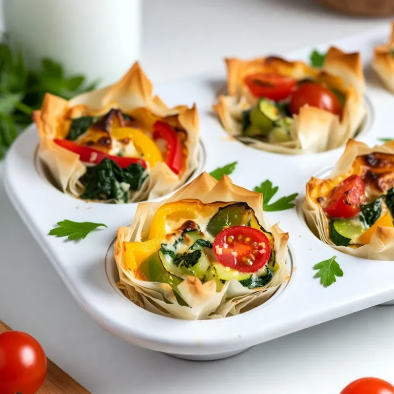 To make Garden Veggie Quiche Cups, gather these fresh ingredients: - 1 cup diced bell peppers (mix red, yellow, and green) - 1 cup fresh spinach, finely chopped - 1 small zucchini, grated - 1/2 cup cherry tomatoes, halved - 1 small red onion, diced - 4 large eggs, room temperature - 1/2 cup milk (dairy-free options are great too) - 1 cup shredded cheese (cheddar or mozzarella works well) - 1 teaspoon dried oregano - Salt and freshly cracked pepper to taste - 1 package phyllo dough or 12 pre-made pastry shells - Olive oil for greasing You can swap ingredients based on what you like or have at home. Try these ideas: - Use kale instead of spinach for a bolder flavor. - Replace zucchini with shredded carrots for sweetness. - Choose feta cheese instead of cheddar for a tangy twist. - If you’re avoiding dairy, almond or oat milk works perfectly. - Instead of phyllo, use puff pastry or gluten-free shells if needed. Fresh ingredients make a big difference. Here are some tips: - Buy vegetables that are firm and colorful. - Look for eggs that are free-range for the best flavor. - Store veggies in a cool, dry place until you’re ready to cook. - Use fresh herbs right before serving to boost flavor. - Make these quiche cups the day you plan to serve for the best taste. {{ingredient_image_2}} To start, gather your ingredients. You need fresh veggies, eggs, milk, and cheese. Use a mix of colors to make your quiche cups pop. Dice the bell peppers, chop the spinach, and grate the zucchini. Halve the cherry tomatoes and dice the red onion. Preheat your oven to 375°F (190°C). Grease a muffin tin with a bit of olive oil. If using phyllo dough, stack 2-3 sheets. Brush each layer lightly with olive oil. Cut into squares large enough to fit in the muffin tin. Press these squares into the cups. If you use pre-made pastry shells, just place them in the tin. In a large bowl, crack the eggs and pour in the milk. Whisk them until smooth. Add in the diced bell peppers, chopped spinach, grated zucchini, halved cherry tomatoes, diced red onion, shredded cheese, dried oregano, salt, and pepper. Stir until the veggies are well mixed with the egg blend. Carefully pour this mixture into each pastry cup. Fill them about 3/4 full. Bake in your preheated oven for 18-20 minutes. Look for firm eggs and a golden top. Once done, let them cool for a few minutes. Use a knife to loosen the edges, then lift the cups out gently. Enjoy your tasty Garden Veggie Quiche Cups! For the best results, keep an eye on the cooking time. Bake the quiche cups for 18-20 minutes. The eggs should be set, and the tops should rise. If you see a slight jiggle, that’s fine. Just remember to check around the 18-minute mark. Every oven is a bit different, so use your judgment for perfect results. These quiche cups shine at brunch. Pair them with a fresh salad or fruit. A light vinaigrette can add zest to your plate. If you want to add protein, serve with crispy bacon or sausage. They also pair well with a glass of chilled lemonade or iced tea. Feel free to mix and match until you find your favorite! To get that lovely golden color on top, brush the pastry with olive oil before baking. This helps it brown nicely. If you want extra color, place the cups under the broiler for a minute. Keep a close watch, as they can brown quickly. A golden top makes these cups look as good as they taste! Pro Tips Fresh Ingredients: Use fresh vegetables for the best flavor and nutrition. Local farmers' markets often have the freshest produce available. Cheese Variations: Experiment with different types of cheese like feta or goat cheese for a unique twist on flavor. Make Ahead: These quiche cups can be prepared in advance and stored in the refrigerator. Reheat them in the oven for a quick breakfast or snack. Perfect Portioning: Use a measuring cup to pour the egg mixture into the cups for consistent sizing and even baking. {{image_4}} You can change the cheese to fit your taste. Try feta for a tangy flavor. Goat cheese adds creaminess and a bit of zest. For a sharper kick, use Gruyère or Swiss cheese. Mixing different cheeses can create a fun flavor blend. Just remember, cheese makes everything better! Want more protein? Add cooked bacon or ham for a savory touch. You can also use diced turkey or chicken. If you prefer plant-based options, try chickpeas or black beans. They add heartiness and nutrition. Just make sure to chop your protein into small bits for even mixing. Feel free to swap out veggies based on the season. In spring, use asparagus or peas for a fresh taste. Summer brings zucchini and corn, which are great choices. In fall, think of adding squash or sweet potatoes. Winter is perfect for kale or hearty root veggies. This keeps your quiche cups interesting and fresh! After enjoying these quiche cups, store leftovers in an airtight container. Place them in the fridge to keep them fresh. They stay tasty for up to three days. If you want to keep them longer, consider freezing. To reheat, simply place the quiche cups in the oven at 350°F (175°C). Heat for about 10-15 minutes. This way, they regain their warm, fluffy texture. You can also use a microwave. Heat in 30-second intervals until warm, but they may not be as crispy. For meal prep, freeze the quiche cups after they cool. Wrap each cup in plastic wrap, then place them in a freezer bag. They can last up to two months in the freezer. When ready to eat, thaw overnight in the fridge and reheat as mentioned. Yes, you can use many vegetables in these quiche cups. Think about using broccoli, kale, or mushrooms. Just make sure to chop them small so they cook well. Mix and match your favorites. This recipe is very flexible, which makes it fun to create your own version. You can even add herbs like chives or dill for extra flavor. To make the quiche cups gluten-free, swap out the phyllo dough or pastry shells for gluten-free options. You can use gluten-free puff pastry or a gluten-free pie crust. Check the labels to ensure they meet your needs. You can also make a crustless version by simply greasing the muffin tin and pouring in the filling. This way, you skip the crust altogether. These quiche cups pair well with many sides. A fresh salad is a great choice. You can also serve fruit, like berries or melon, for a sweet touch. For drinks, consider a light tea or fresh juice. If you want something heartier, serve them with crusty bread. These sides will enhance the meal and make it more enjoyable. In this blog post, we explored how to make delicious quiche cups. We covered the key ingredients, tips for freshness, and handy substitutes. You learned the step-by-step instructions for prep, baking, and mixing. Tips for cooking times, serving ideas, and storage were also shared. Finally, we discussed fun variations to suit your taste. Enjoy making and sharing these tasty quiche cups. They are easy and fun! You can switch up the flavors and always impress your guests.