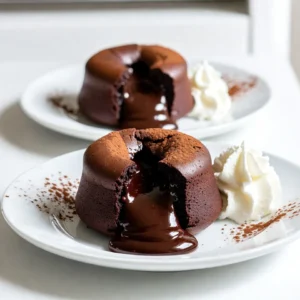 - 1 cup dark chocolate (70% cocoa), finely chopped - &frac12; cup unsalted butter, cubed - &frac34; cup powdered sugar, sifted - &frac14; cup cocoa powder, plus extra for dusting - 3 large eggs, at room temperature - 1 teaspoon pure vanilla extract - &frac14; teaspoon fine sea salt - Whipped cream or vanilla ice cream - Fresh berries or mint leaves for garnish When making flourless chocolate lava cakes, the right ingredients matter a lot. You want a rich taste and a perfect texture. Start with high-quality dark chocolate. I use chocolate with 70% cocoa for that deep flavor. The unsalted butter adds a creamy touch, while sifted powdered sugar sweetens it just right. Cocoa powder gives our cakes a strong chocolate taste. It also helps with the texture. The eggs are key for binding everything together. Room temperature eggs mix better with the batter. Pure vanilla extract boosts the flavor, making it more enjoyable. A pinch of fine sea salt balances the sweetness. For serving, I love to add whipped cream or a scoop of vanilla ice cream. They make a great match with the warm cakes. Fresh berries or mint leaves add a pop of color and freshness. These optional touches make your dessert feel special. {{ingredient_image_2}} Start by preheating your oven to 425&deg;F (220&deg;C). Next, take four 6-ounce ramekins. Grease each ramekin with unsalted butter. Make sure to cover the sides and bottom well. This helps the cakes come out easily. Then, dust the insides of the ramekins with cocoa powder. This step prevents sticking and adds extra chocolate flavor. Grab a microwave-safe bowl. Place the finely chopped dark chocolate and cubed unsalted butter in it. Heat the bowl in the microwave on medium power. Do this in 30-second intervals. Stir the mixture after each interval. You want it melted and smooth, but be careful not to overheat it. A smooth consistency is key for your lava cakes. Once your chocolate and butter mix is ready, add the sifted powdered sugar. Stir until it blends in and no lumps remain. Next, sift in the cocoa powder. Mix it well until fully incorporated. Now, it&rsquo;s time for the eggs. Add them one at a time, stirring well after each. Follow this with the pure vanilla extract and fine sea salt. You want a silky smooth batter, so take your time mixing. Carefully divide your batter into the prepared ramekins. Fill each one about &frac34; full. Place the ramekins on a baking sheet for easy handling. Bake in your preheated oven for 12-14 minutes. The sides should be set, while the center remains soft and slightly jiggly. Avoid overbaking to keep that perfect lava effect. After baking, take the ramekins out and let them cool for 1 minute. Use a small knife to run around the edges of each cake. This helps to loosen them. Now, gently invert each ramekin onto a plate. You may need to tap it lightly to release the cake. Serve the lava cakes right away. Watch the rich, gooey center flow as you cut into them. For an extra treat, add a dollop of whipped cream or a scoop of creamy vanilla ice cream. To get that warm, gooey center, timing is key. Bake your cakes for 12 to 14 minutes. The edges should be firm, while the middle stays soft. A little jiggle in the center shows it's still runny. If you bake too long, you lose that lava effect. If you want a dairy-free treat, swap out the butter for coconut oil. It works well and adds a hint of flavor. For gluten-free options, make sure your cocoa powder is certified gluten-free. This keeps your dessert safe for those with gluten sensitivities. Want to make your lava cakes even richer? Add a teaspoon of espresso powder to the batter. It deepens the chocolate taste without making it taste like coffee. You can also try vanilla bean paste or a dash of cinnamon for a unique twist. These small changes can elevate your dessert to new heights. Pro Tips Use High-Quality Chocolate: The flavor of your lava cake heavily depends on the chocolate you choose. Opt for a good quality dark chocolate (70% cocoa or higher) for the richest taste. Room Temperature Eggs: Ensure your eggs are at room temperature before mixing. This helps them incorporate better into the batter, resulting in a smoother texture. Mind the Baking Time: Keep a close eye on your cakes as they bake. For that perfect gooey center, pull them out while the edges are set but the center is still soft and jiggly. Rest Before Serving: Allow the cakes to cool for just one minute before inverting. This helps them hold their shape while still being warm enough for the lava effect to flow beautifully. {{image_4}} You can add fun flavors to your lava cakes. Try adding a few drops of orange or mint essence. These flavors make the cake taste fresh and exciting. You can also use different types of chocolate. White or milk chocolate gives a sweeter taste. Mix and match to find your favorite flavor! If you want a vegan treat, swap eggs and butter. Use flax eggs or applesauce instead of eggs. For butter, try coconut oil or vegan margarine. You can also choose healthier sweeteners. Instead of powdered sugar, use coconut sugar or maple syrup for a natural touch. These swaps keep the taste rich while making it a bit healthier. Transform your lava cake into a sundae! Add a scoop of ice cream on top. You can drizzle chocolate sauce or caramel over the cake. Fresh berries also make a great topping. They add color and a bit of tartness. Experiment with different sauces to find what you love! To keep leftover lava cakes fresh, follow these easy steps: - Refrigeration: Place your cooled lava cakes in an airtight container. Store them in the fridge for up to three days. This keeps them moist. - Freezing: For longer storage, wrap each cake tightly in plastic wrap. Then, place them in a freezer-safe bag. They can last up to three months in the freezer. When you want to enjoy your lava cakes again, reheating is key. Here&rsquo;s how: - Optimal Texture: Preheat your oven to 350&deg;F (175&deg;C). Place the ramekins on a baking sheet. Heat for about 10-12 minutes. This helps the center stay gooey. - Avoiding Overcooking: Keep an eye on them while they heat. You want the edges warm, but the center should still be soft. Check them a few minutes early to ensure perfect results. Enjoying these cakes again is easy with the right storage and reheating methods! The lava center forms during baking. You want a soft center and set sides. When you bake the cakes, the heat cooks the edges while the center stays gooey. This happens because of the batter's moisture and the chocolate&rsquo;s melting point. If you overbake, the center cooks through, and you lose that lava effect. Timing is key! Bake for 12-14 minutes for the best results. Keep an eye on the cakes as they bake. Yes, you can prepare the batter ahead of time. Mix the batter and store it in the fridge. Just remember to fill the ramekins only when ready to bake. This keeps the texture perfect. You can prepare the ramekins by greasing and dusting them with cocoa powder. Bake them straight from the fridge, but add a minute or two to the bake time. Serve the cakes warm right after baking. The gooey center flows out when you cut into them. I love adding a scoop of creamy vanilla ice cream or a dollop of whipped cream. For a nice touch, sprinkle cocoa powder or powdered sugar on the plate. You can add fresh berries or a mint leaf for extra flair. This makes each plate look fancy and inviting! We covered the key ingredients, steps, and tips for making flourless chocolate lava cakes. I shared how to melt chocolate, prepare the batter, and bake them to perfection. Remember, timing and ingredient choices matter for the best lava center. You can explore variations and substitutions to fit your taste. Follow these methods to impress your family or guests. Enjoy every gooey bite of your creation!